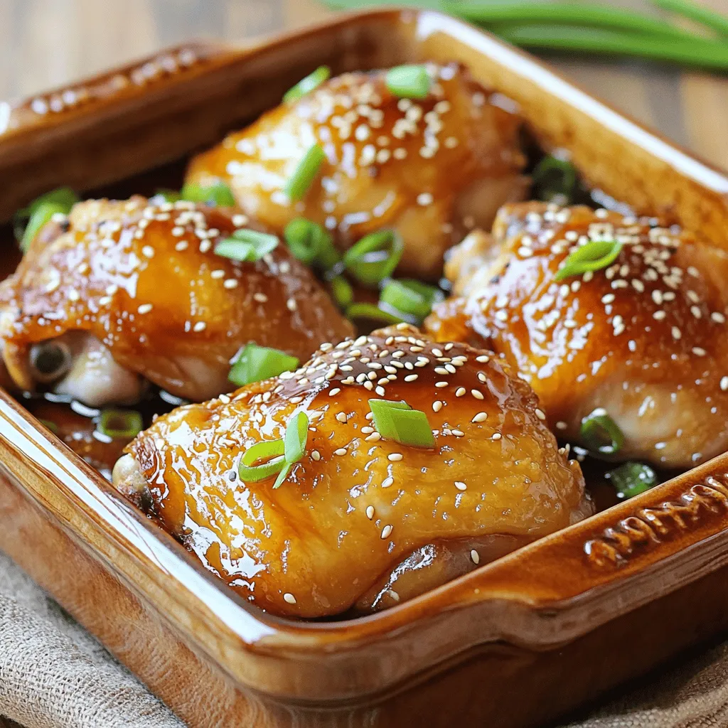 To make the best baked teriyaki chicken, you need some key items. Here’s what you’ll gather: - 4 boneless, skinless chicken thighs - 1/4 cup soy sauce (low sodium if preferred) - 1/4 cup honey or maple syrup - 2 tablespoons rice vinegar - 2 tablespoons sesame oil - 2 cloves garlic, minced - 1 teaspoon fresh ginger, grated - 1 tablespoon cornstarch - 2 tablespoons water Garnishes can make your dish look great and add flavor. Here are some fun options: - Sesame seeds - Sliced green onions Each ingredient plays an important part in the recipe. Here’s how they work together: - Chicken thighs: They stay juicy and tender when baked. - Soy sauce: It adds salty depth and umami taste. - Honey or maple syrup: This gives a sweet touch to balance the salt. - Rice vinegar: It adds brightness and cuts through the richness. - Sesame oil: This provides a nutty flavor that enhances the dish. - Garlic and ginger: These fresh ingredients add warmth and spice. - Cornstarch: It helps thicken the sauce, making it nice and sticky. - Water: This is used to mix with cornstarch for the sauce. This recipe is simple yet packed with flavor. For the full recipe, check the details above. Start by gathering all your ingredients. This makes cooking easier. You need boneless, skinless chicken thighs. They stay juicy and tender. Next, measure out your soy sauce, honey, rice vinegar, sesame oil, garlic, and ginger. Have cornstarch and water ready for the sauce later. Preheat your oven to 400°F (200°C). This ensures even cooking. In a medium bowl, whisk together the soy sauce, honey, rice vinegar, sesame oil, garlic, and ginger until smooth. This mix is your teriyaki marinade. Place the chicken thighs in a baking dish. Pour the marinade over the chicken. Make sure all pieces get coated well. Cover the dish with plastic wrap. Let it sit in the fridge for at least 30 minutes. If you have time, marinate for up to 2 hours. This step adds a lot of flavor. After marinating, take the chicken out of the fridge. Arrange the thighs in a single layer in the baking dish. Reserve the marinade for later. Bake the chicken in the preheated oven for 25-30 minutes. Use a meat thermometer to check if it’s done. The chicken should reach 165°F (75°C). While the chicken bakes, pour the reserved marinade into a small saucepan. In a separate bowl, mix the cornstarch and water until smooth. Stir this into the marinade. Heat the mixture over medium heat. Bring it to a boil, stirring all the time. This should take about 2-3 minutes. Once thickened, remove it from heat. After baking, drizzle the thickened sauce over the chicken. Garnish with sesame seeds and sliced green onions. Enjoy your delicious meal! Check out the Full Recipe for all the details. To get the best flavor, use fresh ingredients. Fresh garlic and ginger make a big difference. They add a bright taste to your teriyaki chicken. I also recommend marinating the chicken for at least 30 minutes. If you have time, let it sit longer, even up to 2 hours. This lets the flavors soak in. Always taste your marinade before using it. Adjust the sweetness with more honey or syrup, if needed. You can also add a splash of lime juice for extra zing. Cooking time can change based on your oven. Every oven works a bit differently. A good rule is to check the chicken after 25 minutes. If it reaches 165°F in the thickest part, it's done. If you use chicken breasts instead of thighs, they may need less time. Always use a meat thermometer for accuracy. It helps ensure your chicken is safe to eat and not overcooked. To keep your chicken juicy, don’t overcook it. Use a meat thermometer to check for doneness. Another tip is to baste the chicken with the marinade while it cooks. This adds moisture and flavor. Lastly, let the chicken rest for a few minutes after baking. This keeps the juices inside. When you slice it, the chicken will be tender and juicy. Follow these steps, and your dish will shine with flavor. For the complete Baked Teriyaki Chicken recipe, check out the [Full Recipe]. {{image_2}} You can swap chicken for tofu or pork. Tofu is a great choice for a meatless meal. Use firm tofu and press it to remove extra water. Marinade it just like chicken. For pork, use pork tenderloin or chops. The cooking time may change, so check the internal temp. You can change the flavor of your teriyaki sauce easily. Try adding orange juice or pineapple juice for a fruity twist. You can also add spicy elements like sriracha or chili flakes. This adds heat and depth to your dish. Experimenting with different ingredients keeps your meal fresh. Baked teriyaki chicken pairs well with many sides. Serve it with steamed rice or quinoa for a hearty meal. You can also add veggies, like broccoli or snap peas, for color and nutrition. A fresh salad with a light dressing complements the dish as well. Don't forget to drizzle extra teriyaki sauce over your sides for added flavor. Store your leftover baked teriyaki chicken in an airtight container. This keeps the chicken fresh. Make sure to cool the chicken first before sealing it. Leftovers can last about 3 to 4 days in the fridge. If you want to keep it longer, consider freezing it. To reheat, place the chicken in a baking dish. Preheat your oven to 350°F (175°C). Cover the dish with foil to avoid drying out the chicken. Heat for about 20 minutes or until warm. You can also use a microwave. Heat for 1 to 2 minutes, checking often. If you freeze the chicken, wrap it well to avoid freezer burn. Use freezer-safe bags or containers. It can last up to 3 months in the freezer. To thaw, move it to the fridge overnight. If you’re in a hurry, you can use the microwave. Just be careful not to cook it while thawing. For best results, reheat it after thawing. Enjoy your meal! For the full recipe, refer to the beginning of this article. I recommend marinating the chicken for at least 30 minutes. This allows the flavors to soak in well. For a richer taste, you can marinate it for up to 2 hours. Just keep it in the fridge while it soaks. Yes, you can easily make teriyaki sauce at home. Combine soy sauce, honey or maple syrup, rice vinegar, sesame oil, garlic, and ginger. Whisk them together until smooth. You can adjust the sweetness by adding more honey or syrup if needed. Absolutely! You can use chicken breasts if you prefer. Just remember that breasts cook faster than thighs. Check the internal temperature to ensure they reach 165°F. This way, you’ll have juicy chicken every time. For the [Full Recipe], follow the steps to make it delicious. This article covered all you need for baked teriyaki chicken. We explored main ingredients and how they work together. I shared steps for marinating, baking, and making the sauce thick. You learned useful tips for good flavor and moist chicken. I also included variations with different proteins and sides. Lastly, I provided storage advice to help keep leftovers fresh. With this guide, you can make a delicious meal anytime. Enjoy your cooking!