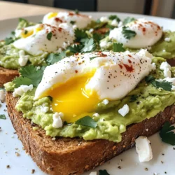 - Whole grain bread - Ripe avocado - Eggs To make this dish, you need three key items. First, use whole grain bread for a healthy base. This bread adds fiber and flavor. Next, grab a ripe avocado. A soft avocado gives the best creamy texture. Lastly, eggs are a must. They provide protein and a rich taste. - Olive oil - Feta cheese - Fresh herbs You can enhance your toast with extras. Drizzle olive oil on top for a smooth finish. Crumbled feta cheese adds a salty kick. Fresh herbs like cilantro or parsley bring brightness and color. - Salt and pepper - Red pepper flakes - Fresh lemon juice Seasoning makes your dish pop. Sprinkle salt and pepper for basic flavor. Add red pepper flakes for some heat. A squeeze of fresh lemon juice brightens the avocado and keeps it green. Don't forget to enjoy the full recipe for the best results! To start, toast the bread. Use whole grain bread for a hearty base. I like to toast it until it is golden brown and crispy. This texture holds up well against the creamy avocado. Next, choose a ripe avocado. Cut it in half and scoop out the flesh into a bowl. Mash it lightly with a fork. I like to leave some chunks for texture. Add fresh lemon juice to keep it bright. Season with salt and pepper to taste. This adds flavor and balance to the dish. Now, let’s poach the eggs. Fill a pot with 2-3 inches of water and bring it to a gentle simmer. If you want, add a splash of vinegar to help keep the egg whites together. Crack one egg into a small bowl. Gently slide it into the water. Do the same with the second egg. Cook for about 3-4 minutes for a runny yolk. If you like a firmer yolk, cook a bit longer. Use a slotted spoon to remove the eggs and let them drain on a paper towel. It’s time to assemble! Spread a generous layer of mashed avocado on each slice of toasted bread. Place a poached egg on top of the avocado. For the final touches, drizzle olive oil over everything. Sprinkle with salt, pepper, and a dash of red pepper flakes for some heat. If you like, add crumbled feta cheese and fresh herbs to make it look nice. For the full recipe, visit the detailed instructions provided. Enjoy your delicious creation right away! Choosing the best avocados Pick avocados that yield slightly when you press them. Look for dark green or black skin. These avocados are ripe and creamy. Avoid ones that feel too soft or have dark spots. Preventing browning To stop your avocado from browning, use fresh lemon juice. The acid slows down oxidation. You can also cover your avocado with plastic wrap. Press it down to eliminate air pockets. Tips for perfect poached eggs Use fresh eggs for the best results. They hold their shape better. Add a splash of vinegar to the water. This helps keep the egg whites together. Cook your eggs for three to four minutes for a runny yolk. Alternative cooking methods You can also poach eggs in the microwave. Fill a bowl with water and crack an egg into it. Cover the bowl with a plate and microwave for about a minute. This method is quick and effective! Additional toppings to try Mix in some crumbled feta for a salty kick. Fresh herbs like cilantro or parsley add a nice touch. Try sliced radishes or cherry tomatoes for extra crunch and color. Suggested serving ideas Serve your toast with a side of fresh fruit. This adds sweetness and balance. You can also pair it with a hot cup of coffee or tea for a perfect breakfast. For the full recipe, check out the detailed instructions above! {{image_2}} You can get really creative with your avocado toast. One fun idea is to add jalapeños for a spicy kick. The heat from the jalapeños pairs well with the creamy avocado. Just slice them thin and sprinkle them on top. If you love Mediterranean flavors, try adding chopped tomatoes and olives. The fresh taste of tomatoes and the saltiness of olives make a great mix. If you're vegan, you can still enjoy this dish. Skip the poached eggs and use chickpeas instead. Mash them with the avocado for a protein boost. For those who need gluten-free options, choose gluten-free bread. There are many tasty gluten-free breads made from almond or coconut flour. Think about using seasonal ingredients for your toast. In spring, add fresh radishes for a crunchy bite. In summer, you can top it with sliced peaches or heirloom tomatoes. For fall, try using roasted pumpkin seeds. During the holidays, you could make a festive version with pomegranate seeds and herbs. For more details on making the perfect avocado toast, check the [Full Recipe]. To store avocados, keep them whole if possible. If you cut one, use lemon juice on the flesh to slow browning. Place it in an airtight container. Wrap the pit in the container to help keep it fresh longer. For toasted bread, store it in a paper bag. This helps keep it crisp. Avoid plastic bags, as they can make the bread soggy. If you have leftover toast, let it cool completely before storing. To reheat toast, use a toaster or an oven. This keeps the bread crunchy. Avoid microwaving, as it makes the toast chewy. For poached eggs, gently warm them in hot water for a minute. This helps keep the yolk runny. Avoid boiling the water to keep the eggs from cooking too much. For the full recipe, check the details above and get ready to enjoy your meal! How do you poach an egg perfectly? To poach an egg perfectly, start by heating water in a pot. Bring it to a gentle simmer. Add a splash of vinegar, as this helps the egg whites stay together. Crack the egg into a small bowl first. Then, gently slide the egg into the water. Cook it for about 3 to 4 minutes if you want a runny yolk. If you like it firmer, let it cook longer. Use a slotted spoon to remove the egg when it’s done. Can you make avocado toast ahead of time? You can prep some parts ahead but not the whole toast. Toast the bread in advance and store it in a bag. You can also mash the avocado and keep it in the fridge. Just add a bit of lemon juice to slow browning. However, it's best to assemble the toast right before eating. This keeps it fresh and tasty. Why does my avocado turn brown so quickly? Avocados turn brown because of a process called oxidation. This happens when the fruit is exposed to air. To slow this down, add lemon juice to the mashed avocado. You can also store it in an airtight container. Cover the surface with plastic wrap to reduce air contact. What can I use instead of feta cheese? If you don't have feta cheese, try goat cheese or ricotta. Both will add a creamy texture. You can also skip cheese altogether for a vegan option. Nutritional yeast can add a cheesy flavor without dairy. Nutritional value of avocado toast Avocado toast is not just tasty; it’s also healthy. A typical serving provides healthy fats, fiber, and protein. Whole grain bread adds complex carbs and extra fiber. Avocados are rich in vitamins like E and K. They also contain potassium, which is good for heart health. Health benefits of ingredients used The ingredients in avocado toast offer many health benefits. Whole grain bread helps keep you full longer. Avocados can lower bad cholesterol and improve heart health. Eggs provide high-quality protein and essential nutrients. Olive oil is a good fat that supports brain health. Each bite of this toast is not just delicious; it also nourishes your body. Enjoy it as a balanced breakfast or snack! Avocado toast is simple but packed with flavor and nutrients. We explored key ingredients like ripe avocados and whole grain bread. I shared step-by-step instructions for perfecting each layer, including poaching eggs and seasoning your dish. Don’t forget the tips for storing and reheating leftovers. Incorporating seasonal ingredients or variations keeps your toast fresh and exciting. Enjoy experimenting with flavors and adjustments that suit your taste. With these tips, you can make a delicious meal that’s both nutritious and easy!