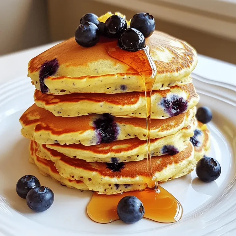 To make these pancakes, gather these key ingredients: - 1 cup ricotta cheese - 1 cup all-purpose flour - 2 tablespoons sugar - 1 teaspoon baking powder - 1/2 teaspoon baking soda - 1/4 teaspoon salt - 3/4 cup milk - 2 large eggs - Zest of 1 lemon - 2 tablespoons lemon juice - 1 cup fresh blueberries - Butter or oil for cooking Each item plays a role. Ricotta cheese adds creaminess and protein. The flour gives structure. Sugar adds sweetness. Baking powder and baking soda help them rise. Lemon zest and juice bring a bright flavor. Fresh blueberries add bursts of sweetness. You can boost flavor with these extras: - Chopped nuts like walnuts or pecans - A splash of vanilla extract - A pinch of cinnamon - Chocolate chips for a sweet twist These add-ins can enhance taste and texture, making the pancakes even more fun. Feel free to mix and match based on what you have. To whip up these pancakes, you need a few simple tools: - Large mixing bowl - Whisk for combining ingredients - Separate bowl for dry ingredients - Non-stick skillet or griddle - Spatula for flipping pancakes Having the right tools helps make the process smooth. A good skillet ensures even cooking, while a whisk helps blend the batter well. Follow the Full Recipe for best results! To start, gather your ingredients. You will need ricotta cheese, flour, sugar, baking powder, baking soda, salt, milk, eggs, lemon zest, lemon juice, and fresh blueberries. 1. Mix Wet Ingredients: In a large bowl, whisk together the ricotta cheese, milk, eggs, lemon zest, and lemon juice. Make sure everything is well blended. 2. Combine Dry Ingredients: In another bowl, mix the flour, sugar, baking powder, baking soda, and salt. This helps to evenly distribute the baking powder. 3. Combine Mixtures: Slowly add the dry mix to the wet mix. Stir gently until just combined. It’s okay if some lumps remain; they will disappear while cooking. 4. Add Blueberries: Carefully fold the fresh blueberries into the batter. Be gentle to keep the blueberries whole. 1. Preheat the Skillet: Heat a non-stick skillet over medium heat. Add a little butter or oil to prevent sticking. 2. Pour the Batter: For each pancake, pour about 1/4 cup of batter onto the skillet. 3. Cook Until Bubbles Form: Cook for about 3-4 minutes. Look for bubbles on top and edges that look set before flipping. 4. Flip and Finish Cooking: Gently flip the pancake. Cook for another 2-3 minutes. Aim for a golden brown color. - Flipping Tips: Use a thin spatula to slide under the pancake. Lift gently to flip. If it sticks, let it cook a bit longer. - Serving Ideas: Serve warm with extra blueberries on top. A drizzle of maple syrup or a dollop of whipped cream adds a nice touch. - Keep Warm: If cooking in batches, place cooked pancakes on a plate in a warm oven. This keeps them hot until you finish. Follow these steps for a perfect pancake experience. For the full recipe, check the earlier section. Enjoy every fluffy bite! To make your lemon blueberry ricotta pancakes extra fluffy, follow these tips. First, use fresh ricotta cheese. It adds moisture and airiness. Next, don’t overmix the batter. Stir until just combined, leaving a few lumps. This helps keep the pancakes light. Also, make sure your baking powder is fresh. Old baking powder won’t rise well. Lastly, let the batter rest for a few minutes. This helps it thicken and improves the texture. If you have leftover pancakes, store them in an airtight container. Place a piece of parchment paper between each pancake to avoid sticking. They last up to three days in the fridge. For reheating, use a toaster or a skillet. Heat on low to keep them soft. You can also microwave them for about 30 seconds. Just cover them with a damp paper towel to keep the moisture. Watch out for these common mistakes. One mistake is using too much flour. This can make your pancakes dense. Measure carefully and use the spoon-and-level method. Another error is not preheating the skillet enough. A hot skillet ensures a good sear and prevents sticking. Finally, avoid flipping too soon. Wait until bubbles form on top. This means they are ready to flip. Following these tips will help you make perfect pancakes every time. Check out the Full Recipe for all the details! {{image_2}} To make these pancakes lighter, you can swap the ricotta cheese for cottage cheese. This change keeps the pancakes creamy while cutting some fat. You might also use whole wheat flour instead of all-purpose flour. Whole wheat flour adds fiber and a nutty taste. For a lower sugar option, try using honey or maple syrup instead of sugar. You can also reduce the amount of sugar in the recipe by half without losing flavor. Want to take your pancakes to the next level? Add a pinch of cinnamon or nutmeg to the batter. These spices give a warm, cozy flavor that pairs well with lemon. You can also include a splash of vanilla extract for extra taste. If you enjoy a bit of zing, consider adding a tiny amount of ginger. The ginger will enhance the flavors and add a fun twist. These pancakes shine on their own, but you can make them even better. Serve them with fresh blueberries on top for a burst of flavor. A drizzle of maple syrup adds sweetness that complements the lemon. For a gourmet touch, add a dollop of whipped cream or Greek yogurt. You can also pair these pancakes with crispy bacon for a sweet and savory meal. If you like, sprinkle some chopped nuts to add crunch. Enjoy these delicious pancakes with your favorite drink, like fresh orange juice or a hot cup of coffee. For the full recipe, check out the detailed instructions above. Storing leftover lemon blueberry ricotta pancakes is easy. Let pancakes cool first. Then, stack them with parchment paper in between each one. This keeps them from sticking together. Place the stack in an airtight container or a zip-top bag. Store it in the fridge for the best taste. You can freeze pancakes for later, which is great for busy days. Let the pancakes cool completely. Then, follow the same stacking method with parchment paper. Place them in a freezer-safe bag or container. Label it with the date. They can last up to three months in the freezer. Pancakes stay fresh in the fridge for about three to four days. If you see any signs of spoilage, like mold or a funny smell, throw them out. To reheat, just pop them in the microwave for a few seconds or warm them in a skillet. Enjoy them again with your favorite toppings! Yes, you can use frozen blueberries. They work well in pancakes. Just make sure to thaw them first. Frozen blueberries may bleed a bit, making the batter look blue. This won’t change the taste, though. If you like, add them straight from the bag for a fun swirl effect. If you don’t have ricotta, try cottage cheese. Blend it until smooth for a similar texture. You can also use Greek yogurt. It adds creaminess and a slight tang. Both options keep your pancakes moist and fluffy, just like ricotta. Look for bubbles on the surface of the pancake. When they form, that’s a good sign. The edges should look set, not wet. After flipping, cook until golden brown, about 2-3 minutes more. If unsure, insert a toothpick in the center. It should come out clean. Enjoy your Lemon Blueberry Ricotta Pancakes hot and fresh! For the complete recipe, check out the Full Recipe. You learned how to make tasty lemon blueberry ricotta pancakes. We covered key ingredients, step-by-step instructions, and helpful tips. You now know how to make them fluffy and delicious. Remember to store extras properly and explore fun variations. Enjoy your pancake journey and share your tasty results!