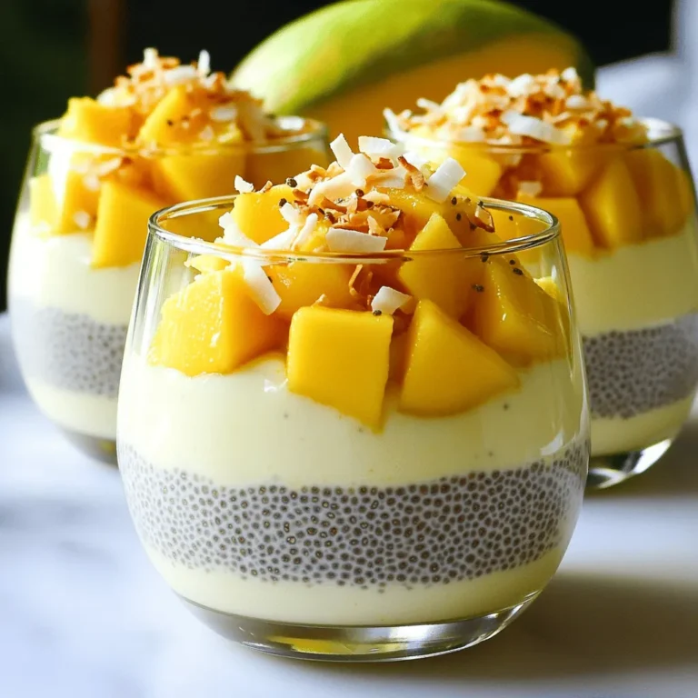 - Coconut milk: You can use canned or carton coconut milk. Canned coconut milk is richer and creamier. It adds a thick, smooth texture. Carton coconut milk is lighter and may have added water. Choose based on your taste and diet. - Fresh vs. store-bought mango puree: Fresh mangoes bring bright flavor and sweetness. They add a nice texture. Store-bought mango puree is easy and quick. It saves time if you're in a rush. - Importance of chia seeds: Chia seeds are the heart of this pudding. They soak up the liquid and turn soft. They give the pudding its unique texture. Plus, they are packed with fiber and nutrients. - Maple syrup or honey: Both sweeteners work well. Maple syrup adds a warm, rich flavor. Honey gives a floral sweetness. Choose what you like best! - Vanilla extract: A small amount enhances the overall flavor. It adds warmth and depth to the pudding. Vanilla is a simple way to elevate your dish. - Garnishes: Fresh mango slices make the dish pop. Toasted coconut flakes add crunch and a tropical touch. These toppings make your pudding look and taste amazing! For the complete list of ingredients and steps, check the Full Recipe. First, gather your ingredients. In a mixing bowl, combine the coconut milk, mango puree, maple syrup, vanilla extract, and a pinch of salt. Whisk everything together until it’s smooth. Whisking is key here. It makes sure all the flavors mix well and creates a creamy texture. Now, gradually add the chia seeds to your mixture. Stir continuously as you pour in the seeds. This helps prevent clumping. If clumps form, it won’t look nice in your pudding. Once the seeds are evenly mixed, cover the bowl with plastic wrap. You can also use individual serving glasses if you prefer. Chill the mixture in the fridge for at least four hours or overnight. This waiting time is important. The chia seeds need time to absorb the liquid and thicken the pudding. When you’re ready to serve, give the pudding a good stir. This helps mix any settled ingredients. Top it with fresh mango slices and a sprinkle of toasted coconut flakes. These garnishes not only look great but add flavor and texture too. For the full recipe, check the details provided earlier. Enjoy your tasty treat! To make the best mango coconut chia pudding, soaking time is key. I recommend soaking the mixture for at least four hours. This allows the chia seeds to absorb the liquid fully. If you want a thicker pudding, let it sit longer. For a creamier texture, check it after four hours. You can always stir in more coconut milk if it gets too thick. Many people make mistakes when making chia pudding. One big mistake is over or under-whisking the mixture. Whisk until smooth, but don’t whisk too hard. This can break the chia seeds. Another common issue is not letting the pudding sit long enough to thicken. If you don’t wait, your pudding will be runny and will not set properly. So, be patient and let it chill! {{image_2}} You can make this chia pudding even more fun! Try adding different fruit purees. You might like strawberry, raspberry, or even passion fruit. Each puree brings a unique taste and color. You can mix and match your favorite fruits for a tasty twist. Spice it up! Adding a pinch of cinnamon or nutmeg can change the flavor. These spices add warmth and depth. They work well with the mango and coconut flavors. Experiment to find your perfect blend! This recipe is great for many diets. It is vegan since it uses coconut milk and maple syrup. You can also make it gluten-free with ease. Just check all your ingredients to be sure. If you want a high-protein option, consider adding a scoop of protein powder. You can also mix in some Greek yogurt. Both options boost the nutritional value. They keep you feeling full longer. Enjoy customizing this dish to fit your needs! For the full recipe, check out the detailed instructions above. To keep your Mango Coconut Chia Pudding fresh, store any leftovers in an airtight container. This will prevent the pudding from absorbing unwanted smells from your fridge. The pudding stays good for up to five days. If you notice any changes in smell or texture, it’s best to toss it out. You can freeze Mango Coconut Chia Pudding, but it may change in texture once thawed. To freeze, place the pudding in a freezer-safe container. Leave some space at the top, as it will expand when frozen. You can freeze it for up to three months. When you’re ready to enjoy it, move the container to the fridge to thaw overnight. After it thaws, give it a stir to mix any separated liquids. Serve chilled. You can top it with fresh mango slices or toasted coconut flakes to freshen it up. For the full recipe, check out the instructions above. Chia seeds need time to absorb liquid and thicken. I suggest soaking them for at least four hours. For best results, soak them overnight. This way, they become soft and create a nice texture. You will enjoy a creamy pudding that holds its shape. Yes, you can use other milk substitutes. Almond milk and oat milk are great options. They provide different flavors and can change the pudding’s texture. Just keep in mind that using unsweetened versions can help control sweetness. Each type of milk will give a unique taste to your Mango Coconut Chia Pudding. Absolutely! This pudding is both tasty and nutritious. Chia seeds are packed with fiber, protein, and omega-3 fatty acids. Coconut milk adds healthy fats, while mango gives vitamins A and C. Together, they create a fun and healthy dessert. It’s a sweet treat you can feel good about enjoying. For the complete recipe, check out the Full Recipe. We've explored the key ingredients for the Mango Coconut Chia Pudding. You learned about coconut milk, fresh mango puree, and the vital role of chia seeds. I shared step-by-step instructions and tips for making the perfect pudding. With variations to suit your taste and storage info for leftovers, you now have the tools for a delicious treat. In conclusion, this pudding is not just tasty; it’s also healthy and versatile. Enjoy experimenting and make it your own!