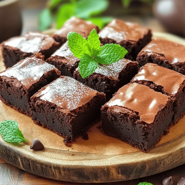 - 1 cup unsalted butter, melted - 2 cups granulated sugar - 4 large eggs - 1 teaspoon vanilla extract - 1 cup all-purpose flour - 1 cup unsweetened cocoa powder - 1/2 teaspoon baking powder - 1/4 teaspoon salt - 1 cup mint chocolate chips - 1/2 teaspoon peppermint extract The ingredients for these brownies create a rich, fudgy treat. The melted butter adds moisture and flavor. Granulated sugar brings sweetness and helps the brownies rise. Eggs are the binding force, making the brownies hold together well. Vanilla extract adds a warm note that complements the chocolate. Flour and cocoa powder form the base of the batter. Baking powder helps the brownies puff up just right. Salt balances the sweetness and enhances all the flavors. Mint chocolate chips give a fun twist, while peppermint extract intensifies the mint flavor. - For a dairy-free version, use coconut oil or vegan butter as a butter alternative. - Swap granulated sugar for coconut sugar or maple syrup for a healthier option. - For gluten-free brownies, replace all-purpose flour with almond or oat flour. These substitutions allow you to cater to various dietary needs without sacrificing taste. Each alternative brings its unique flair, making the brownies your own. Feel free to mix and match to suit your preferences. Check out the Full Recipe for detailed instructions on how to use these ingredients effectively. First, preheat your oven to 350°F (175°C). This step is key for even baking. While it heats, grease a 9x13 inch baking pan with non-stick spray. You can also line it with parchment paper for easy removal later. This makes cleanup a breeze! In a large bowl, pour in the melted butter and sugar. Use a whisk to mix them together until smooth. You want everything to combine well. Next, add the eggs one at a time. Make sure to beat well after each addition. Finally, stir in one teaspoon of vanilla extract for that lovely flavor. In another bowl, whisk together the dry ingredients. This includes the flour, cocoa powder, baking powder, and salt. Mix these until they are well combined. Now, gently add this dry mixture to the wet ingredients. Be careful not to overmix. You want the batter just combined. After that, fold in the mint chocolate chips and peppermint extract. This will give your brownies that amazing minty flavor. Pour your brownie batter into the prepared pan. Spread it out evenly. Now, bake the brownies in your preheated oven for 25 to 30 minutes. To check if they are done, insert a toothpick into the center. It should come out with a few moist crumbs, not wet batter. Once done, take them out and let cool for about 15 to 20 minutes in the pan. Then, transfer to a wire rack to cool completely before cutting into squares. For the full recipe, check the earlier section. To make the best chocolate mint brownies, mixing well is key. Start with the wet ingredients. Combine the melted butter and sugar until smooth. Then, add eggs one at a time, mixing well after each. When you stir in the dry ingredients, do it gently. Overmixing can make your brownies tough. You want a fudgy texture. The goal is to mix just until you no longer see dry flour. This way, you keep them soft and rich. After baking, let the brownies cool in the pan for about 15-20 minutes. Then, move them to a wire rack. This helps them cool evenly. If you cut them too soon, they may crumble. Wait until they are room temperature before slicing. A sharp knife helps you get clean cuts. For neat squares, wipe the knife between cuts. Presentation makes a big difference. Serve the brownies on a nice platter. Add fresh mint leaves on top for color. A dusting of powdered sugar gives a pretty touch. You can also drizzle melted chocolate for extra flair. This makes your brownies look as good as they taste. Enjoy your creation! For the full recipe, check the earlier section. {{image_2}} You can make chocolate mint brownies even more fun by adding extras. Try mixing in chopped nuts like walnuts or pecans for a nice crunch. You can also fold in your favorite candies, like crushed peppermint candies or even chocolate bars. If you want a richer taste, use dark chocolate chips instead of mint chocolate chips. This twist gives brownies a deep flavor and adds a lovely texture. If you want a lighter treat, you can lower the sugar or swap ingredients. Try using applesauce instead of half the butter for a moist brownie with fewer calories. You can also use a sugar substitute like stevia or coconut sugar to cut down on sweetness. For a gluten-free option, replace all-purpose flour with almond flour. Your brownies will still taste great while being a bit healthier. Make your brownies fit any celebration by changing up the recipe. For Halloween, mix in orange and black sprinkles. You can use festive cookie cutters to shape your brownies into fun forms. In winter, add a touch of eggnog flavor by using nutmeg and cinnamon in the batter. These small changes bring a seasonal spirit to your delightful brownies. For the full recipe, check out the earlier section. To keep your chocolate mint brownies fresh, you have two main options. For short-term storage, you can keep them at room temperature. Just place them in an airtight container. This method works best if you plan to eat them within three days. If you want your brownies to last longer, store them in the fridge. This will keep them fresh for up to a week. Make sure they are in an airtight container to avoid drying out. Freezing your brownies is a great way to save them for later. Start by cutting them into squares. Wrap each piece in plastic wrap. Then, place them in a freezer-safe bag. This helps prevent freezer burn. When you want to enjoy them again, simply take out the brownies and let them thaw in the fridge overnight. You can also leave them on the counter for a few hours. This way, they will regain their soft texture. Freshly made chocolate mint brownies can last for about a week when stored properly. However, if you freeze them, they can last for up to three months. Just remember to check for any signs of freezer burn or off flavors before you enjoy them. Proper storage is key to keeping these treats irresistible and decadent! You can use regular chocolate chips if you don't have mint chocolate chips. Dark chocolate chips add a rich taste. You can also chop up mint candies or chocolate bars with mint flavor. For a more natural option, use finely chopped fresh mint leaves. Keep in mind that this will give you a different texture. Yes! You can replace eggs with applesauce or mashed bananas. Each egg can be replaced with 1/4 cup of applesauce. This makes the brownies moist. You can also use flaxseed meal mixed with water, about 1 tablespoon of flaxseed meal and 2.5 tablespoons of water for each egg. This works well and adds a nutty flavor. To boost mint flavor, add extra peppermint extract. A few drops can make a big difference. You can also mix in additional mint chocolate chips. If you want a fresh taste, try adding chopped mint leaves. Be careful not to add too much extract; a little goes a long way. Yes! You can use gluten-free flour blends instead of all-purpose flour. Look for a blend that contains xanthan gum for the best results. Almond flour is another great option, but it may change the texture. Make sure your chocolate chips are gluten-free as well. Check for signs beyond the toothpick test. The edges should look set and slightly pulled away from the pan. The top should be shiny and firm. When you press down gently, it should spring back. If you see cracks on top, that is a good sign too. You learned how to make delicious chocolate mint brownies today. We covered the right ingredients, step-by-step instructions, and key tips. You can even explore variations and storage methods to keep them fresh. Don't forget the substitution options if needed. With this guide, you’re ready to bake your own batch of amazing brownies. Enjoy sharing them with friends and family. Baking can be fun and rewarding. Let your creativity shine!