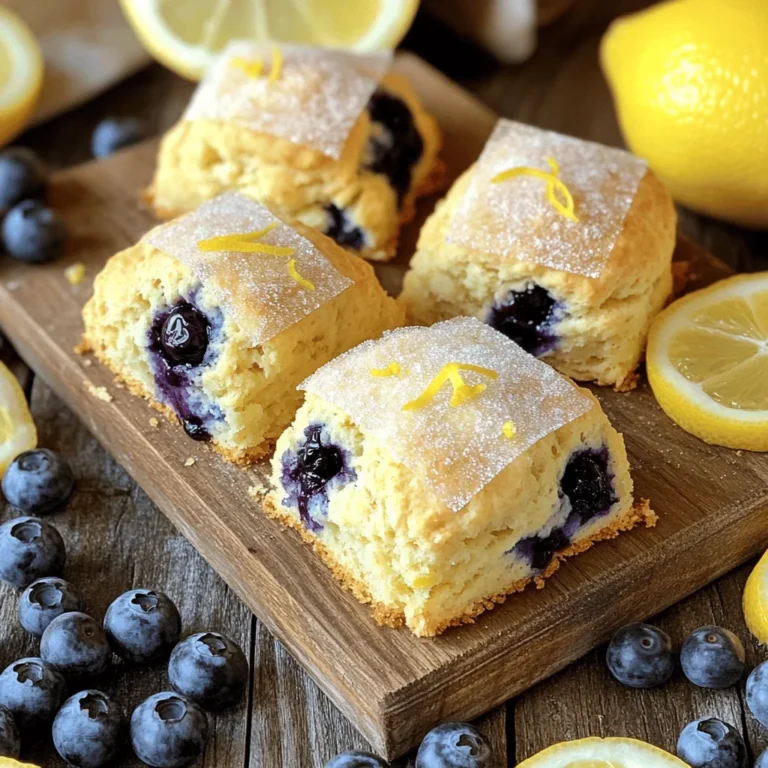 To make blueberry lemon scones, gather these simple ingredients. Each plays a key role in creating that delicious flavor and texture. - 2 cups all-purpose flour - 1/2 cup granulated sugar - 1 tablespoon baking powder - 1/2 teaspoon baking soda - 1/4 teaspoon salt - 1/2 cup cold unsalted butter, cubed - 1 cup fresh blueberries - Zest of 1 lemon - 1/2 cup buttermilk - 1 large egg - 1 teaspoon vanilla extract - 1 tablespoon lemon juice - Extra sugar for sprinkling on top (optional) Each ingredient adds unique flavors and textures. The flour gives structure, while the butter adds richness. Blueberries bring sweetness and juiciness. Lemon zest and juice add bright, zesty notes. The buttermilk helps keep the scones moist. For the best results, use fresh blueberries. They burst with juice when baked. Cold butter is also key. It helps create flaky layers. This recipe is quick and easy, perfect for any skill level. You can enjoy these scones warm, with a sweet touch from the lemon. Check the Full Recipe for more details on how to combine these ingredients perfectly! - Preheat the oven to 400°F (200°C). - Line a baking sheet with parchment paper. Start by getting your oven nice and hot. This helps the scones rise well. Lining the baking sheet stops the scones from sticking. - Combine flour, sugar, baking powder, baking soda, and salt in a large bowl. In a big bowl, mix the flour and sugar well. Add the baking powder, baking soda, and salt. This mix is the base for your scones. - Work the butter into the flour and gently fold in blueberries and lemon zest. Now, add the cold butter cubes. Use your fingers or a pastry cutter to mix until it looks like crumbs. Next, add the blueberries and lemon zest. Be gentle, so you don’t squish the blueberries. - Mix buttermilk, egg, vanilla, and lemon juice in a separate bowl. In another bowl, whisk together buttermilk, egg, vanilla, and lemon juice. This wet mix will make your dough moist and flavorful. - Combine wet and dry ingredients, shape dough, and bake scones. Pour the wet mix into the dry mix. Stir carefully until just combined. Don’t over-mix; lumps are okay! Pat the dough into a disk about one inch thick, then cut into eight wedges. Place them on the baking sheet. Bake for 15-20 minutes. They should turn golden brown. Enjoy your warm, tasty scones! For the full recipe, check out Zesty Blueberry Lemon Scones. To get the best texture in your blueberry lemon scones, start with cold butter. Cold butter helps create a flaky texture. When you mix it in with the flour, it should feel crumbly. Use your fingers or a pastry cutter for this. Avoid over-mixing the dough. Mix just until the ingredients come together. If you see some lumps, that's okay. Over-mixing can make your scones tough. You can add more flavors to your scones. Consider mixing in some lemon zest or almond extract. Both add a lovely taste. When it comes to blueberries, fresh is best. They burst with flavor. However, you can use frozen blueberries if fresh ones aren't available. Just make sure to add them straight from the freezer to keep the dough cool. Serve your warm scones with lemon curd or butter. This adds a rich taste that pairs perfectly. For gatherings, make them look nice. Use a tiered serving stand. You can also place them on a wooden board. Garnish with fresh blueberries and lemon slices for a bright touch. For the full recipe, check out the Zesty Blueberry Lemon Scones. {{image_2}} You can switch up the fruit in these scones. Try adding raspberries or cranberries for a twist. Each fruit offers a unique taste that brightens the scone. You can also adjust the citrus flavors. Using orange zest instead of lemon zest brings a warm, sweet note. Mix and match fruits to find your favorite combo. If you need gluten-free options, swap the all-purpose flour for a gluten-free blend. Many brands work well in scone recipes. For those who avoid dairy, use almond milk or oat milk instead of buttermilk. You can also replace butter with coconut oil or a plant-based butter. These swaps keep the scones tasty and enjoyable for everyone. You can adjust the sugar in this recipe to fit your taste. If you prefer less sweetness, use only 1/4 cup of sugar. If you love sweet treats, feel free to add more. A glaze on top can enhance the flavor too. Mix powdered sugar and lemon juice for a simple glaze. Drizzle it over the warm scones for an extra treat. For the full recipe, visit the link: Zesty Blueberry Lemon Scones. To keep your scones fresh, place them in an airtight container. This will help keep moisture in and prevent them from drying out. Store the scones at room temperature if you plan to eat them within a couple of days. If you need to keep them for longer, refrigeration is a better option. Just remember, chilling may change the texture slightly, making them a bit denser. You can freeze scones both before and after baking. To freeze unbaked scones, shape the dough into wedges and place them on a baking sheet. Freeze them for about 30 minutes until firm. Then, transfer the frozen scones to a freezer bag. You can bake them straight from the freezer, adding a few extra minutes to the baking time. For baked scones, let them cool completely, then wrap each scone in plastic wrap. Place them in a freezer bag for up to three months. When ready to enjoy, simply thaw them in the fridge overnight. To reheat scones and keep them soft, use your oven or toaster oven. Preheat it to 350°F (175°C). Place the scones on a baking sheet and warm them for about 5 to 10 minutes. This method helps to restore their fresh-baked taste and texture. You can also microwave them for about 10 to 15 seconds, but be careful not to make them tough. Enjoy your warm scones with a touch of lemon curd or butter for an extra treat! Look for a light golden color on the edges. The tops should feel firm and not soft. Insert a toothpick in the center; if it comes out clean, the scones are ready. Yes, you can. Prepare the dough and cut it into wedges. Place them on a baking sheet and cover with plastic wrap. Store in the fridge for up to 24 hours. You can also freeze the unbaked scones for up to three months. Serve scones with lemon curd or butter. They pair well with tea or coffee. A dollop of whipped cream adds a nice touch too. For a fun twist, try them with clotted cream. Use cold butter and avoid over-mixing the dough. Make sure to measure your flour properly. Adding buttermilk keeps them moist. Bake just until golden for the best texture. For the complete recipe, click here: Zesty Blueberry Lemon Scones These flavorful blueberry lemon scones are easy to make and fun to enjoy. We covered the key ingredients, step-by-step instructions, and helpful tips to achieve the perfect texture. Remember, cold butter and careful mixing are crucial. You can also add your favorite fruits or make dietary swaps to enjoy these at any time. Store them properly or freeze for later. With the right care, these scones will stay moist and delicious. Now, you’re ready to bake and share these delights with family and friends!