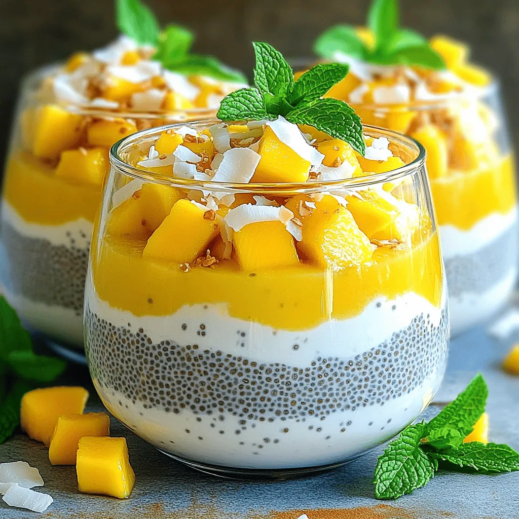 - 1 cup coconut milk (canned or carton) - 1/4 cup chia seeds - 2 tablespoons maple syrup or honey - 1 ripe mango, diced - 1/2 teaspoon vanilla extract - A pinch of salt Coconut milk adds a creamy base. You can use canned or carton coconut milk. Both work well. Chia seeds are the star here. They soak up liquid and create that pudding texture. Choose your sweetener: maple syrup or honey. Both make it delicious! Use a ripe mango for the best flavor. The mango adds freshness and sweetness. A little vanilla extract enhances the taste. Don't forget a pinch of salt. It balances the sweetness nicely. - Toasted coconut flakes - Fresh mint leaves Garnishes take your pudding to the next level. Toasted coconut flakes add crunch and flavor. Fresh mint leaves give a pop of color and freshness. These toppings make your dish look pretty and taste great! For the full recipe, check out the detailed instructions. To start, you need to gather your ingredients. In a medium bowl, combine the following: - 1 cup coconut milk (canned or carton) - 1/4 cup chia seeds - 2 tablespoons maple syrup or honey - 1/2 teaspoon vanilla extract - A pinch of salt Stir these ingredients well until they blend. You want a smooth mix without clumps. This step is key to a creamy texture. Next, cover the bowl with plastic wrap or a lid. Place it in your fridge for at least four hours. For the best results, let it sit overnight. This waiting time lets the chia seeds absorb the liquid. They will swell and create a pudding-like texture that makes this dish delightful. When ready to serve, take the pudding from the fridge. Give it a good stir to break up any clumps. Now, it’s time to layer your dish! Use serving glasses or bowls and start with a layer of chia pudding. Then, add a layer of diced mango. Repeat this layering until the glasses are filled. For the final touches, sprinkle toasted coconut flakes on top. Add a few fresh mint leaves for color and flavor. This adds a lovely crunch and a fresh touch to your Mango Coconut Chia Pudding. Enjoy every spoonful! To get the best texture, refrigerate your pudding for at least four hours. I often let it sit overnight. This lets the chia seeds soak up the coconut milk. You want each seed to swell and create a smooth pudding. To avoid clumps, stir the mix well before it sets. After refrigeration, give it another good stir. This will break up any clumps that may have formed. You can adjust the sweetness to fit your taste. If you like it sweeter, add more maple syrup or honey. Sometimes, I use ripe mashed bananas as a sweetener. They blend in well and add flavor. For a sugar-free option, try stevia or agave syrup. These alternatives work great without adding extra calories. Mango Coconut Chia Pudding is great with other fruits. Try adding berries or sliced bananas for more flavors. This pudding shines as a breakfast option or a tasty dessert. Serve it in pretty glasses for a nice touch. It also makes a fun snack for kids. {{image_2}} You can change the flavor of your Mango Coconut Chia Pudding easily. Adding cocoa powder or chocolate gives it a rich taste. Just mix in a tablespoon of cocoa powder when you blend the base. This twist makes it a fun dessert. You can also use other fruits to spice things up. Try adding berries or bananas for new tastes. Berries add a tart flavor, while bananas bring sweetness. Just chop them and layer them with the pudding. It makes every bite exciting! If you follow a vegan diet, this pudding is perfect. All the ingredients are plant-based. You can use maple syrup as a sweetener, so no worries there. Also, this recipe is gluten-free. Chia seeds and coconut milk do not contain gluten. You can enjoy this treat without any dietary concerns. The way you serve your pudding can make a big impact. Using different glassware can add style. Try mason jars or clear cups for a fun look. You can also layer the pudding with different colors. For example, add a layer of diced mango between pudding layers. It makes the dish look bright and inviting. You can impress your guests with these simple changes! Mango Coconut Chia Pudding will last in the fridge for about 5 days. It’s best to eat it fresh, but you can store it if needed. Just make sure to keep it in a sealed container. This helps keep it fresh and tasty. Using glass jars or airtight containers works best for storage. These keep the pudding safe from air and moisture. If you want to freeze it, pour the pudding into ice cube trays. This way, you can defrost small portions later. Just remember to eat it within a month for the best taste. You don’t need to heat chia pudding before eating. It tastes great cold. If the texture seems thick, you can stir in a splash of coconut milk. This will make it smooth again. Enjoy your pudding as a quick snack or a healthy breakfast! Chia seeds are tiny seeds from the Salvia hispanica plant. They come from Mexico and Guatemala. These seeds are packed with nutrients. They are rich in fiber, protein, and omega-3 fatty acids. Chia seeds can absorb water and swell, making them great for puddings. They help you feel full, making them perfect for a healthy snack. Yes, you can use different types of milk. Almond milk, soy milk, or oat milk work well too. Each milk adds its own flavor. If you're dairy-free, these options are great. Just remember to check if the milk is unsweetened, especially if you want less sugar. This way, your pudding stays healthy and tasty. Absolutely! Mango coconut chia pudding is perfect for meal prep. You can make it ahead of time and store it in the fridge. It stays fresh for about five days. This makes it an easy grab-and-go breakfast or snack. Just layer it in jars for easy serving. You can also switch up the flavors each time for variety. For the full recipe, check out the [Full Recipe]. This article covered the essential ingredients and steps for making a delicious mango coconut chia pudding. You learned about key ingredients like coconut milk and chia seeds, along with tasty variations and tips for serving. Remember to let your pudding chill for the best texture. This dish is perfect for meal prep, healthy snacking, or a satisfying dessert. Enjoy experimenting with flavors and garnishes to make it your own. With all the ideas presented, you can easily create a delightful experience for yourself and others.