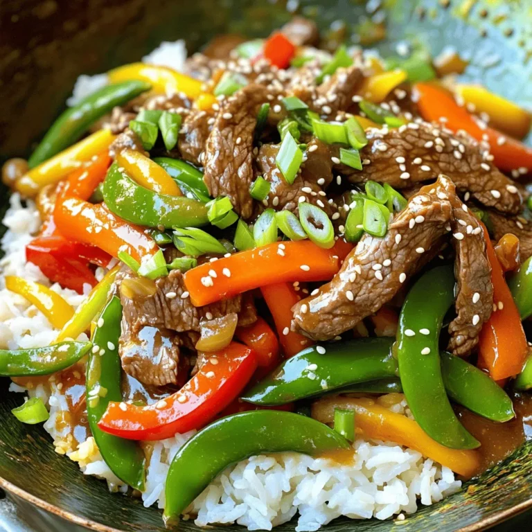 To make a tasty sesame ginger beef stir fry, you need: - 1 lb (450 g) beef sirloin, thinly sliced against the grain - 2 tablespoons sesame oil - 1 tablespoon fresh ginger, minced - 3 cloves garlic, minced - 1 bell pepper (red or yellow), sliced - 1 cup snap peas, trimmed - 1 carrot, julienned - 4 green onions, sliced - 2 tablespoons soy sauce - 1 tablespoon hoisin sauce - 1 tablespoon rice vinegar - 1 tablespoon sesame seeds - Salt and pepper to taste - Cooked jasmine rice, for serving You can add extra flavor by using: - 1 tablespoon chili paste for heat - 1 tablespoon oyster sauce for richness - 1 teaspoon sugar to balance flavors - Fresh herbs like cilantro or basil for garnish If you can't find some ingredients, here are swaps: - Use flank steak or sirloin tip instead of sirloin. - Swap sesame oil with canola or vegetable oil. - Replace snap peas with green beans or broccoli. - Use coconut aminos instead of soy sauce for a gluten-free option. - If you want a different vinegar, try apple cider vinegar. By mixing and matching, you can make this dish your own! For the full recipe, check out the detailed instructions above. 1. Marinate the Beef: In a bowl, mix the sliced beef with 1 tablespoon of soy sauce, a pinch of salt, and pepper. Let it sit for 15 minutes to soak in the flavors. 2. Prep the Sauce: In a small bowl, whisk together the remaining soy sauce, hoisin sauce, rice vinegar, minced ginger, and minced garlic. Set this aside for later. 3. Heat the Oil: In a large wok or skillet, heat the sesame oil over medium-high heat until it shimmers. 4. Stir Fry the Beef: Add the marinated beef to the hot wok in a single layer. Cook for 2-3 minutes without stirring. This helps brown the beef. Stir and cook for another 1-2 minutes until it cooks through. Remove the beef from the wok and set it aside. 5. Cook the Vegetables: In the same wok, add the sliced bell pepper, snap peas, and carrot. Stir fry for about 3-4 minutes. You want them soft but still crunchy. 6. Combine Everything: Return the cooked beef to the wok. Pour in the sauce and toss everything together. Cook for another 2 minutes until the sauce thickens slightly and coats the beef and veggies. 7. Finish: Stir in the sliced green onions and sprinkle sesame seeds over the stir fry. 8. Serve: Serve your sesame ginger beef stir fry over a bed of fluffy jasmine rice for a complete meal. This dish is not just tasty; it also looks great on the plate! For the full recipe, check the section above. To cook beef just right, start with thin slices. This helps it cook faster. Marinate the beef for at least 15 minutes. Use salt and soy sauce to boost flavor. When cooking, let the beef rest in one layer in the hot wok. Don't move it for 2-3 minutes. This gives a nice brown crust. Stir it only after it browns. This keeps the beef tender and juicy. A great sauce makes your stir fry shine. Combine soy sauce, hoisin sauce, rice vinegar, ginger, and garlic. This mix brings sweet, salty, and tangy notes. The balance is key to a rich flavor. Don’t rush this step. Let the sauce sit a bit before adding it to the beef. This allows the flavors to meld well. To keep your veggies crunchy, heat the wok well before adding them. High heat cooks them fast, locking in texture. Stir fry for only 3-4 minutes. This keeps them vibrant and crisp. Use fresh veggies for the best taste and quality. You can add them in stages if needed. Start with heartier vegetables like carrots. Add softer ones like bell peppers later. This ensures all veggies are just right. {{image_2}} You can easily turn this dish into a vegetarian delight. Replace the beef with mushrooms or tempeh. Both add great texture and soak up the flavors. Use the same marinade for the mushrooms. Marinate them for about 10 minutes. Sauté them until golden brown. This gives you a rich and savory taste. Add your favorite veggies like broccoli or zucchini for more nutrients. Chicken is another great option. Use chicken breast, sliced thinly. Follow the same steps as with beef. Cook it until it turns golden and juicy. Tofu is also a fantastic choice. Press the tofu to remove excess water. Cut it into cubes and sauté until crispy. Both options work well with the sauce and spices. Feel free to mix in different vegetables. You can add bell peppers in various colors for a vibrant look. Broccoli, bok choy, or snow peas add crunch and flavor. Carrots and snap peas are also excellent choices. Using seasonal vegetables makes it fun. Experiment and find what you like best! Each vegetable brings its unique taste and texture, making your stir fry even better. To keep your sesame ginger beef stir fry fresh, let it cool first. Once cooled, place it in an airtight container. Store it in the fridge for up to three days. This keeps the flavors intact and prevents spoilage. When you’re ready to enjoy your leftovers, heat them in a skillet. Add a splash of water or broth to keep it moist. Heat on medium until warm, stirring often. You can also use the microwave, but cover the dish to avoid drying it out. If you want to save it for later, freezing works well. Place the stir fry in a freezer-safe container. It can last up to three months in the freezer. When you’re ready to eat, thaw it in the fridge overnight before reheating. This method helps maintain its tasty flavors. For the complete cooking process, refer to the Full Recipe. The best type of beef for stir fry is beef sirloin. It is tender and flavorful. You can also use flank steak, which is great for stir frying. Both cuts cook fast and stay juicy. Cut the meat thinly against the grain to help with tenderness. This helps make each bite easy to chew. Yes, you can make sesame ginger beef stir fry ahead of time. Store the cooked stir fry in an airtight container. It will last in the fridge for about three days. When you are ready to eat, simply reheat it in a skillet or microwave. This dish tastes even better the next day as the flavors blend together. Good side dishes for sesame ginger beef stir fry include: - Steamed jasmine rice - Fried rice - Quinoa - Noodles You can also serve a simple salad or sautéed greens. These sides balance the rich flavors of the stir fry. For more ideas, check out the Full Recipe for extra tips. In this post, we explored ingredient lists for a tasty sesame ginger stir fry. I shared preparation and cooking steps to make each bite delicious. We discussed tips to cook beef perfectly and keep veggies crunchy. I also included vegetarian options and storage tips for leftovers. Stir fry is simple and fun. You can mix and match to fit your taste. Enjoy your cooking journey and share the joy of this dish!