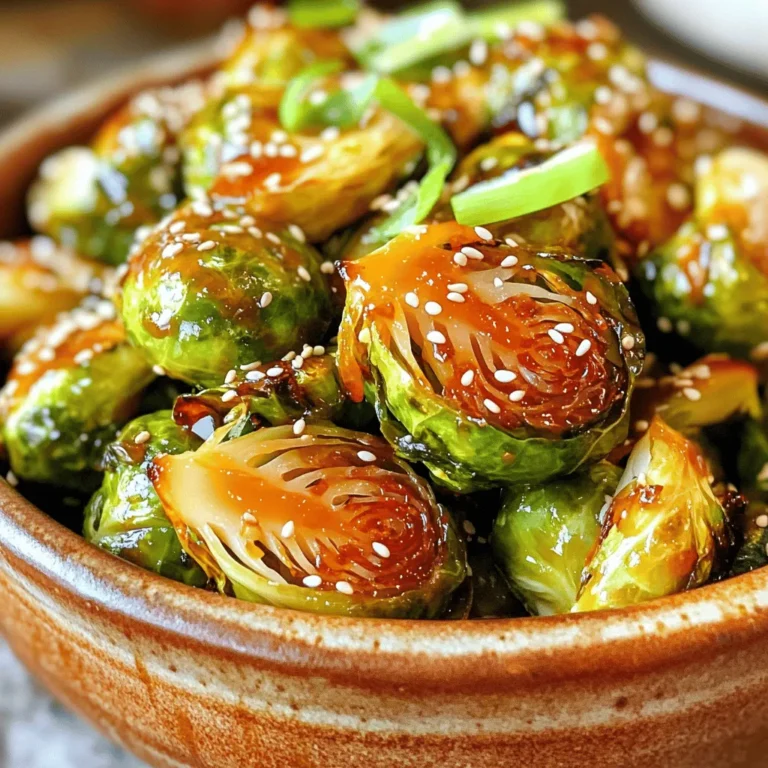 - 1 lb Brussels sprouts, trimmed and halved - 2 tablespoons olive oil - 3 tablespoons honey - 2 tablespoons Sriracha sauce - 1 tablespoon soy sauce - 2 cloves garlic, minced - Salt and pepper to taste - Sesame seeds for garnish (optional) - Green onions, sliced for garnish (optional) To make Honey Sriracha Brussels sprouts, gather your main ingredients first. Start with one pound of Brussels sprouts. Trim and halve them for even cooking. Next, grab two tablespoons of olive oil to help the sprouts roast nicely. For the sweet and spicy flavor, use three tablespoons of honey and two tablespoons of Sriracha sauce. Adjust the Sriracha to match your heat level. A tablespoon of soy sauce adds depth to the dish. Don’t forget seasoning! Use two cloves of minced garlic to enhance the flavor. Lastly, add salt and pepper to taste. You can use sesame seeds and sliced green onions for garnish if you like. These little touches make the dish look and taste even better. Now you have everything you need to make this delicious recipe. For the full recipe, check out the details and enjoy cooking! 1. Preheat your oven to 400°F (200°C). This makes sure your Brussels sprouts roast correctly. 2. Prepare a baking sheet. Line it with parchment paper for easy cleanup. 3. In a large bowl, combine the Brussels sprouts with olive oil. Make sure they are well coated. This helps in getting a nice crispy texture. 1. In a small bowl, whisk together honey, Sriracha, soy sauce, and minced garlic. This creates a sweet and spicy sauce. 2. Season the sauce with salt and pepper. Taste it to adjust the flavors as needed. 1. Pour the honey-Sriracha mixture over the Brussels sprouts. Toss them well so every sprout gets coated. 2. Spread the Brussels sprouts in a single layer on the baking sheet. This helps them roast evenly. 3. Roast in the oven for 20-25 minutes. Stir halfway through for even cooking. You want them tender and a bit caramelized. Enjoy this simple yet tasty dish! For more detailed instructions, check the Full Recipe. To get that lovely caramelization, start by cutting the Brussels sprouts in half. This helps them roast better. A little olive oil goes a long way. It makes the sprouts crisp and tasty. Spread them out on the baking sheet. This allows them to cook evenly. Stir the Brussels sprouts halfway through roasting. This ensures every side gets that golden look. You want them soft on the inside and crunchy on the outside. Adjust the amount of Sriracha based on your spice level. If you like it hot, add more. If you want it milder, use less. You can also add garlic powder or ginger for extra flavor. These ingredients blend well with honey and Sriracha. These Brussels sprouts pair well with grilled chicken or fish. They also complement rice dishes nicely. For a fun twist, serve them in small bowls as appetizers. You can even top them with sesame seeds and green onions. This adds color and crunch to your meal. To see the full recipe, check the section above! {{image_2}} You can switch up the sauce for your Brussels sprouts. Try using maple syrup instead of honey for a sweeter touch. For a spicy kick, use chili garlic sauce. Mixing soy sauce with brown sugar gives a nice sweet and savory flavor. You can also try teriyaki sauce for a different taste. Each option brings a unique twist! If you want a vegan option, use agave nectar instead of honey. This keeps the sweetness while being plant-based. For gluten-free needs, check your soy sauce. Look for a gluten-free option to enjoy the dish without worry. You can also use tamari as a great substitute. Brussels sprouts are great, but you can use other veggies too! Try broccoli or cauliflower for a different texture. You can also mix in green beans or carrots. Just keep an eye on cook times since different veggies may roast at different rates. Roasting gives all these vegetables a lovely caramelized flavor. After you enjoy your Honey Sriracha Brussels sprouts, store the leftovers in an airtight container. This keeps them fresh and tasty. Place them in the fridge within two hours of cooking. They will stay good for about 3 to 4 days. If you want to keep them longer, freezing is a great option. To reheat your Brussels sprouts, I recommend using the oven. This method helps keep their texture and flavor. Preheat your oven to 350°F (175°C). Spread the sprouts on a baking sheet and heat for about 10-15 minutes. If you use a microwave, heat them in short bursts of 30 seconds. Stir after each burst to avoid sogginess. The oven gives better results, but the microwave is quicker. You can freeze Brussels sprouts before or after cooking. If you freeze them raw, wash and trim them first. Blanch them in boiling water for 3-5 minutes, then cool in ice water. Drain and pack them in a freezer bag. If you freeze cooked sprouts, let them cool completely first. They will last for about 3 months in the freezer. To use frozen sprouts, thaw them overnight in the fridge. You can then reheat or cook them as you like. Enjoy your Honey Sriracha Brussels sprouts anytime! Brussels sprouts usually take about 20-25 minutes to cook in the oven at 400°F (200°C). If you steam them, it takes around 6-8 minutes. For sautéing, aim for about 10-15 minutes. Cooking times may vary based on the size of the sprouts. Always check for tenderness. A fork should easily pierce them when done. Yes, you can prepare Honey Sriracha Brussels sprouts in advance. Cook them ahead of time and store in an airtight container. They stay fresh in the fridge for about 3 days. To reheat, place them in the oven at 350°F (175°C) for about 10-15 minutes. This keeps them crisp and warm. These Brussels sprouts pair well with many dishes. Consider serving them with grilled chicken or pork. They also go great with rice or quinoa for a vegetarian option. For a fun twist, add them to tacos or grain bowls. Their spicy-sweet flavor complements so many meals! You can find the full recipe to learn more. This blog post covered a tasty recipe for Honey Sriracha Brussels sprouts. We explored key ingredients, step-by-step instructions, and tips to get the best texture and flavor. You learned how to customize the recipe and store leftovers effectively. In conclusion, this dish offers a sweet and spicy punch to your meals. I hope you enjoy making it as much as I do! Try different sauces and vegetables for even more fun.