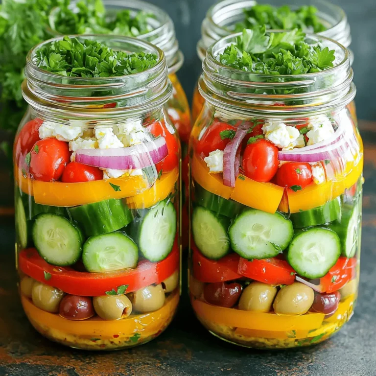 When making a Mason Jar Greek Salad, you need fresh, vibrant ingredients. Each item adds flavor and nutrition. Here’s what you will need: - 1 cup cherry tomatoes, halved - 1 cucumber, diced - 1 red bell pepper, diced - 1/2 red onion, thinly sliced - 1 cup Kalamata olives, pitted - 1 cup feta cheese, crumbled - 1/4 cup extra virgin olive oil - 2 tablespoons red wine vinegar (or lemon juice) - 1 teaspoon dried oregano - Salt and pepper to taste - Fresh parsley for garnish These ingredients come together to create a fresh and colorful salad. The cherry tomatoes add sweetness, while the cucumber gives a crisp bite. The red bell pepper adds a slight crunch and a pop of color. The Kalamata olives bring a briny flavor that pairs well with the creamy feta cheese. Olive oil and vinegar create a simple dressing that ties all the flavors together. Dried oregano adds an earthy touch, making the salad truly Greek. Use fresh parsley as a garnish for a bright finish. This simple salad is perfect for lunch or dinner. You can find the full recipe linked above to help guide you through the steps. Enjoy the freshness and flavor in every bite! To start, you need to make the dressing. In a small bowl, whisk together: - 1/4 cup extra virgin olive oil - 2 tablespoons red wine vinegar (or lemon juice) - 1 teaspoon dried oregano - Salt and pepper to taste Mix it well until the ingredients blend. This dressing adds a bright flavor to your salad. Next, it's time to layer the salad in the mason jars. The order matters to keep everything fresh and tasty. 1. Pour the dressing first at the bottom of each jar. 2. Add the heaviest ingredients next. Start with 1 cup of halved cherry tomatoes. 3. Follow with 1 diced cucumber and 1 diced red bell pepper. 4. Next, add 1/2 of a thinly sliced red onion. 5. Then, add 1 cup of pitted Kalamata olives. 6. Finally, top each jar with 1 cup of crumbled feta cheese. This order keeps the crunchy veggies crisp and the cheese stays fresh. Now, you’re almost done! Seal each mason jar tightly with its lid. When it’s time to eat, shake the jar gently. This mixes the dressing with the salad. For a final touch, sprinkle freshly chopped parsley on top. This adds a nice pop of color and flavor. Enjoy your Mason Jar Greek Salad! Find the full recipe [here](#). To make multiple jars, start early in the week. Gather all your ingredients first. Wash and chop your veggies, then store them separately. This keeps them fresh. You can create four jars in about 15 minutes. Layer your salad in the jars, but keep the dressing at the bottom. This way, the veggies stay crisp. If you want extra jars, just double the ingredients. Mason Jar Greek Salad pairs well with many dishes. Serve it alongside grilled chicken or fish for a healthy meal. You can add some pita bread for a complete lunch. For a snack, try it with hummus or tzatziki. This salad is also a great side for barbecues or picnics. Its bright colors and fresh flavors will impress your guests. Make your salad look great! Choose clear mason jars to show off those vibrant colors. Layer the ingredients neatly. Start with the dressing, then add the veggies, and finish with the feta. Garnish with fresh parsley right before serving. This adds a touch of green and a pop of color. Use a colorful plate or a wooden board for serving to enhance the look of your dish. {{image_2}} You can easily swap out vegetables or proteins in this salad. If you don't have cherry tomatoes, try using diced tomatoes instead. Zucchini or bell peppers can replace cucumbers for extra crunch. Want more protein? Add grilled chicken, chickpeas, or even quinoa. These changes keep the salad fun and tasty! While the classic dressing is great, you can switch things up. Try a yogurt-based dressing for creaminess. A balsamic vinaigrette can add a sweet twist. For a spicy kick, mix in some sriracha or red pepper flakes. Experiment with different flavors to find your favorite! To make this salad vegan, skip the feta cheese or use a plant-based cheese. To keep it gluten-free, ensure your dressing is gluten-free. You can also add avocado for creaminess without dairy. These simple swaps let everyone enjoy this fresh dish! Once you make your Mason Jar Greek Salad, store it in the fridge. This salad stays fresh for about 4 to 5 days. To keep it crisp, always layer the salad correctly. Put the dressing at the bottom and the feta on top. This way, the veggies do not get soggy. I recommend using airtight mason jars to keep everything fresh. Can you freeze this salad? Not really. Greek salads do not freeze well. Freezing makes the veggies mushy when thawed. The olives and feta may change texture too. It’s best to enjoy this salad fresh. If you have leftovers, just store them in the fridge. You don’t need to reheat a Greek salad. It tastes best cold. If the salad sits in the fridge for a while, shake it well before serving. This mixes the dressing back in. If the salad seems a bit dry, add a splash of olive oil or vinegar. It will brighten up the flavors. A Mason Jar Greek Salad stays fresh for about 3 to 5 days in the fridge. To keep it fresh, store the jar upright and sealed. The key is to layer the ingredients properly. Start with the dressing at the bottom. This way, the veggies do not get soggy. When you want to eat, just shake the jar to mix everything. If you see any moisture on the lid, it’s a good idea to eat it soon. Yes, you can make this salad a day ahead. In fact, it tastes even better after sitting for a while. Just prepare the jars in advance. Keep them in the fridge until you are ready to eat. This saves you time during busy days. You can grab a jar for lunch or dinner, and you will have a tasty meal ready! If you don’t have some ingredients, don’t worry! You can easily swap them out. For example, if you lack Kalamata olives, you can use black olives. No feta cheese? Try crumbled goat cheese or leave it out for a lighter option. Missing a vegetable? Just add any crunchy veggie you like. Cooking should be fun and flexible! This blog post covered how to make a delicious Mason Jar Greek Salad. We talked about the key ingredients, step-by-step instructions, and tips for meal prep and serving. You learned about ingredient swaps and vegan options, too. In the end, this salad is not only tasty but also easy to store and serve. Enjoy making this fun dish for your meals or gatherings. Your friends and family will love it!