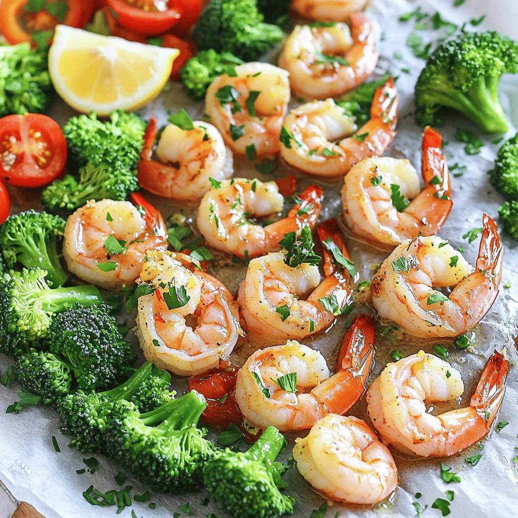 - 1 lb large shrimp, peeled and deveined - 4 tablespoons unsalted butter, melted - 4 garlic cloves, minced - 1 teaspoon smoked paprika - 1 teaspoon old bay seasoning - 1 lemon, zested and juiced - 2 cups broccoli florets - 1 red bell pepper, sliced - 1 cup cherry tomatoes, halved Gathering the right ingredients makes this dish shine. For the shrimp, I prefer large ones. They soak up the garlic butter flavor well. Using fresh garlic is key. Minced garlic adds a strong, rich taste. The butter helps carry this flavor into every bite. For seasonings, smoked paprika adds a nice warmth. Old bay seasoning brings a classic touch. The lemon zest and juice brighten up the dish. They balance the richness of the butter. When it comes to veggies, broccoli adds crunch. The red bell pepper brings sweetness. Cherry tomatoes burst with flavor as they cook. Each vegetable adds color and nutrients to your meal. Check the full recipe for more details. Trust me, this dish is a delight! First, you need to preheat your oven to 400°F (200°C). This high heat will help cook the shrimp and veggies quickly. While the oven heats, line a large baking sheet with parchment paper. This makes cleanup easy and keeps your food from sticking. Next, let's mix the garlic butter. In a bowl, combine these ingredients: - 4 tablespoons unsalted butter, melted - 4 garlic cloves, minced - 1 teaspoon smoked paprika - 1 teaspoon old bay seasoning - Zest and juice of 1 lemon Stir well and set this mixture aside. Now, it’s time to prepare the veggies. In a separate bowl, toss together: - 2 cups broccoli florets - 1 red bell pepper, sliced - 1 cup cherry tomatoes, halved - 2 tablespoons olive oil - Salt and pepper, to taste Make sure you coat the veggies well with the oil. Spread them in an even layer on one half of the prepared baking sheet. Next, take your cleaned shrimp and place them in the bowl with the garlic butter mixture. Toss the shrimp until they are well coated. Arrange the shrimp on the other half of the baking sheet in a single layer. Now you are ready to bake. Slide the baking sheet into your preheated oven. Bake for about 12 to 15 minutes. Check for doneness by looking for pink and opaque shrimp. The veggies should be tender and slightly charred. When done, remove the baking sheet from the oven. Garnish with chopped fresh parsley and enjoy your meal! You can find the Full Recipe for more details. Choosing the right shrimp size For this dish, I recommend using large shrimp. They cook quickly and stay juicy. Look for shrimp that are 16-20 count per pound. This size gives you a nice bite without being too small. Signs of perfectly cooked shrimp You can tell shrimp are done when they turn pink and opaque. They should curl slightly but not be tight. Overcooked shrimp become rubbery, so watch them closely. Tips for adjusting seasonings Feel free to taste the garlic butter mix before you add the shrimp. If you love spice, add a pinch of cayenne or red pepper flakes. For a fresh twist, try adding a splash of white wine to the butter. Alternatives to garlic butter If you want to change it up, use lemon herb oil or a spicy chili oil. You can also try a vegan butter for a dairy-free option, which still tastes great. Adjusting baking time for larger shrimp If you choose larger shrimp, increase the baking time by a couple of minutes. Check them after 15 minutes to see if they are cooked through. The key is to avoid overcooking. How to avoid overcooking Set a timer for the lower end of the cooking time, around 12 minutes. This way, you can check for doneness. It’s better to undercook slightly and let them rest than to overdo it. {{image_2}} You can change up the veggies in this dish. Use seasonal vegetables for fresh taste. Try asparagus in spring or zucchini in summer. Carrots add a nice crunch and color. Sweet potatoes bring a hearty feel, too. Mix in some green beans for a lovely green touch. To make your meal more colorful, add purple cabbage or yellow squash. A mix of colors makes the dish more fun and appetizing. Plus, you get more nutrients from various veggies. You can also switch up the flavors. If you want less salt, try using herbs like thyme or oregano. These add great taste without high sodium. You can also swap the smoked paprika for chili powder for a spicy kick. For a fresh twist, add fresh basil or cilantro before serving. If you like heat, sprinkle some red pepper flakes on top. You can even use lemon pepper seasoning for a zesty flavor. Pair your shrimp dish with tasty sides. Rice or quinoa works great to soak up the garlic butter. A simple green salad adds freshness and crunch. Garlic bread is also a crowd-pleaser and perfect for dipping. For dipping sauces, try a lemon aioli or tartar sauce. A spicy mayo can add a fun twist, too. These options bring new flavors to your plate and make eating more exciting. If you're looking for the full recipe, check out the details above! To store leftovers from your sheet pan garlic butter shrimp, let them cool first. Place the shrimp and veggies in an airtight container. This helps keep them fresh. I recommend using glass or BPA-free plastic containers for safety. They can last in the fridge for up to three days. If you want to freeze garlic butter shrimp, follow these steps: 1. Wait until the dish cools completely after cooking. 2. Place the shrimp and veggies in a freezer-safe bag or container. 3. Remove as much air as possible to prevent freezer burn. When you're ready to enjoy them again, thaw in the fridge overnight. To reheat, warm them in the oven at 350°F (175°C) for about 10-15 minutes. This keeps the shrimp juicy and the veggies crisp. In the fridge, garlic butter shrimp lasts about three days. Check for signs of spoilage. If you notice any unusual smell, slimy texture, or discoloration, it’s best to toss it. Always prioritize food safety to enjoy your meals worry-free! It usually takes about 12 to 15 minutes to cook shrimp in the oven. The time can change based on shrimp size. For larger shrimp, you may need a few extra minutes. Always check that the shrimp turn pink and opaque. These signs mean they are done and safe to eat. Yes, you can use frozen shrimp! It’s best to thaw them before cooking. You can place them in the fridge overnight or run them under cold water for quick thawing. Just be sure to dry them well before mixing with the garlic butter. If you want a dairy-free option, try using olive oil or coconut oil. Both will add great flavor. You can also use dairy-free butter if you prefer. This way, you can still enjoy a rich taste without the dairy. To make this dish healthier, you can reduce the butter used. Try cutting it down to just two tablespoons. You can also add more veggies to boost nutrition. Swap out white potatoes for sweet potatoes for extra fiber and vitamins. Absolutely! You can use scallops or fish fillets as great alternatives. Just adjust the cooking time for each type. Fish fillets may cook faster, while scallops might take about the same time as shrimp. This way, you can enjoy different flavors and textures! For the full recipe, check out Sheet Pan Garlic Butter Shrimp & Veggies! This blog post covers how to make a tasty sheet pan garlic butter shrimp dish. We looked at the key ingredients, including shrimp, butter, and fresh vegetables. I explained step-by-step instructions and shared tips for perfecting your shrimp. You can also explore fun variations and proper storage techniques. In summary, this dish is simple, flavorful, and customizable. With these tips, you can impress anyone with your cooking skills. Enjoy creating this easy meal that is sure to please!