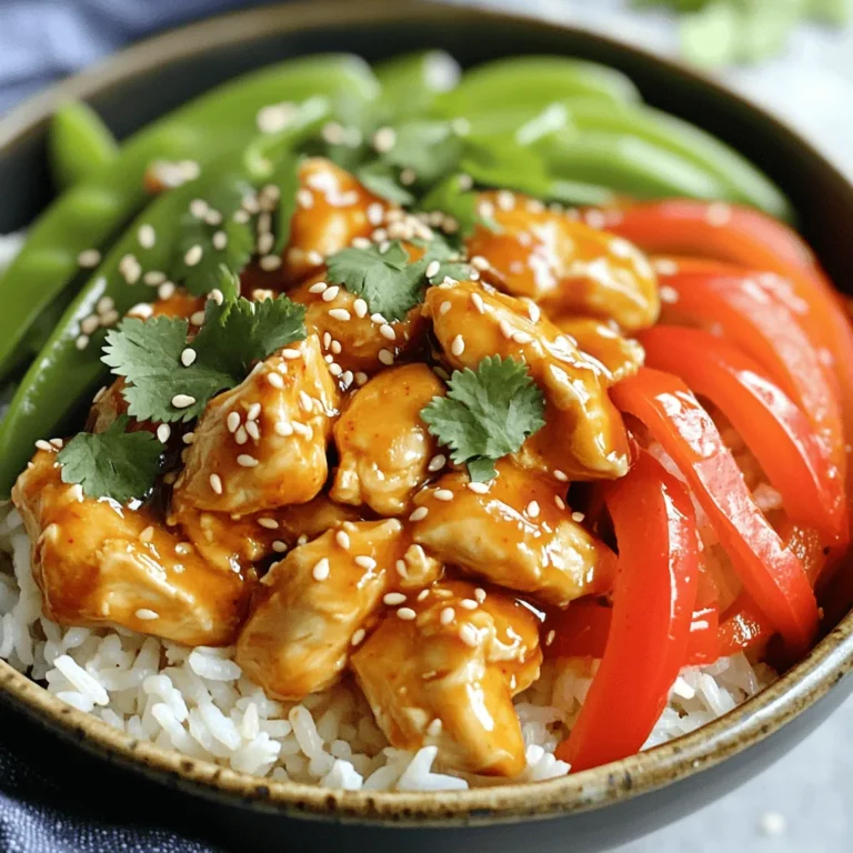 To make a delicious Sweet Chili Chicken Bowl, you will need: - 2 boneless, skinless chicken breasts, diced - 1 cup jasmine rice - 1 cup chicken broth - 1 red bell pepper, sliced - 1 cup snap peas - 1 tablespoon vegetable oil - 1/4 cup sweet chili sauce - 2 tablespoons soy sauce - 1 teaspoon fresh ginger, minced - 1 clove garlic, minced - Salt and pepper to taste - Sesame seeds for garnish - Fresh cilantro for garnish You can change the flavors or add more color. Here are some ideas: - Use brown rice or quinoa for a whole grain option. - Add broccoli, carrots, or bok choy for more veggies. - Swap sweet chili sauce with teriyaki sauce for a different taste. - Top with sliced green onions for a fresh crunch. - Add crushed peanuts for extra texture. If you don't have some ingredients, don't worry! Here are some swaps: - Chicken can be replaced with shrimp or tofu for a different protein. - You can use vegetable broth instead of chicken broth. - Red bell pepper can be swapped with yellow or green bell pepper. - Use garlic powder if you don't have fresh garlic. - Maple syrup or honey can replace sweet chili sauce in a pinch. With these ingredients and options, you can make your Sweet Chili Chicken Bowl just right for you! If you're ready to get cooking, check out the Full Recipe for detailed steps. First, rinse the jasmine rice. Use cold water until it runs clear. In a medium pot, boil the chicken broth. Once boiling, add the rice. Turn the heat low and cover the pot. Let it simmer for 15 minutes. The rice will absorb all the liquid. After that, remove it from heat. Let it rest for 5 more minutes. Fluff the rice with a fork before serving. Next, take a large skillet. Heat the vegetable oil over medium-high heat. Add your diced chicken to the skillet. Sprinkle salt and pepper on top. Cook the chicken for 5 to 7 minutes. It should turn golden brown and be fully cooked. Make sure to stir it often for even cooking. Now, add the sliced red bell pepper and snap peas. Stir-fry them with the chicken for about 3 to 4 minutes. You want the veggies to be tender-crisp. In a small bowl, mix the sweet chili sauce, soy sauce, minced ginger, and minced garlic. Pour this mix over the chicken and veggies. Cook for another 2 to 3 minutes. Stir everything well so it gets coated with the sauce. To serve, grab a bowl. Put a generous scoop of jasmine rice in the bottom. Top it with your sweet chili chicken and veggies. For a finishing touch, sprinkle sesame seeds and fresh cilantro on top. This adds a nice crunch and extra flavor. Enjoy your colorful and tasty meal! You can find the Full Recipe for more details. To make sure your chicken is juicy, cut it into small, even pieces. This helps it cook faster and more evenly. Heat your skillet on medium-high heat before adding the chicken. Cook it until it turns golden brown. This usually takes about 5 to 7 minutes. Always check if the chicken is cooked through by cutting a piece. It should be white and not pink inside. Keep vegetables crisp by adding them later in the cooking process. Sauté them for just 3 to 4 minutes. This keeps their bright color and crunch. Stir them gently so they cook evenly. If you see them getting too soft, take them off the heat right away. This way, your sweet chili chicken bowl will have a nice mix of textures. When serving, use a large bowl. Start with a scoop of jasmine rice at the bottom. Then, pile on the sweet chili chicken and veggies. This makes a nice contrast of colors. For a finishing touch, sprinkle sesame seeds and fresh cilantro on top. It not only looks great but adds extra flavor. Remember, a well-presented dish makes it more enjoyable! Feel free to check the Full Recipe for all the steps. {{image_2}} You can switch up the chicken in your bowl. Try shrimp or tofu as great options. They cook quickly and soak up that sweet chili sauce. For beef lovers, diced beef works well too. Just make sure to cook it until it’s tender. Each protein brings a new flavor, making the meal exciting. If you want a meatless option, use chickpeas or edamame. Both add protein and a nice texture. You can also use mushrooms for a hearty touch. They absorb flavors well and become savory when cooked. Add in some extra vegetables like carrots or zucchini for more color and crunch. To change the taste, think about adding spices. A pinch of cayenne can add heat if you like spice. You could also use lime juice for a zesty finish. Fresh herbs like basil or mint can brighten the dish too. Don’t forget to play with the sauces; a bit of hoisin or teriyaki can add a unique twist. The possibilities are endless, so feel free to get creative! To store your sweet chili chicken bowl, let it cool first. Place the chicken, rice, and veggies in an airtight container. Keep it in the fridge. This way, it stays fresh for later meals. When you're ready to eat, take out the leftovers. You can reheat them in a microwave or on the stove. If using a microwave, cover it to keep moisture in. Heat for one to two minutes, checking often. On the stove, add a splash of water to keep it moist. Heat it over medium heat until warm. Your sweet chili chicken bowl lasts about 3-4 days in the fridge. If you want to keep it longer, freeze it. Use a freezer-safe container or bag. It can last up to three months in the freezer. To enjoy later, thaw it in the fridge overnight before reheating. This keeps the flavors intact. You can serve the Sweet Chili Chicken Bowl with a side salad. A fresh cucumber salad works well. You might also add some spring rolls for a tasty crunch. Steamed broccoli or bok choy complements the bowl nicely too. The sweet chili sauce has a mild heat. It combines sweetness with a touch of spice. Many find it easy to enjoy, even kids. If you like it spicier, you can add chili flakes or sriracha. Yes! To make a low-carb version, swap out the rice. You can use cauliflower rice instead. It gives you that rice texture with fewer carbs. Add more veggies like zucchini or bell peppers to fill up your bowl. You can find the Full Recipe for the Sweet Chili Chicken Bowl right here. In this post, we covered all you need for a delicious sweet chili chicken bowl. We explored ingredients, from what you need to fun ways to customize the dish. I shared clear steps for great cooking, plus tips for perfect results. You can switch proteins or make it vegetarian, too. Proper storage and reheating keep your leftovers fresh. Enjoy this tasty meal at home, knowing you can always adjust it to fit your taste. Happy cooking!