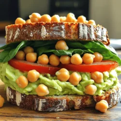 - 1 can chickpeas - 1 ripe avocado - 1 tablespoon tahini - 1 tablespoon lemon juice - 1 small red onion - 1 clove garlic - 1 teaspoon ground cumin - Salt and pepper to taste - 4 slices whole grain bread - Fresh spinach or arugula leaves - Sliced tomatoes (optional) I love using simple, fresh ingredients for this sandwich. The chickpeas pack protein, while the avocado adds creaminess. You can find chickpeas in a can. Make sure to drain and rinse them well. This step helps remove excess salt and makes them cleaner. Choosing a ripe avocado is key. It should feel soft but not mushy. When you mash it, aim for a smooth texture but leave some chunks for a nice bite. The tahini and lemon juice give that extra flavor kick. Tahini adds depth, and lemon brightens everything. Minced garlic and chopped red onion add a lovely crunch and bite. Whole grain bread holds everything together. You can toast it for extra crunch. I like to add fresh spinach or arugula for some green goodness. If you want, sliced tomatoes make a great topping. All these ingredients come together to create a delightful and fresh sandwich. For the full recipe, check out the details above. First, gather your ingredients. You will need one can of chickpeas, a ripe avocado, and some tahini. You will also need lemon juice, a small red onion, and garlic. Don't forget cumin, salt, and pepper. Next, drain and rinse the chickpeas. This step removes excess salt and juices. Then, pit and mash the avocado in a mixing bowl. Use a fork to mash it well. Now, combine the chickpeas and mashed avocado in the bowl. With a fork, roughly mash everything together. You want some whole chickpeas for texture. Add the lemon juice, chopped red onion, minced garlic, and ground cumin to the mix. Season with salt and pepper to taste. Stir until all the ingredients blend nicely. Toast your slices of whole grain bread in a toaster or on a skillet. Aim for a golden brown color. This adds crunch and flavor. Now, it's time to assemble the sandwiches. Take two slices of your toasted bread and spread the chickpea and avocado mixture evenly on top. Add fresh spinach or arugula leaves for a pop of color and flavor. If you like tomatoes, slice them and add them too. Place the other two slices of toasted bread on top. Gently press down to keep everything in place. When serving, cut the sandwiches in half. This makes them easier to eat. Arrange them nicely on a plate. For a fresh touch, add extra greens or slices of tomato on the side. You can also serve these sandwiches with a light salad or some crunchy chips. If you want to make this meal even better, pair it with a refreshing drink, like iced tea or lemonade. Enjoy this delightful Chickpea Avocado Salad Sandwich with friends or family! For the full recipe, see above. To create the perfect Chickpea Avocado Salad Sandwich, focus on texture first. You want a mix of smooth and chunky. When mashing, leave some chickpeas whole. This gives a nice bite. Next, balance the flavors. The creamy avocado pairs well with the tangy lemon juice. Use just enough salt and pepper to enhance the taste. Many folks over-mash the ingredients. This results in a uniform paste, which can lack excitement. Aim for a mix of textures for the best experience. Another common mistake is incorrect seasoning. Taste your mixture before serving. It should burst with flavor, not be bland. Adjust salt, pepper, or lemon juice as needed. To elevate your sandwich, consider adding herbs and spices. Fresh cilantro or parsley can brighten the flavors. A pinch of smoked paprika adds a nice kick. You can also try alternative dressings for a twist. A dollop of yogurt or a splash of balsamic vinegar can change the flavor profile. Experiment and find what you love! For the full recipe, check out the Chickpea Avocado Delight Sandwich 🥑🥪. {{image_2}} You can easily make this chickpea avocado salad sandwich vegan. The recipe is already vegan-friendly since it uses no animal products. You can enjoy it guilt-free and still have a tasty meal. If you need a gluten-free option, choose gluten-free bread. Many brands offer tasty gluten-free bread that works well. Just make sure to check the labels for any allergens. To mix things up, add different vegetables. Sliced cucumbers or bell peppers add crunch. You can also toss in grated carrots for color and sweetness. Feel free to experiment with your favorite veggies. Using alternative bread options can change the flavor too. Try pita pockets for a fun twist. You can also use wraps or lettuce leaves for a low-carb version. This keeps the sandwich fresh and exciting. Incorporating seasonal produce makes this sandwich even better. In summer, add ripe tomatoes or fresh basil for a burst of flavor. In the fall, some roasted sweet potatoes can add warmth. For holiday-themed sandwiches, think about festive colors. Use red peppers and green spinach for a Christmas look. You can even add cranberry sauce for a sweet touch. Let your creativity shine! To keep your chickpea avocado salad fresh, store leftovers in the fridge. Use an airtight container to prevent air from getting in. This helps the salad stay tasty. Make sure to eat it within three days for the best flavor. You don’t need to reheat this sandwich. It tastes great cold! If you want warmth, toast the bread again. This keeps it crispy. Just be careful not to overdo it, or the bread can burn. Keep leftover salad in a separate container to maintain its freshness. Freezing this sandwich is not ideal, but you can freeze the chickpea avocado salad. Place it in a freezer-safe container and seal tightly. It can last up to one month in the freezer. When you’re ready, defrost it in the fridge overnight. Then, put it on fresh bread before serving. Avoid freezing the whole sandwich, as bread can get soggy. A chickpea avocado salad sandwich is a tasty meal. It combines mashed chickpeas and avocado. You mix in some spices and veggies for flavor. The sandwich is hearty and filling. Yes, you can make this sandwich ahead. Prepare the chickpea avocado mix and store it in the fridge. Use an airtight container to keep it fresh. You can assemble the sandwich when you're ready to eat. If you can't use avocado, try these options: - Hummus for a creamy texture - Mashed banana for a sweet twist - Silken tofu for a protein boost Yes, this sandwich is healthy. Chickpeas provide protein and fiber. Avocado adds healthy fats. Together, they support heart health and digestion. This meal keeps you full and satisfied. This sandwich stays fresh for about two days. Store it in an airtight container. Be sure to keep the filling and bread separate if possible. This helps maintain the texture. Absolutely! You can add extra flavors and ingredients. Consider adding: - Diced bell peppers for crunch - Fresh herbs like cilantro or parsley - Sliced cucumbers for a refreshing bite For the full recipe, check out the Chickpea Avocado Delight Sandwich. This blog post explored making a chickpea avocado salad sandwich. You learned about the key ingredients, preparation steps, and cooking methods. I shared tips for perfecting texture and flavor, as well as common mistakes to avoid. You also discovered variations, storage info, and answers to FAQs. The beauty of this sandwich lies in its flexibility, making it easy to fit any taste or diet. Enjoy this tasty, healthy option in your meals and let your creativity shine!