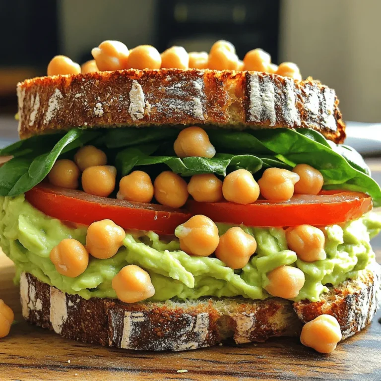 - 1 can chickpeas - 1 ripe avocado - 1 tablespoon tahini - 1 tablespoon lemon juice - 1 small red onion - 1 clove garlic - 1 teaspoon ground cumin - Salt and pepper to taste - 4 slices whole grain bread - Fresh spinach or arugula leaves - Sliced tomatoes (optional) I love using simple, fresh ingredients for this sandwich. The chickpeas pack protein, while the avocado adds creaminess. You can find chickpeas in a can. Make sure to drain and rinse them well. This step helps remove excess salt and makes them cleaner. Choosing a ripe avocado is key. It should feel soft but not mushy. When you mash it, aim for a smooth texture but leave some chunks for a nice bite. The tahini and lemon juice give that extra flavor kick. Tahini adds depth, and lemon brightens everything. Minced garlic and chopped red onion add a lovely crunch and bite. Whole grain bread holds everything together. You can toast it for extra crunch. I like to add fresh spinach or arugula for some green goodness. If you want, sliced tomatoes make a great topping. All these ingredients come together to create a delightful and fresh sandwich. For the full recipe, check out the details above. First, gather your ingredients. You will need one can of chickpeas, a ripe avocado, and some tahini. You will also need lemon juice, a small red onion, and garlic. Don't forget cumin, salt, and pepper. Next, drain and rinse the chickpeas. This step removes excess salt and juices. Then, pit and mash the avocado in a mixing bowl. Use a fork to mash it well. Now, combine the chickpeas and mashed avocado in the bowl. With a fork, roughly mash everything together. You want some whole chickpeas for texture. Add the lemon juice, chopped red onion, minced garlic, and ground cumin to the mix. Season with salt and pepper to taste. Stir until all the ingredients blend nicely. Toast your slices of whole grain bread in a toaster or on a skillet. Aim for a golden brown color. This adds crunch and flavor. Now, it's time to assemble the sandwiches. Take two slices of your toasted bread and spread the chickpea and avocado mixture evenly on top. Add fresh spinach or arugula leaves for a pop of color and flavor. If you like tomatoes, slice them and add them too. Place the other two slices of toasted bread on top. Gently press down to keep everything in place. When serving, cut the sandwiches in half. This makes them easier to eat. Arrange them nicely on a plate. For a fresh touch, add extra greens or slices of tomato on the side. You can also serve these sandwiches with a light salad or some crunchy chips. If you want to make this meal even better, pair it with a refreshing drink, like iced tea or lemonade. Enjoy this delightful Chickpea Avocado Salad Sandwich with friends or family! For the full recipe, see above. To create the perfect Chickpea Avocado Salad Sandwich, focus on texture first. You want a mix of smooth and chunky. When mashing, leave some chickpeas whole. This gives a nice bite. Next, balance the flavors. The creamy avocado pairs well with the tangy lemon juice. Use just enough salt and pepper to enhance the taste. Many folks over-mash the ingredients. This results in a uniform paste, which can lack excitement. Aim for a mix of textures for the best experience. Another common mistake is incorrect seasoning. Taste your mixture before serving. It should burst with flavor, not be bland. Adjust salt, pepper, or lemon juice as needed. To elevate your sandwich, consider adding herbs and spices. Fresh cilantro or parsley can brighten the flavors. A pinch of smoked paprika adds a nice kick. You can also try alternative dressings for a twist. A dollop of yogurt or a splash of balsamic vinegar can change the flavor profile. Experiment and find what you love! For the full recipe, check out the Chickpea Avocado Delight Sandwich 🥑🥪. {{image_2}} You can easily make this chickpea avocado salad sandwich vegan. The recipe is already vegan-friendly since it uses no animal products. You can enjoy it guilt-free and still have a tasty meal. If you need a gluten-free option, choose gluten-free bread. Many brands offer tasty gluten-free bread that works well. Just make sure to check the labels for any allergens. To mix things up, add different vegetables. Sliced cucumbers or bell peppers add crunch. You can also toss in grated carrots for color and sweetness. Feel free to experiment with your favorite veggies. Using alternative bread options can change the flavor too. Try pita pockets for a fun twist. You can also use wraps or lettuce leaves for a low-carb version. This keeps the sandwich fresh and exciting. Incorporating seasonal produce makes this sandwich even better. In summer, add ripe tomatoes or fresh basil for a burst of flavor. In the fall, some roasted sweet potatoes can add warmth. For holiday-themed sandwiches, think about festive colors. Use red peppers and green spinach for a Christmas look. You can even add cranberry sauce for a sweet touch. Let your creativity shine! To keep your chickpea avocado salad fresh, store leftovers in the fridge. Use an airtight container to prevent air from getting in. This helps the salad stay tasty. Make sure to eat it within three days for the best flavor. You don’t need to reheat this sandwich. It tastes great cold! If you want warmth, toast the bread again. This keeps it crispy. Just be careful not to overdo it, or the bread can burn. Keep leftover salad in a separate container to maintain its freshness. Freezing this sandwich is not ideal, but you can freeze the chickpea avocado salad. Place it in a freezer-safe container and seal tightly. It can last up to one month in the freezer. When you’re ready, defrost it in the fridge overnight. Then, put it on fresh bread before serving. Avoid freezing the whole sandwich, as bread can get soggy. A chickpea avocado salad sandwich is a tasty meal. It combines mashed chickpeas and avocado. You mix in some spices and veggies for flavor. The sandwich is hearty and filling. Yes, you can make this sandwich ahead. Prepare the chickpea avocado mix and store it in the fridge. Use an airtight container to keep it fresh. You can assemble the sandwich when you're ready to eat. If you can't use avocado, try these options: - Hummus for a creamy texture - Mashed banana for a sweet twist - Silken tofu for a protein boost Yes, this sandwich is healthy. Chickpeas provide protein and fiber. Avocado adds healthy fats. Together, they support heart health and digestion. This meal keeps you full and satisfied. This sandwich stays fresh for about two days. Store it in an airtight container. Be sure to keep the filling and bread separate if possible. This helps maintain the texture. Absolutely! You can add extra flavors and ingredients. Consider adding: - Diced bell peppers for crunch - Fresh herbs like cilantro or parsley - Sliced cucumbers for a refreshing bite For the full recipe, check out the Chickpea Avocado Delight Sandwich. This blog post explored making a chickpea avocado salad sandwich. You learned about the key ingredients, preparation steps, and cooking methods. I shared tips for perfecting texture and flavor, as well as common mistakes to avoid. You also discovered variations, storage info, and answers to FAQs. The beauty of this sandwich lies in its flexibility, making it easy to fit any taste or diet. Enjoy this tasty, healthy option in your meals and let your creativity shine!