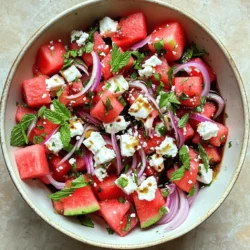 - 4 cups seedless watermelon, cubed - 1 cup feta cheese, crumbled - 1 small red onion, thinly sliced - 1/4 cup fresh mint leaves, chopped You will find that using seedless watermelon makes this salad easy to enjoy. Its sweet and juicy cubes give a refreshing bite with every forkful. Feta cheese adds a creamy texture and salty taste, which contrasts perfectly with the sweet watermelon. The red onion gives a slight crunch and a zingy flavor. Fresh mint leaves bring a burst of herbal freshness, making every bite feel like summer. - 2 tablespoons balsamic reduction - 2 tablespoons olive oil - Salt and pepper to taste The dressing is simple but elevates the dish. Balsamic reduction adds a sweet and tangy kick. Olive oil brings a smooth richness that ties everything together. A pinch of salt and pepper enhances the flavors without overpowering them. This balance is key to a perfect Fresh Watermelon Feta Salad, so don’t skip it! For the full recipe, check out the steps later. Enjoy creating this vibrant salad that makes summer meals feel special! Cubing the watermelon Start by choosing a ripe seedless watermelon. Cut it in half, then slice each half into wedges. Remove the rind and cube the flesh into bite-sized pieces. Aim for uniform cubes, as this helps with even mixing later on. Slicing the red onion Next, take a small red onion. Peel the outer layer and cut off the ends. Slice it thinly, aiming for even pieces. This will add a nice crunch and a bit of sharpness to the salad. Combining ingredients in a mixing bowl In a large mixing bowl, combine the cubed watermelon, crumbled feta cheese, and sliced red onion. Gently toss these ingredients to keep the feta from breaking apart too much. You want each bite to have a bit of everything for the best flavor. Drizzling the dressing and tossing the salad Now, in a small bowl, whisk together the balsamic reduction and olive oil until they blend well. Drizzle this mixture over the salad. Season with salt and pepper to taste. Toss everything gently to coat the ingredients evenly. This step brings all the flavors together. Allowing flavors to meld Let the salad sit for about 5 to 10 minutes. This resting time allows the flavors to meld, making each bite even tastier. The juices from the watermelon will mix with the dressing, creating a light sauce. Serving temperature options You can serve this salad chilled or at room temperature. Both options taste great, so choose what you prefer. For a nice touch, serve it in a large shallow bowl and garnish with extra mint leaves and a drizzle of balsamic reduction from the [Full Recipe]. To make the best Fresh Watermelon Feta Salad, you need good ingredients. Start with the watermelon. Look for a ripe one. It should feel heavy for its size. The skin should have a nice shine and a deep color. Tap it gently; a hollow sound means it's ripe. Next, pick quality feta cheese. Look for cheese that is creamy and crumbly. You can find it in blocks or crumbled. If you can, choose feta packed in brine. It keeps the cheese moist and adds flavor. Want to boost the taste? Try adding fresh herbs. Basil or cilantro work well with the salad. They add a fresh twist. You can also use flavored balsamic reductions. These come in different flavors like raspberry or fig. They add sweetness and depth to your salad. When serving, use a large shallow bowl. This makes the salad look inviting. Garnish with extra mint leaves on top. A drizzle of balsamic reduction adds a nice touch. To arrange the salad, layer the watermelon and feta. This creates a beautiful look. Use tongs or a large spoon to serve. This helps keep everything intact. Enjoy your salad as a bright centerpiece for any table! For the complete recipe, check out the Full Recipe. {{image_2}} If you want to change things up, try using goat cheese instead of feta. Goat cheese has a creamy texture that pairs well with watermelon. You can also switch out the fruits. Try adding berries, peaches, or even citrus slices for a fresh twist. Each fruit brings a unique flavor to the salad. You can explore different dressings for this salad. A creamy dressing like ranch can add a rich taste. If you prefer something zesty, a vinaigrette with lemon juice and olive oil gives a bright flavor. Feel free to experiment with herbs in the dressing, like basil or cilantro, for extra depth. To make this salad vegan, skip the cheese and use avocado for creaminess. For a vegetarian option, keep the feta. If gluten is a concern, this recipe is naturally gluten-free. You can enjoy it without worry. Everyone deserves a tasty salad that fits their diet! For the full recipe, check out the Refreshing Watermelon & Feta Delight section. To keep your Fresh Watermelon Feta Salad fresh, store it in an airtight container. This helps hold in the flavors and keep the ingredients crisp. You can refrigerate it for up to three days. After that, the salad may lose its texture and taste. You can make this salad ahead of time for gatherings. Prepare the watermelon, feta, and onion a day before. However, wait to add the mint and dressing until just before serving. This keeps everything fresh and bright. Serve it chilled for the best taste. Freezing this salad is not recommended. The watermelon has high water content. When you thaw it, the texture changes and may become mushy. It’s best enjoyed fresh, so make only what you plan to eat! If you want to switch feta cheese, you have great options. Goat cheese works well. It has a creamy texture and tangy flavor. You can also try ricotta. It adds a soft touch to the dish. For a vegan choice, use tofu. Crumbled firm tofu can mimic feta's texture. You can store the salad for about two days. Keep it in an airtight container in the fridge. This helps keep the watermelon fresh and crunchy. If you add dressing, the salad lasts only one day. The dressing can make the watermelon soggy. Absolutely! Adding ingredients can boost flavor and texture. Try diced cucumbers for crunch. You can use avocado for creaminess. Cherry tomatoes add sweetness and color. Nuts, like walnuts or almonds, add a nice crunch. Just remember to balance the flavors for the best taste. This blog post shows you how to make a tasty watermelon feta salad. We covered the key ingredients, like seedless watermelon and feta cheese, plus dressing options. I shared tips on picking ripe produce, enhancing the flavor, and making it look great. You can try variations with other cheeses and fruits, too! Lastly, I explained how to store leftovers and answered common questions. Enjoy this fresh salad at your next meal or gathering! It's a simple recipe that everyone will love.