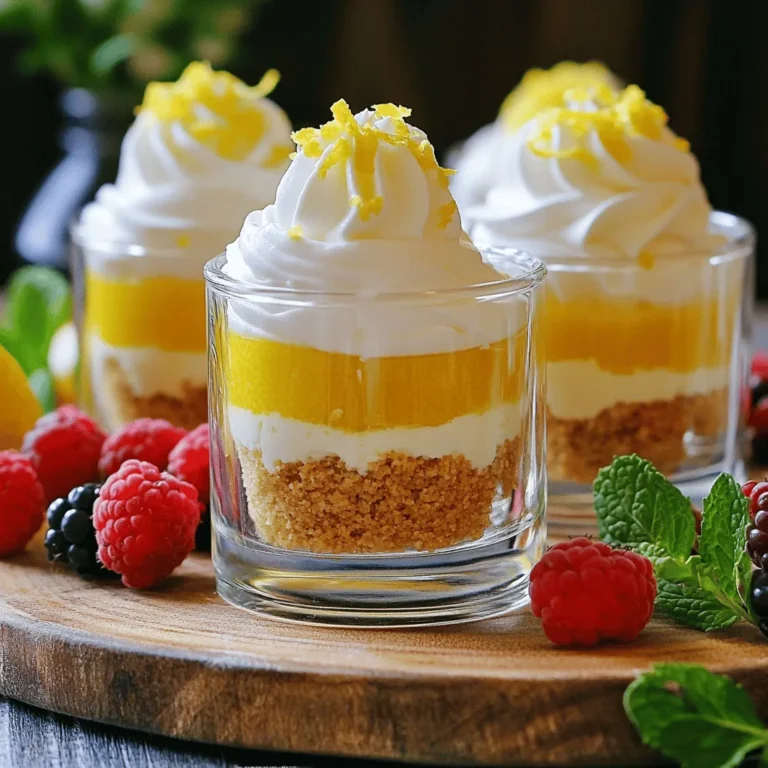 To make your no bake lemon cheesecake cups, gather these simple ingredients: - 1 cup graham cracker crumbs - 2 tablespoons sugar - 1/4 cup unsalted butter, melted - 8 oz cream cheese, softened - 1 cup powdered sugar - 1/2 cup sour cream - 1/4 cup fresh lemon juice - Zest of 1 lemon - 1 teaspoon vanilla extract - Whipped cream, for topping - Lemon zest or slices, for garnish You can find the full recipe to guide you through each step. Each ingredient plays a key role in creating a creamy, zesty treat. The graham cracker crumbs form a crunchy base, while the cream cheese provides a rich filling. Lemon juice and zest add a bright flavor that makes this dessert refreshing. You’ll love how easy it is to whip up this delightful treat. Just make sure to use fresh lemons for the best taste! To start, gather your ingredients for the crust. You need graham cracker crumbs, sugar, and melted butter. In a medium bowl, combine 1 cup of graham cracker crumbs with 2 tablespoons of sugar and 1/4 cup of melted butter. Mix these until they feel like wet sand. Next, take small cups or mason jars. Distribute the crumb mixture evenly in each cup. Use the back of a spoon to press it down. This step ensures a firm base for your cheesecake. Now, let’s make the filling. In a large bowl, beat 8 ounces of softened cream cheese with an electric mixer. Mix it until it’s very smooth. Then, gradually add 1 cup of powdered sugar. Keep mixing until well combined. Next, mix in 1/2 cup of sour cream, 1/4 cup of fresh lemon juice, the zest of 1 lemon, and 1 teaspoon of vanilla extract. Blend until the filling is creamy and fluffy. This adds a nice lemon flavor. It's time to layer the filling. Spoon the lemon cream cheese filling over the crust in each cup. Make sure to spread it evenly. This helps each bite taste just right. After layering, cover the cups with plastic wrap. Place them in the fridge for at least 4 hours. This chilling time helps the filling set properly. When ready to serve, take the cups out of the fridge. Top each one with a dollop of whipped cream. You can also add some lemon zest or a thin slice of lemon for a nice touch. For a lovely presentation, serve the cups on a platter with fresh berries and mint leaves. For the full recipe, check out the details above. Enjoy your delicious no-bake lemon cheesecake cups! How to avoid a grainy texture To keep your cheesecake smooth, use softened cream cheese. Cold cream cheese creates lumps. Beat it well before adding other ingredients. Mix slowly, and be careful not to overmix. A gentle hand helps keep it creamy. Ensuring the crust is firm A good crust is key. Mix graham cracker crumbs, sugar, and melted butter well. Press the mixture firmly into the bottom of the cups. Use the back of a spoon to pack it down. This helps the crust hold its shape when you serve. Adding more lemon zest For a zesty kick, add more lemon zest to the filling. This adds freshness and brightens the flavor. You can also mix in a splash of lemon juice for extra tang. Taste as you go for the best balance. Suggestions for flavor variations Want to switch things up? Try adding berries for a fruity twist. You can blend strawberries or blueberries into the filling. Chocolate lovers can mix in cocoa powder for a rich flavor. Get creative and have fun with it! Best mixer for cream cheese An electric hand mixer works best for this recipe. It blends the cream cheese smoothly. If you have a stand mixer, that works great too. Just make sure to scrape down the sides often. Ideal cups or jars for serving Small glass jars or clear plastic cups are perfect. They show off the layers. Look for cups with a wide mouth for easy filling. This makes serving and eating much simpler. Enjoy your beautiful creation! {{image_2}} You can switch up the flavors to keep things fun. Here are two tasty options: - Berry cheesecake cups: Swap lemon juice with fresh berry puree. Use strawberries, raspberries, or blueberries. This gives a sweet and tangy taste. - Chocolate lemon cheesecake cups: Mix in cocoa powder with the cream cheese. This rich twist adds depth and a lovely chocolate flavor. If you have dietary needs, don't worry! Here are some easy swaps: - Dairy-free options: Use vegan cream cheese and coconut cream instead of sour cream. This keeps the creaminess while being dairy-free. - Gluten-free options: Choose gluten-free graham cracker crumbs for the crust. This way, everyone can enjoy these yummy cups! You can make your cheesecake cups shine with seasonal flair. Consider these ideas: - Using seasonal fruits for garnish: Top your cups with fresh fruit like strawberries in spring or peaches in summer. This not only looks pretty but adds flavor too. - Holiday-inspired flavors: For winter, add spices like cinnamon or nutmeg to the filling. This gives a cozy feel that fits holiday vibes well. For the complete experience, check out the Full Recipe. The no-bake lemon cheesecake cups last up to five days in the fridge. Store them in an airtight container. This keeps them fresh and tasty. If you cover each cup tightly, they will stay good longer. Yes, you can freeze no-bake cheesecake cups! They freeze well for up to two months. To freeze, place them in a freezer-safe container. Use plastic wrap to cover each cup tightly. This helps prevent freezer burn. To thaw, move the cheesecake cups to the fridge overnight. This keeps the texture smooth and creamy. After thawing, serve them cold. Add fresh whipped cream and lemon zest for extra flavor. Enjoy these tasty treats chilled for the best experience! For the Full Recipe, check the previous section. You can make these cheesecake cups a day ahead. Just prepare them and chill them overnight. This gives the flavors time to blend. I recommend chilling them for at least four hours before serving. This will help them set properly and taste best. Yes, you can change the crust! Try using Oreo cookies, vanilla wafers, or even digestive biscuits. Each option will give a unique taste. Just crush the cookies and mix them with melted butter and sugar like you do with graham crackers. The cheesecake is set when it feels firm to the touch. If you gently shake it, the filling should not jiggle much. You can also check for a smooth surface. If it looks fluffy and holds its shape, you are ready to serve! These cheesecake cups are fun and easy to make. We covered the ingredients, from crust to filling. You can customize flavors and avoid common mistakes with simple tips. The storage section makes it clear how to keep your treats fresh. For extra joy, try different variations to surprise friends and family. Enjoy your delicious creations whenever you like, and don't hesitate to experiment along the way! Happy baking!