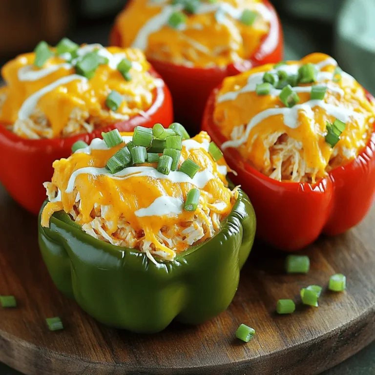 - 4 large bell peppers (any color) - 2 cups cooked chicken, shredded - 1/2 cup buffalo sauce - 1 cup cream cheese, softened - 1/2 cup shredded cheddar cheese - 1/4 cup diced green onions - 1/4 cup ranch dressing - Salt and pepper to taste - Olive oil spray for baking Selecting fresh bell peppers: Look for peppers with bright skin. They should feel firm and heavy. If they have soft spots, skip them. Choosing the right buffalo sauce: Pick a sauce that matches your heat level. Some sauces pack a punch, while others are milder. Taste a bit before using it. Recommended types of chicken: Use rotisserie chicken for ease. You can also boil or bake your chicken. Just make sure it is fully cooked and shredded for the best texture. For the Full Recipe, check the details above. First, preheat your oven to 375°F (190°C). This makes sure the peppers cook well. Next, take four large bell peppers and cut off their tops. Remove the seeds and any white parts inside. Rinse them under water to clean. Lightly spray the outside of each pepper with olive oil. This helps them brown nicely. Place them upright in a baking dish. In a large bowl, mix two cups of shredded chicken with half a cup of buffalo sauce. You can adjust the amount of sauce to your taste. Then, add one cup of softened cream cheese and half a cup of shredded cheddar cheese. Don’t forget to include a quarter cup of diced green onions and a quarter cup of ranch dressing. Mix everything together until all the chicken is coated well. Season with salt and pepper to taste. Now, it’s time to stuff the peppers. Use a spoon to fill each pepper with the chicken mixture. Pack it in firmly so they hold together. Cover the baking dish with aluminum foil. Bake for 25 minutes. After that, take off the foil and bake for another 10 to 15 minutes. This lets the filling get bubbly and the peppers tender. Let the stuffed peppers cool for a few minutes before serving. Enjoy your meal! For more details, check the Full Recipe. Adjusting the spiciness of your buffalo chicken stuffed peppers is key. You can control heat by changing the amount of buffalo sauce. If you want a milder dish, use less sauce. If you love heat, add more! You can also try different brands of buffalo sauce. Some are hotter than others. For extra flavor, think about add-ins. You can mix in black beans, corn, or even diced celery. These ingredients add texture and taste. Another great idea is to sprinkle in some spices. Garlic powder or smoked paprika can elevate the flavor. You can use different cooking methods for these stuffed peppers. If you own an air fryer, it can cook them quickly and keep them crispy. Set it to 375°F (190°C) and cook for about 15-20 minutes. A slow cooker is another option. It takes longer, around 4 hours on low, but makes the peppers soft and full of flavor. For even cooking, make sure to cut the peppers to the same size. This helps them cook at the same rate. If you want a nice texture, consider roasting the peppers briefly before stuffing them. This gives them a charred, smoky flavor. Garnishing your stuffed peppers makes them look great! Use fresh green onions and a drizzle of ranch dressing on top. This adds color and flavor. You can also serve them with a side of celery sticks and carrot sticks. They’re crunchy and refreshing. For side dishes, think about a light salad or some crispy sweet potato fries. These pair well with the rich flavors of the peppers. If you want a heartier side, try serving them with rice or quinoa. They balance the meal and add more filling options. {{image_2}} You can easily make these stuffed peppers vegetarian! First, substitute chicken with plant-based protein. Options like shredded jackfruit or tofu work well. Next, adjust the sauces. Use a spicy buffalo sauce without animal products. You can also add some vegan cream cheese for creaminess. Want to mix it up? You can add more ingredients. Try black beans or cooked quinoa for extra texture. For flavor, switch to BBQ sauce or taco seasoning. Both options give a fun twist. They add a new taste to each bite. Not all peppers are the same. Explore different types for your dish. Jalapeños add heat, while poblanos offer a rich flavor. Remember that pepper size matters. Larger peppers take longer to cook. Smaller ones need less time. Choose based on your preference! To keep your stuffed peppers fresh, store them in the fridge. Place them in an airtight container. This helps keep the flavors intact and prevents drying. You can also wrap them tightly in plastic wrap. Make sure to eat them within three to four days for the best taste. When you reheat stuffed peppers, avoid the microwave if possible. Instead, use the oven. Preheat it to 350°F (175°C). Place the peppers in a baking dish and cover with foil. This keeps them moist. Heat for about 15-20 minutes. You can also serve with extra ranch dressing or green onions for a fresh touch. If you want to freeze your stuffed peppers, do it before cooking. Wrap each pepper in plastic wrap and place them in a freezer bag. This way, they stay fresh for up to three months. When you’re ready to eat, take them out and thaw overnight in the fridge. Bake them at 375°F (190°C) until hot and bubbly, about 30-35 minutes. This process keeps the flavors strong and the peppers tender. For the complete recipe, check the Full Recipe above. Can I make Buffalo Chicken Stuffed Peppers ahead of time? Yes, you can prepare these stuffed peppers a day in advance. Just stuff the peppers, cover them, and store them in the fridge. Bake them when you are ready to eat. This makes dinner easy! What can I substitute for cream cheese? If you don’t have cream cheese, try using Greek yogurt or sour cream. These give a creamy texture with fewer calories. You could also use a dairy-free cream cheese for a vegan option. How do I make them gluten-free? This recipe is already gluten-free! Just make sure the buffalo sauce and ranch dressing you use are gluten-free. Always check labels to be sure. Caloric breakdown and serving size Each stuffed pepper has around 400 calories. This is a hearty meal that fills you up without being too heavy. A serving size is one pepper, perfect for lunch or dinner! Health benefits of key ingredients - Bell Peppers: High in vitamins A and C, great for skin health. - Chicken: A lean protein that helps build muscle. - Buffalo Sauce: Adds flavor without many calories. - Green Onions: Offer antioxidants and add a nice crunch. Where to find video tutorials YouTube has many great cooking channels. Search for “Buffalo Chicken Stuffed Peppers” to find step-by-step guides. Watching someone else can help you feel more confident! Recommended cooking blogs for similar recipes Check out blogs like "The Pioneer Woman" or "Half Baked Harvest." They have many fun and easy recipes that you will love making at home. In this blog post, we covered making buffalo chicken stuffed peppers from start to finish. You learned about ingredients, prepping, cooking, and storing them. Plus, we shared tips for variations and FAQs to help you experiment. Remember, using fresh ingredients makes a big difference in flavor. Don’t hesitate to adjust the spice level to suit your taste. Enjoy these tasty stuffed peppers at your next meal; they’re sure to impress! Your kitchen adventures await, and this dish is a great place to start.