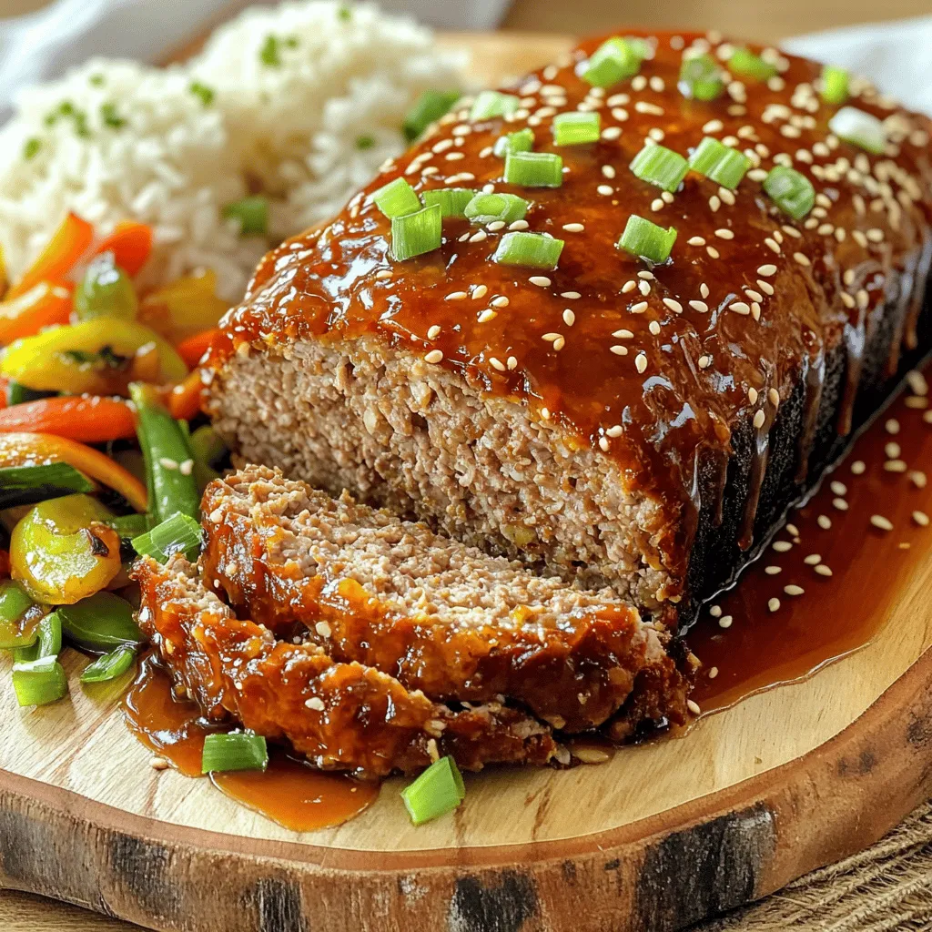 To make teriyaki glazed meatloaf, you will need the following ingredients: - 1 lb ground beef or turkey - 1 cup breadcrumbs - 1/2 cup grated carrot - 1/2 cup finely chopped green onions - 2 cloves garlic, minced - 1 egg - 1/4 cup soy sauce - 1/4 cup teriyaki sauce - 1 tablespoon sesame oil - 2 tablespoons ketchup - 1 teaspoon fresh grated ginger - Salt and pepper to taste - Sesame seeds and chopped green onions for garnish Each ingredient adds a unique flavor and texture to the meatloaf. For example, carrots bring sweetness and moisture. Green onions add a fresh crunch, while garlic offers depth. If you have dietary restrictions, you can swap ground beef for ground turkey or chicken. Use gluten-free breadcrumbs if you need a gluten-free option. For a vegan version, consider using a plant-based meat substitute and flaxseed meal mixed with water as an egg replacement. To prepare this dish, gather the following equipment: - Mixing bowls: You will need a large bowl for mixing the meatloaf ingredients. - Loaf pan: This pan shapes the meatloaf and helps it cook evenly. - Baking sheet: Place the loaf pan on a baking sheet to catch any drips while cooking. Having the right equipment makes cooking easier and more fun. With these tools, you can create a delicious teriyaki glazed meatloaf that everyone will love. If you're ready to dive into the full recipe, check it out now! 1. Preheat the oven. Set your oven to 350°F (175°C). This step is key for even cooking. 2. Mix the dry ingredients. In a large bowl, combine ground beef or turkey, breadcrumbs, grated carrot, chopped green onions, minced garlic, and grated ginger. This gives your meatloaf great texture. 3. Whisk the wet ingredients. In a separate bowl, blend the egg, soy sauce, teriyaki sauce, sesame oil, and ketchup. Make sure it’s mixed well. This mix adds flavor and moisture. 4. Combine both mixtures. Pour the wet ingredients into the dry mixture. Season with salt and pepper. Mix gently with your hands or a spatula. Avoid overmixing to keep the meatloaf tender. - Shape the meatloaf. Place the meat mixture into a loaf pan. Form it into an even loaf. This helps it cook evenly. - Glaze the top. Brush teriyaki sauce over the meatloaf for a shiny finish. This adds a sweet, savory flavor. - Bake it right. Cook for 45-55 minutes. The inside should reach 160°F (70°C). Firmness indicates it’s done. - Rest before slicing. After baking, let the meatloaf sit for 10 minutes. This helps the juices stay inside, making each slice moist. You can find the full recipe to guide you through this tasty process. Enjoy! - Overmixing the meat mixture: Mixing too much can make your meatloaf tough. When you blend the ingredients, stop as soon as they come together. This keeps the loaf tender and juicy. - Not using a meat thermometer: A meat thermometer is key. You want your meatloaf to reach 160°F (70°C). This ensures it is safe to eat and fully cooked. - Suggestions for spice and herb additions: To boost flavor, try adding herbs like parsley or thyme. You can mix in a bit of red pepper flakes for heat. These small changes can make a big difference. - Ways to adjust sweetness and richness: If you find the teriyaki sauce too sweet, add a splash of vinegar to balance the taste. You can also use low-sodium soy sauce to control the saltiness. This way, you create a flavor that suits your taste. For a full recipe, check the [Full Recipe]. {{image_2}} You can easily swap the meat in your teriyaki glazed meatloaf. Ground chicken is a lean choice that works well. It has a mild taste, letting the teriyaki flavor shine. If you prefer plant-based options, use lentils or chickpeas. Just mash them and mix in the other ingredients. This gives you a tasty, meat-free meal. Get creative with flavors in your meatloaf. Try adding different sauces or spices for a unique twist. For example, mix in some sriracha for heat or hoisin sauce for a sweet touch. You can also experiment with glazes. Instead of teriyaki, use a honey mustard or BBQ sauce. Each choice adds a new layer of flavor. For even more ideas, check out the Full Recipe for teriyaki glazed meatloaf. Enjoy the fun of making it your own! To keep your teriyaki glazed meatloaf fresh, store it in the fridge. First, let the meatloaf cool to room temperature. Next, wrap it tightly in plastic wrap or foil. You can also place it in an airtight container. This method helps keep moisture in and air out, which prevents drying. Leftovers can last up to three days in the refrigerator. When it's time to enjoy leftovers, reheating properly is key. Preheat your oven to 350°F (175°C). Place the meatloaf in a baking dish and cover it with foil. This will help keep it moist. Heat for about 20 minutes, or until warmed through. You can also microwave slices for a quicker option. Just cover them with a damp paper towel to avoid drying out. Enjoy your meal! For the full recipe, check out the Teriyaki Glazed Meatloaf section. Yes, you can freeze Teriyaki Glazed Meatloaf. To do this, let it cool completely after baking. Wrap it tightly in plastic wrap or foil. Place it in an airtight container or freezer bag. It can stay in the freezer for up to three months. To defrost, move it to the fridge overnight. You can also reheat slices directly from the freezer in the oven or microwave. I love pairing Teriyaki Glazed Meatloaf with simple sides. Here are some great options: - Steamed rice: White or brown rice soaks up the sauce well. - Sautéed vegetables: Broccoli, bell peppers, or snap peas add color and crunch. - Mashed potatoes: Creamy potatoes balance the savory glaze. - Salad: A fresh salad with a light dressing brightens the meal. Cooking Teriyaki Glazed Meatloaf takes about 45 to 55 minutes. The time depends on the size of your meatloaf. Check that it reaches an internal temperature of 160°F (70°C). If your meatloaf is larger, add more time. Always use a meat thermometer for the best results! This blog post covered everything you need for a great teriyaki glazed meatloaf. We explored ingredients, equipment, and step-by-step instructions for perfect results. I shared tips to avoid common mistakes and enhance flavor. You also learned about variations, storage, and reheating techniques. Meatloaf can adapt to many tastes and diets. I hope you feel ready to try it. Enjoy making your meal and sharing it with others!