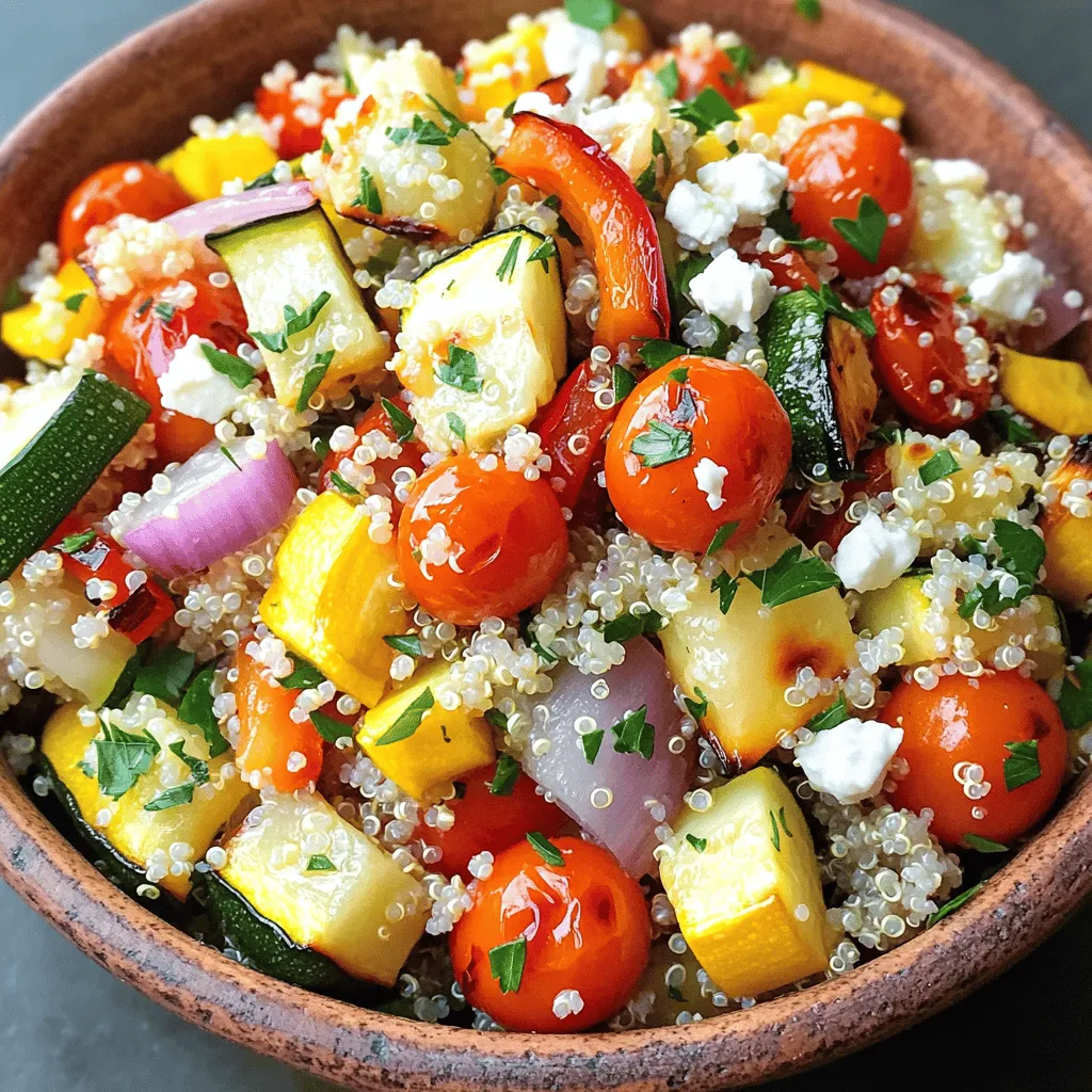 - 1 cup quinoa - 1 red bell pepper, diced - 1 zucchini, diced - 1 yellow squash, diced - 1 red onion, chopped - 2 cups cherry tomatoes, halved - 3 tablespoons olive oil - 1 teaspoon garlic powder - 1 teaspoon dried oregano - Juice of 1 lemon This salad's main star is quinoa. It is a great grain that packs protein. You can use any colorful veggies you like, but I love the red bell pepper and zucchini. They add sweetness and crunch. The yellow squash gives a nice texture, while the red onion adds a bit of bite. Cherry tomatoes bring a juicy pop. - ¼ cup feta cheese, crumbled - Fresh parsley, chopped for garnish Feta cheese adds a creamy touch. It makes the salad richer. Fresh parsley brightens up the dish and adds a fresh taste. You can skip these if you want a lighter salad. - 2 cups vegetable broth - Salt and pepper Using vegetable broth instead of water adds more flavor to the quinoa. Always season with salt and pepper to enhance the taste. These staples help tie everything together. For the full recipe, check the detailed section above. Set the temperature to 400°F (200°C). This helps the veggies roast nicely. Dice and combine the vegetables in a large bowl. Use red bell pepper, zucchini, yellow squash, red onion, and cherry tomatoes. Add 3 tablespoons of olive oil, 1 teaspoon of garlic powder, oregano, salt, and pepper. Toss everything well to coat each piece. Spread the seasoned vegetables on a baking sheet in one layer. Roast them for 20-25 minutes. Check for tenderness and a bit of char. This brings out the sweet flavors. In a medium saucepan, bring 2 cups of vegetable broth to a boil. Stir in 1 cup of rinsed quinoa. Cover it and reduce the heat to low. Let it simmer for about 15 minutes. Once done, remove it from heat and let it sit covered for 5 minutes. Fluff with a fork. In a large bowl, mix the cooked quinoa with the roasted vegetables. Drizzle with the remaining olive oil and lemon juice. Toss until everything is well combined. If you like, garnish with ¼ cup of crumbled feta cheese and fresh parsley. This adds extra flavor and a nice look. Enjoy your colorful dish! For the full recipe, check the details above. To cook quinoa just right, rinse it first. Rinsing removes the bitter coating called saponin. After cooking, let it sit covered for five minutes. This step makes the quinoa fluffy and light. Cut your vegetables evenly. This helps them cook at the same rate. Spread them out in a single layer on the baking sheet. This ensures they roast and do not steam. Don't be shy—experiment with herbs and spices! Thyme and basil add great flavor. You can also add nuts or seeds for extra crunch. They bring texture and taste to your salad. For the full recipe, check out the detailed instructions above. {{image_2}} You can easily boost the protein in your salad. Chickpeas or black beans work great. Just rinse and drain them before adding. They give a nice texture and taste. Plus, they fill you up. This small change makes the dish even better. Switching up vegetables can create new flavors. Feel free to use seasonal options like asparagus or carrots. Just get creative! You can even add sweet potatoes or broccoli. Each season brings different veggies. This gives your salad a fresh twist and keeps it exciting. Dressing can change the whole dish. Try balsamic glaze or tahini dressing instead of olive oil. These options add a rich flavor. You can mix it up based on your mood. A good dressing ties all the flavors together. Experiment and find what you love most! For the full recipe, check out the Roasted Vegetable Quinoa Salad. Store your roasted vegetable quinoa salad in an airtight container. It stays fresh in the fridge for about 3 to 5 days. This makes it great for meal prep. You can enjoy it for lunch or dinner all week long. If you want to keep it longer, you can freeze the salad. It lasts well in the freezer for up to 3 months. Just make sure to pack it tightly in a freezer-safe container. When you’re ready to eat, simply thaw it in the fridge overnight. To enjoy your salad again, gently reheat it. You can use the microwave or the stovetop. If it seems dry, add a splash of broth. This helps keep it moist and tasty. Yes, it's perfect for meal prep as flavors meld over time. When you prepare the salad in advance, the vegetables soak up the juices and seasonings. This adds depth to each bite. I often make it the night before a busy day. Yes, as long as you verify the quinoa is certified gluten-free. Most quinoa brands are gluten-free, making this salad a safe choice for those with gluten sensitivities. Always check the label to ensure it meets your needs. Avocado, nuts, or seeds are great additions. Adding avocado gives creaminess. Nuts or seeds add crunch and healthy fats. I love using toasted almonds or sunflower seeds for extra flavor. Simply scale the ingredient quantities proportionally. If you need more servings, just double or triple the recipe. It’s easy to maintain the same great taste while making a larger batch. Yes, bulgur or farro can be used as alternatives to quinoa. Each grain has its own unique texture and flavor. This allows you to customize the salad to your taste. Experimenting with different grains can make the dish even more fun! This dish combines quinoa and fresh veggies for a healthy meal. You learned how to roast vegetables and cook quinoa. These steps ensure great flavor and texture. Feel free to add protein or seasonal veggies for variety. Store leftovers in the fridge or freezer for future meals. With these tips and tricks, you can make it your own. Enjoy experimenting with flavors!