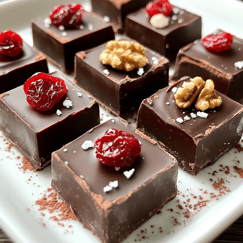 - 1 cup dark chocolate chips - 1/2 cup sweetened condensed milk - 1/4 teaspoon vanilla extract - 1/2 cup dried cherries, chopped - 1/4 cup walnuts, chopped (optional) - 1/4 teaspoon sea salt - Extra cocoa powder for dusting - Shredded coconut for dusting - Small square baking dish (approx. 8x8 inches) - Parchment paper - Medium saucepan - Spatula These ingredients come together to create a rich treat. The dark chocolate chips give a deep flavor. Sweetened condensed milk adds creaminess. Dried cherries give sweetness and a chewy texture. Walnuts add crunch, but they're optional. Sea salt balances the sweetness and enhances the taste. For a fun twist, you can dust the bites with cocoa powder or coconut. Both add a nice touch. To make these bites, you need a few tools. A small square baking dish helps shape the fudge. Parchment paper makes it easy to lift the fudge out later. A medium saucepan is perfect for melting the chocolate. Finally, a spatula helps spread the mixture evenly. For the full recipe, you can find it [here](#). Enjoy your cooking adventure! - Line the baking dish with parchment paper. - Combine chocolate chips and condensed milk in a saucepan. Start by preparing your baking dish. Place parchment paper in the bottom of an 8x8 inch square dish. This makes it easy to lift out the fudge later. Next, take a medium saucepan. Add 1 cup of dark chocolate chips and 1/2 cup of sweetened condensed milk. Stir them together over low heat. Keep stirring until the chocolate melts and becomes smooth. - Melt chocolate mixture over low heat. - Stir in vanilla extract and add dried cherries and walnuts. Once the chocolate is melted, remove the pan from the heat. Mix in 1/4 teaspoon of vanilla extract. Then add 1/2 cup of chopped dried cherries. If you like, toss in 1/4 cup of chopped walnuts. Stir well, so every bite has a mix of flavors. - Pour mixture into the baking dish and level it out. - Cool at room temperature before refrigerating. Now, pour the chocolate mixture into the prepared baking dish. Use a spatula to spread it evenly. Sprinkle 1/4 teaspoon of sea salt on top. Press it gently into the fudge. Let the fudge sit at room temperature for about 30 minutes. After that, place it in the fridge for at least 2 hours to set. When it's firm, lift the fudge out using the parchment paper. Cut it into bite-sized squares. For a special touch, dust them with cocoa powder or shredded coconut. Enjoy your sweet treat! You can find the full recipe [here](#). - Ensure chocolate is completely melted for smooth texture. - Don’t rush cooling; room temperature cooling helps set the fudge. To melt chocolate, use low heat. Stir often to avoid burning. If you rush the cooling, the fudge may not set well. Allow it to cool at room temperature first for the best results. - Use the correct measurements for ingredients. - Don’t skip using parchment paper. Using the right measurements matters. Too much or too little can ruin your fudge. Parchment paper makes it easy to lift the fudge out later. It also keeps the dish clean. - Consider adding a pinch of sea salt to intensify flavor. - Explore flavor variations, like adding orange zest or almond extract. A pinch of sea salt can make the chocolate taste richer. If you like, try adding orange zest for a fruity twist. Almond extract can add a lovely nutty flavor too. For the full recipe, check out the Cherry Chocolate Fudge Bites section. {{image_2}} You can change the flavor of your Cherry Chocolate Fudge Bites easily. Try using milk or white chocolate instead of dark chocolate. This swap gives a sweeter taste that many enjoy. You can also add dried fruits like cranberries or apricots. These fruits add a nice chewiness and a burst of flavor. Mixing flavors keeps things exciting and fun! For those who want a vegan treat, you can make this fudge without dairy. Use dairy-free condensed milk and chocolate. This option still keeps the fudge creamy and delicious. If you need a gluten-free treat, avoid any ingredients that contain gluten. This way, everyone can enjoy these tasty bites without worry. Cherry Chocolate Fudge Bites pair well with fresh fruits or nuts. Create a lovely dessert platter for your guests. You can also serve these bites with whipped cream or a scoop of ice cream. Both options add a creamy touch that complements the fudge. Enjoy the mix of flavors and textures for a delightful experience. For the full recipe, check out the details provided earlier. To keep your Cherry Chocolate Fudge Bites fresh, store them in an airtight container. This keeps moisture out and helps maintain their rich flavor. For the best taste and texture, place the container in the refrigerator. These delightful bites can last up to two weeks when stored in the fridge. If you want to enjoy them later, freeze them! They can stay good in the freezer for up to three months without losing flavor. When you're ready to enjoy your frozen fudge bites, thaw them in the refrigerator. This method helps keep their texture nice and smooth. Avoid letting them thaw at room temperature; this can make them too soft and change their lovely shape. Yes, but it will alter the flavor profile and sweetness level. Dark chocolate gives a rich taste, while milk chocolate adds more sweetness. If you prefer a sweeter treat, milk chocolate works well. Check local gourmet chocolate shops or online retailers for pre-made options. Many shops offer delicious fudge bites, especially around holidays. Look for shops that focus on quality ingredients for the best flavor. Fresh cherries may add moisture, which could affect the fudge's consistency; it's better to use dried. Dried cherries pack a punch of flavor without changing the fudge’s texture. They also blend well with the chocolate. The fudge should be firm to the touch and easily lift out of the baking dish once cooled. After chilling, it will firm up nicely. You can also check by pressing lightly on the surface; it should feel solid but not hard. This blog post covered how to make delicious cherry chocolate fudge. You learned about the key ingredients and the simple steps to prepare it. I shared tips to ensure a smooth texture and ideas to enhance flavor. Remember to experiment with different chocolate types or toppings. Store your fudge properly to keep it fresh and tasty. With these steps, you can make a treat everyone will love. Enjoy your fun time in the kitchen!