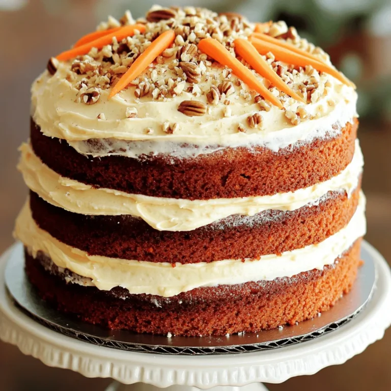 For a classic carrot cake, you need simple and fresh ingredients. Here’s what you’ll need: - 2 cups all-purpose flour - 2 cups granulated sugar - 1 teaspoon baking powder - 1 teaspoon baking soda - 1 teaspoon ground cinnamon - ½ teaspoon ground nutmeg - ½ teaspoon salt - 1 cup vegetable oil - 4 large eggs - 2 cups finely grated carrots (about 4 medium carrots) - 1 cup crushed pineapple, drained - 1 cup chopped walnuts (optional) - 1 teaspoon vanilla extract All-purpose flour and sugar form the base. They give the cake its structure and sweetness. Spices for flavor like cinnamon and nutmeg add warmth and depth. These spices make your cake smell amazing. Wet ingredients and mix-ins are key to moist cake. The vegetable oil keeps it tender, while the eggs help it rise. Grated carrots add sweetness and texture. Crushed pineapple gives extra moisture and a hint of tang. You can add walnuts for crunch, or leave them out if you prefer. For the full recipe, check the [Full Recipe]. First, you need to preheat your oven to 350°F (175°C). This step is key. A hot oven helps the cake rise and bake evenly. While the oven heats, grease and flour two 9-inch round cake pans. This prevents the cake from sticking. Use a cooking spray or butter to coat the pans well. Flour them lightly to make sure the cake releases easily. Using the right pans is important. Round pans help the cake bake evenly. If you use a different shape, adjust the baking time. Next, let’s mix the dry ingredients. In a large bowl, combine 2 cups of all-purpose flour, 2 cups of granulated sugar, 1 teaspoon of baking powder, 1 teaspoon of baking soda, 1 teaspoon of ground cinnamon, ½ teaspoon of ground nutmeg, and ½ teaspoon of salt. Whisk these together. This helps blend the flavors and ensures even baking. To avoid lumps, sift the flour and sugar before mixing. This simple step makes a big difference in the final texture of the cake. Now, let’s move to the wet ingredients. In another bowl, whisk together 1 cup of vegetable oil and 4 large eggs. Mix until smooth. Then, add 2 cups of finely grated carrots, 1 cup of crushed pineapple (make sure it’s drained), and 1 teaspoon of vanilla extract. If you want, you can add 1 cup of chopped walnuts for crunch. Mix these ingredients well. This mixture adds moisture and flavor to your cake. It’s time to bake! Gradually add the wet mixture to the dry ingredients. Gently fold them together until just combined. Be careful not to overmix. This can make your cake tough. Divide the batter evenly between the two prepared pans. Bake in the preheated oven for 25-30 minutes. To check if it's done, insert a toothpick into the center. If it comes out clean, the cake is ready. Once baked, remove the cakes and let them cool in the pans for 10 minutes. After that, transfer them to a wire rack to cool completely. For the full recipe, check out the complete instructions above. To get a great texture in your carrot cake, avoid overmixing. When you mix the wet and dry ingredients, do it gently. You want to combine them just until you see no dry flour. Overmixing can lead to a tough cake. Measuring ingredients accurately is key. Use a kitchen scale if you have one. If not, spoon flour into your measuring cup and level it off. Too much flour can make your cake dry. For that classic taste, cream cheese frosting is a must. Softened cream cheese works best. Mix it with unsalted butter, powdered sugar, and vanilla. Beat until it’s smooth and creamy. This frosting really adds to the flavor. If you want to try something else, consider a simple buttercream. Just mix butter, sugar, and a splash of milk. You can add lemon juice or zest for a fresh twist. How you present your carrot cake can make a big difference. You could sprinkle chopped walnuts on top for a nice crunch. Thin slices of carrot can add color and charm. For serving, slice the cake into even pieces. Use a sharp knife dipped in warm water for clean cuts. Serve it on a pretty cake stand to impress your guests. Enjoy your delicious creation! For a complete guide, check out the Full Recipe. {{image_2}} If you want to make this carrot cake fit your diet, it's easy to adjust! - Gluten-free alternatives: Swap all-purpose flour for a gluten-free blend. Look for one that works for baking. This will keep your cake light and fluffy. - Vegan substitutions: Replace the eggs with flaxseed meal or applesauce. Use plant-based oil and dairy-free cream cheese for frosting. Your cake will still taste amazing! Changing flavors can make your carrot cake special! - Adding fruits or nuts: You can mix in raisins, coconut, or apples for more flavor. Chopped pecans or almonds can add a nice crunch too. - Spice adjustments for different tastes: If you love spice, add more cinnamon or try ginger. You can even add cardamom for a unique twist. Adjust based on what you enjoy! You can change the style of your cake too! - Making a layered cake: Divide the batter into three pans instead of two. Stack the layers with cream cheese frosting in between. This will add height and wow your guests! - Converting the recipe into cupcakes: Use a muffin tin instead of cake pans. Fill each cup about two-thirds full. Bake for 18-20 minutes. You’ll have cute, easy-to-serve carrot cake cupcakes! For more details, check the Full Recipe to enjoy this classic treat! You can store your carrot cake at room temperature or in the fridge. If you plan to eat it within a few days, keep it at room temperature. Use a cake dome or wrap it in plastic wrap. This helps keep it moist. If you want it to last longer, refrigerate it. The fridge slows down spoilage, but it may dry out the cake. To keep it fresh in the fridge, cover it well. Freezing carrot cake is a great way to save leftovers. First, let the cake cool completely. Then, wrap each piece in plastic wrap. This layer helps prevent freezer burn. After wrapping, place the cake in a freezer bag or airtight container. Label it with the date. To thaw the cake, take it out of the freezer. Leave it in the fridge overnight. This slow thaw helps keep the cake moist. If you're in a hurry, you can thaw it at room temperature for a few hours instead. For the best taste, use frozen cake within three months. You can find the full recipe for carrot cake above. To make your carrot cake more moist, add extra oil or crushed pineapple. Both ingredients bring moisture and flavor. You can also use grated apples or yogurt. These ingredients help keep the cake soft and tender. Avoid overbaking, as that can dry out your cake. Check for doneness with a toothpick. If it comes out clean but the cake feels dry, it may have baked too long. Yes, you can swap walnuts for other nuts, like pecans or almonds. Both options add a nice crunch and flavor. If you want to skip nuts entirely, that's fine too! The cake will still taste great without them. Just make sure to keep the texture in mind. You could add raisins or shredded coconut for added depth. Frosting a layered carrot cake is simple. Start with a smooth, even base. Place one layer on a cake stand. Spread a layer of frosting on top. Then, add the second layer and frost the top and sides. Use a spatula for a smooth finish. You can create a pattern or texture for a beautiful look. For extra touch, sprinkle some chopped nuts on top. To modify the recipe for allergies, consider these swaps: use gluten-free flour for those with gluten issues. For egg allergies, try a flaxseed or chia seed mixture. Combine one tablespoon of seeds with three tablespoons of water to replace one egg. For dairy allergies, use a dairy-free cream cheese for frosting. Always check labels to ensure all ingredients are safe for your needs. For the full recipe, refer to the earlier section. You learned the key ingredients and steps for making classic carrot cake. I shared tips for texture, frosting, and creative serving ideas. Dietary adjustments and flavor variations make this cake even more exciting. Remember to store your cake properly and know how to freeze it. Now, you can enjoy a delicious carrot cake that suits your taste. With these skills, you’ll impress family and friends at your next gathering. Happy baking!