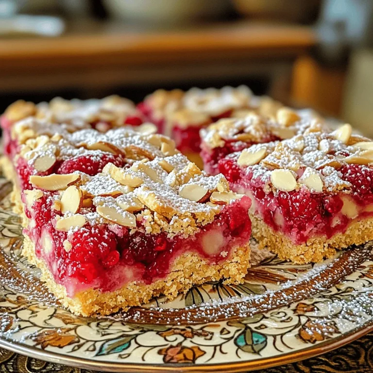 These bars need a few main ingredients to shine. Here’s what you’ll need: - 1 cup unsalted butter, softened - 3/4 cup powdered sugar - 1 teaspoon vanilla extract - 2 cups all-purpose flour - 1/4 teaspoon salt - 1 cup almond meal (finely ground almonds) - 1 cup fresh raspberries (or frozen, thawed and drained) - 1/4 cup sliced almonds (for topping) These key ingredients create a rich, buttery base and a fruity filling. The almond meal adds a nice texture and flavor. You can enhance your bars with a couple of optional ingredients. Consider adding: - 1 tablespoon granulated sugar (for sprinkling) This sugar gives a sweet crunch on top of the berries. It’s a small touch that can make a big difference. If you need to swap ingredients, here are some ideas: - Butter: Use coconut oil for a dairy-free option. - Powdered Sugar: Blend granulated sugar until fine if you run out. - Almond Meal: Try ground walnuts or hazelnuts for a different flavor. - Raspberries: Any berry works great here, like blueberries or strawberries. These substitutes let you customize the recipe based on what you have at home. For the complete guide, check the Full Recipe. First, gather your ingredients. You will need butter, powdered sugar, vanilla, flour, salt, almond meal, and raspberries. 1. Preheat your oven to 350°F (175°C). 2. Line a 9x9-inch baking pan with parchment paper. Leave some paper hanging over the edges. This helps with easy removal later. 3. In a bowl, cream the softened butter and powdered sugar. Mix until it looks light and fluffy. 4. Add in the vanilla extract and stir well. 5. Gradually mix in the all-purpose flour, almond meal, and salt. Stir until the dough forms. Now, let’s bake the bars. 1. Take two-thirds of the dough and press it into the bottom of the pan. This is your shortbread base. 2. Evenly spread your fresh raspberries over the base. If you want, sprinkle some granulated sugar on top for extra sweetness. 3. Crumble the leftover dough over the raspberries. Let some berries peek through for a pretty look. 4. Sprinkle sliced almonds on top for crunch. 5. Bake in the oven for 30-35 minutes. The top should turn golden brown. The edges will feel a bit firm. Once the bars are baked, it’s time to cool and serve them. 1. Remove the pan from the oven and let the bars cool completely in the pan. 2. When cool, lift the bars out using the parchment paper overhang. 3. Cut them into squares. 4. For a nice touch, dust the finished bars with powdered sugar before serving. You can also add fresh raspberries on the side. Enjoy these delicious Raspberry Almond Shortbread Bars! For the full recipe, refer to the earlier section. For the best Raspberry Almond Shortbread Bars, use softened butter. This helps create a creamy texture. Make sure to measure your flour correctly. Too much flour can make the bars dry. Use a spoon to scoop it into your measuring cup, then level it off. When mixing the batter, don’t overwork it. Mix until just combined for a tender shortbread. Also, bake the bars until golden brown for the best flavor and texture. Check them around 30 minutes in. These bars taste great warm or at room temperature. Cut them into squares and serve on a nice plate. They go well with tea or coffee. You can also add a scoop of vanilla ice cream on the side for a sweet treat. If you want some crunch, add crushed almonds on top when serving. You can even layer your bars with a dollop of whipped cream for extra creaminess. Make your bars look special by dusting them with powdered sugar. This adds a nice touch. Place fresh raspberries around the bars on the plate for a pop of color. Use a beautiful platter to serve, as it makes everything look more appealing. If you want to impress your guests, consider adding mint leaves as a garnish. They add a fresh look and aroma. For an elegant finish, drizzle a bit of melted chocolate over the bars before serving. For the full recipe, check out the detailed instructions above. {{image_2}} You can change the raspberries to other fruits. Try blueberries, strawberries, or blackberries. Each fruit brings its own taste. Blueberries add a sweet burst. Strawberries offer a fresh flavor. Blackberries give a tart kick. You can mix and match fruits too. This keeps the recipe fun. If you want a nut-free version, use sunflower seed meal. This keeps the texture smooth. You can also use coconut flour for a tropical twist. Almonds offer a great crunch, but walnuts or pecans work well too. They bring different flavors to the bars. Choose what you like best. For a lighter treat, use less butter. Substitute half the butter with unsweetened applesauce. This cuts calories but keeps moisture. You can use whole wheat flour for added fiber. If you prefer less sugar, try using honey or maple syrup. Adjust the sweetness to your taste. To keep your Raspberry Almond Shortbread Bars fresh, store them in an airtight container. This keeps moisture out and flavor in. Place parchment paper between layers if stacking. This prevents sticking and keeps them neat. You can also wrap each bar in plastic wrap for added protection. Freezing is a great option for longer storage. First, let the bars cool completely. Once cool, cut them into squares. Wrap each square in plastic wrap and place them in a freezer-safe bag. Squeeze out the air before sealing the bag. You can freeze them for up to three months. When ready to eat, let them thaw in the fridge overnight. When stored properly, the Raspberry Almond Shortbread Bars last about one week at room temperature. They stay fresh in the fridge for up to two weeks. If you freeze them, remember to enjoy them within three months for the best taste. For the full recipe, check out the earlier section. Yes, you can use frozen raspberries. Just thaw and drain them first. Frozen berries work well and still taste great in these bars. They might be a bit softer than fresh ones, but they will add that lovely tart flavor. I recommend using sliced almonds for topping. They add a nice crunch and flavor. You can also use whole almonds, but slice them for better texture. If you want a deeper almond taste, use almond meal in the dough. Look for a golden-brown top. The edges should feel a bit firm. You can also insert a toothpick in the center. If it comes out clean, the bars are done. Make sure not to overbake them to keep them soft. Yes, you can! Just swap the all-purpose flour for a gluten-free blend. Make sure the blend you choose works for baking. Also, check that your almond meal is gluten-free to keep everything safe for those with gluten allergies. Absolutely! Doubling the recipe is easy. Just use a larger baking pan, like a 9x13-inch one. Keep an eye on the baking time. It may take a little longer to cook through, so check for that golden-brown color. For the full recipe, check the earlier section! You learned about making delicious Raspberry Almond Shortbread Bars. We covered the main ingredients, baking steps, tips for success, tasty variations, and storage advice. Baking becomes easier when you know these details. Feel free to mix ingredients to match your taste. These bars are simple, fun, and great for sharing. Enjoy your baking and share your tasty results! Happy cooking!