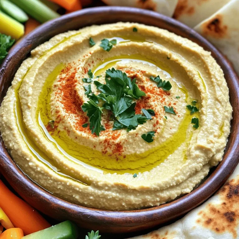 To make roasted garlic hummus, you will need: - 1 cup canned chickpeas, drained and rinsed - 1/4 cup tahini - 3-4 cloves of garlic, roasted - 2 tablespoons lemon juice - 2 tablespoons olive oil (plus extra for drizzling) - 1 teaspoon ground cumin - Salt to taste - Water (as needed for consistency) - Fresh parsley, chopped (for garnish) - Paprika (for garnish) - Chickpeas: High in protein and fiber, they help with digestion. - Tahini: Made from sesame seeds, it is rich in healthy fats and calcium. - Garlic: Good for heart health and boosts the immune system. - Lemon Juice: Provides vitamin C and adds a zesty flavor. - Olive Oil: Contains healthy fats and antioxidants. You can swap some ingredients if needed: - Chickpeas: Use cooked white beans for a different flavor. - Tahini: Almond or sunflower seed butter works well too. - Garlic: Use garlic powder if you do not have fresh garlic. - Lemon Juice: Lime juice can be a good alternative. - Olive Oil: Any neutral oil can replace olive oil if necessary. Creating this roasted garlic hummus is simple and fun. For the full recipe, check out the details above. Enjoy making this tasty treat! To make roasted garlic hummus, follow these simple steps. First, preheat your oven to 400°F (200°C). Wrap the garlic cloves in foil. Roast them for 20-25 minutes until soft and sweet. Let the garlic cool a bit before using. Next, drain and rinse the chickpeas. In a food processor, add the chickpeas, tahini, roasted garlic, lemon juice, olive oil, ground cumin, and a pinch of salt. Blend these ingredients until smooth. If the mixture is too thick, add water one tablespoon at a time. Blend again until you reach the right consistency. Taste it, and adjust the salt if needed. Once smooth, spoon the hummus into a serving dish. Make a small well in the center. Drizzle some olive oil on top. Roasting garlic is easy and fun! Start by choosing fresh garlic bulbs. Peel off the outer layers, but keep the cloves intact. Cut the top off the bulb to expose the cloves slightly. Drizzle the exposed cloves with olive oil. Wrap the bulb tightly in foil to keep it moist. Place it in the oven and roast. You will know it's done when the cloves are soft and golden brown. Roasted garlic adds a rich flavor to your hummus. To get the perfect hummus texture, it’s all about balance. If your hummus is too thick, add a little water and blend again. The water should help it become creamy. For a more vibrant taste, you can add more lemon juice. Always taste your hummus before serving. If you want it smoother, blend a bit longer. Remember, you can customize it to your liking! Enjoy this tasty recipe for roasted garlic hummus. You can find the full recipe above. To keep your roasted garlic hummus fresh, store it in an airtight container. This helps prevent it from drying out. You can keep it in the fridge for up to a week. If you want to store it longer, freeze it. Just make sure to leave some space in the container for expansion as it freezes. Roasted garlic hummus is great with many foods. Try serving it with warm pita bread or fresh veggie sticks. You can also add it to a mezze platter with olives and stuffed grape leaves. For a fun twist, use it as a spread on sandwiches or wraps. To boost the flavor, add herbs and spices. Fresh herbs like parsley or cilantro can brighten it up. You can also mix in some cumin or smoked paprika for a deeper taste. If you like heat, consider adding cayenne pepper or a dash of chili powder. For more ideas, check out the Full Recipe. {{image_2}} You can make many types of hummus. For a spicy kick, add chili flakes or jalapeños. This gives the hummus a fun heat. If you want a sweet twist, try beetroot. It adds color and a rich taste. Just blend cooked beetroot into your hummus for a vibrant dish. Feel free to get creative! Add roasted red peppers for a smoky flavor. You can mix in sun-dried tomatoes for extra zest. A handful of olives can make it briny and bold. Herbs like basil or cilantro also add fresh taste. Each of these options adds a new layer of flavor. Hummus pairs well with many dips. Try serving it with tzatziki for a cool contrast. Baba ghanoush is another great choice. It adds a creamy, smoky flavor that goes well with hummus. You can also serve it with a spicy salsa for a fun dip platter. Mix and match your dips to make an exciting spread! For the full recipe, check out the Roasted Garlic Hummus section. To keep your roasted garlic hummus fresh, store it in an airtight container. Make sure the lid closes tightly. This helps to keep out air and moisture, which can spoil the hummus. Place the container in the fridge right after you finish serving. Always use a clean spoon to scoop out your hummus. This prevents germs from getting in. Homemade roasted garlic hummus lasts about 4 to 7 days in the fridge. If you want to keep it longer, freezing works great. Put the hummus in a freezer-safe container or bag. Leave some space at the top, as it will expand when frozen. It can last up to three months in the freezer. When you are ready to eat it, let it thaw in the fridge overnight. Check your hummus before using it. If you see mold on top, throw it away. Also, if it smells sour or off, do not eat it. A change in texture can be a sign too. If it seems very watery or has a strange color, it is best to discard it. Always trust your senses when it comes to food safety. To make roasted garlic hummus, follow these steps: 1. Roast the Garlic: Preheat your oven to 400°F. Wrap garlic cloves in foil and roast for 20-25 minutes. They should be soft and sweet. 2. Blend Ingredients: In a food processor, add 1 cup of drained chickpeas, 1/4 cup tahini, the roasted garlic, 2 tablespoons of lemon juice, 2 tablespoons of olive oil, 1 teaspoon of ground cumin, and salt. 3. Process to Smooth: Blend until smooth. If it is thick, add water slowly until it reaches the right consistency. 4. Serve: Spoon it into a dish, create a well in the center, and drizzle with olive oil. 5. Garnish: Top with chopped parsley and paprika. You can find the full recipe above. Serve hummus with warm pita bread, fresh veggies, and crunchy crackers. It works great as a dip or spread. You can make a mezze platter with olives and stuffed grape leaves for more variety. Hummus is also tasty on sandwiches or wraps. Yes, many stores sell roasted garlic hummus. Look for it in the refrigerated section. Brands may vary in taste and texture. Homemade hummus tastes fresher and can be tailored to your liking. Roasted garlic hummus is nutritious. Here are some benefits: - High in Protein: Chickpeas provide plant-based protein. - Rich in Fiber: Good for digestion and keeps you full. - Heart-Healthy Fats: Olive oil adds healthy fats. - Antioxidants: Garlic has properties that may support your immune system. Enjoying hummus can add flavor and nutrition to your meals! Roasted garlic hummus combines rich flavors with simple steps. We covered key ingredients, cooking tips, and variations. You can customize it to your liking, whether you prefer spicy or herb-infused flavors. Storing it right ensures freshness, and knowing spoilage signs keeps you safe. Enjoy making this delicious dip at home. With practice, you’ll master the craft of creating tasty hummus that impresses everyone. It's easy, fun, and healthy! Enjoy the process of making something special for yourself and others.