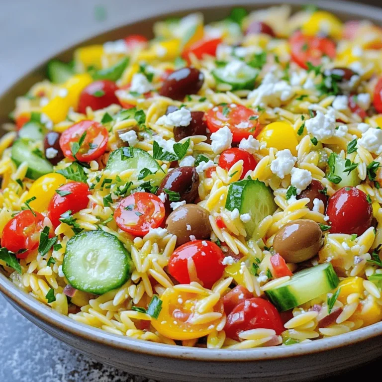 - 1 cup orzo pasta - 2 cups vegetable broth - 1 cup cherry tomatoes, halved - 1 cucumber, diced - 1 cup Kalamata olives, pitted and sliced - 1 bell pepper (any color), diced - ½ red onion, finely chopped - 1 cup feta cheese, crumbled - ¼ cup fresh parsley, chopped I love using orzo pasta in this salad. It cooks quickly and adds a nice texture. The fresh veggies bring color and crunch. Cherry tomatoes add sweetness, while cucumbers keep it cool. Kalamata olives add briny flavor, and bell peppers give a pop of color. Red onion adds a slight bite, and feta cheese brings creaminess and saltiness to the mix. Fresh parsley adds a burst of green and freshness. - 2 tablespoons olive oil - 2 tablespoons red wine vinegar (or lemon juice) - 1 teaspoon dried oregano - Salt and pepper to taste The dressing is simple but full of flavor. Olive oil gives richness, while vinegar or lemon juice adds tang. Dried oregano brings that classic Greek taste. I always season with salt and pepper for balance. - Fresh herbs - Extra feta cheese You can make this salad even better with garnishes. Fresh herbs like dill or more parsley brighten up the dish. Extra feta cheese adds more creaminess and flavor. To start, bring 2 cups of vegetable broth to a boil in a medium saucepan. This broth adds great flavor to the orzo. Once boiling, add 1 cup of orzo pasta. Cook it for about 9 to 10 minutes. I like to check the pasta for al dente texture. When done, drain the orzo and rinse it under cold water. This stops the cooking process and keeps it nice and firm. While the orzo cooks, chop your fresh vegetables. Use 1 cup of halved cherry tomatoes, 1 diced cucumber, 1 diced bell pepper, and ½ finely chopped red onion. Place all the chopped veggies in a large mixing bowl. Once the orzo cools, add it to the bowl with the veggies. Now, stir in 1 cup of sliced Kalamata olives and 1 cup of crumbled feta cheese. This mix is colorful and full of flavor! Next, we’ll make the dressing. In a small bowl, whisk together 2 tablespoons of olive oil, 2 tablespoons of red wine vinegar (or lemon juice if you prefer), 1 teaspoon of dried oregano, and some salt and pepper to taste. Pour this dressing over the salad mixture. Toss gently to combine everything well. Finally, fold in ¼ cup of chopped fresh parsley for an extra burst of flavor. For the best taste, chill the salad for at least 30 minutes before serving. If you want the full recipe, check out Mediterranean Orzo Delight . To cook orzo perfectly, always aim for al dente. This means the pasta should be firm but not hard. Follow the package instructions carefully, usually around 9-10 minutes in boiling vegetable broth. After cooking, drain the orzo. Rinse it under cold water to stop the cooking process. This step keeps the orzo from getting mushy. For the best flavor, use fresh herbs like parsley and oregano. They add brightness to the dish. When mixing ingredients, do it gently. This way, the orzo stays intact, and the veggies remain crisp. Tossing the salad with the dressing is key. It helps each bite burst with flavor. Add salt and pepper to taste for balance. For presentation, serve the salad in a large, shallow bowl. Garnish with extra parsley and a sprinkle of feta on top. This makes it look fresh and inviting. You can pair the orzo salad with grilled chicken or fish. It complements the main dish and adds a colorful touch to your meal. Enjoy! {{image_2}} You can easily switch out some veggies in this salad. If you don’t have cherry tomatoes, try diced bell peppers. They add crunch and color. Zucchini or radishes can also work well. If you want more greens, add spinach or arugula. For cheese, feta is classic, but you can try goat cheese or mozzarella. Both options give a nice creamy touch. If you need a dairy-free choice, look for vegan feta. It’s tasty and keeps the salad fresh. Adding proteins can make this salad more filling. Grilled chicken or shrimp works great. If you want a plant-based option, add chickpeas or black beans. They add protein and flavor. For dressings, use a lemon vinaigrette for a zesty kick. A balsamic glaze can add a sweet touch. You can also mix in herbs like basil or dill for more depth. If you’re looking for gluten-free options, use gluten-free orzo. There are great brands that taste just like regular pasta. You can also use quinoa or rice instead. For vegan adaptations, skip the feta cheese and choose a plant-based dressing. Add extra veggies or nuts for crunch. This way, everyone can enjoy a tasty meal. To keep your Greek orzo salad fresh, use airtight containers. Glass or plastic containers work well. Make sure the lid seals tightly. This helps block air and moisture. Store the salad in the fridge. Keep it there for the best taste. When you store it, layer the salad. Start with the orzo, then add the veggies, olives, and feta on top. This keeps the flavors separate until you eat. Doing this prevents sogginess. You can eat Greek orzo salad cold or warm. Cold is great for a refreshing snack. If you want to reheat it, use a pan on low heat. Stir gently to warm it without cooking the veggies. This keeps the salad's crunch. If you decide to heat it, add a little olive oil. This helps keep the texture nice and smooth. The salad lasts about 3 to 5 days in the fridge. Check for signs of spoilage. If it smells sour or looks slimy, it’s best to toss it. The veggies should stay crisp and colorful. If they start to brown or wilt, it’s time to say goodbye. Enjoy your Greek orzo salad while it’s fresh! You can find the Full Recipe and other tips in the content above. To cook orzo pasta, follow these steps: 1. Bring 2 cups of vegetable broth to a boil in a medium saucepan. 2. Add 1 cup of orzo pasta to the boiling broth. 3. Cook according to the package instructions, usually about 9-10 minutes. 4. Once cooked, drain the orzo and rinse it under cold water. 5. This stops the cooking and cools it down for your salad. Cooking orzo is simple. It becomes soft but still firm, known as al dente. This texture works best in salads. Yes, you can make Greek orzo salad in advance. Here are some tips: - Prepare the salad up to a day ahead. - Store it in an airtight container in the fridge. - This allows the flavors to meld and improve. If you do this, dress the salad only before serving. It keeps the veggies crisp and fresh. You can add many tasty ingredients to your Greek orzo salad. Here are some ideas: - Grilled chicken or shrimp for protein. - Roasted red peppers for a sweet flavor. - Spinach or arugula for extra greens. - Artichoke hearts for a unique touch. Other common questions include using different types of cheese. You can try goat cheese or mozzarella instead of feta. You can find the Full Recipe for this dish at Mediterranean Orzo Delight . This recipe gives you all the details you need! In this blog post, we explored how to make a delicious Greek orzo salad. We covered essential ingredients like orzo, fresh veggies, and feta cheese. You learned how to cook orzo, prepare the salad, and mix the perfect dressing. Remember, you can adjust flavors and add proteins for variety. Store leftovers properly to enjoy later, and always check for freshness. This salad is a tasty and healthy option that can fit any meal plan. Now, go ahead and create your Mediterranean masterpiece!