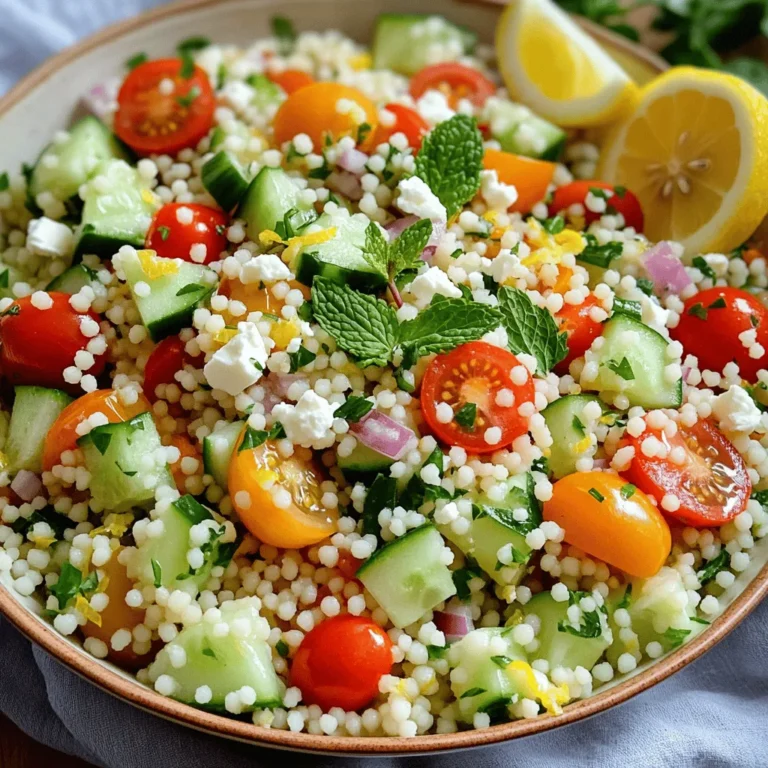 To make a tasty lemon herb couscous salad, you need some key ingredients. Here’s what you should gather: - 1 cup couscous - 1 1/4 cups vegetable broth - 1 cup cherry tomatoes, halved - 1 cucumber, diced - 1 red bell pepper, diced - 1/4 cup red onion, finely chopped - 1/4 cup fresh parsley, chopped - 1/4 cup fresh mint, chopped - Zest and juice of 1 large lemon - 3 tablespoons olive oil - Salt and pepper to taste - Feta cheese, crumbled (optional) These ingredients blend well to create a fresh and vibrant dish. Couscous serves as the base. It has a light texture that soaks up flavors. Vegetables add crunch and color. Herbs bring a burst of taste, while lemon gives it a zing. You can customize your salad with some optional items. Here are a few ideas to consider: - Avocado, diced - Bell pepper in different colors - Chickpeas for protein - Nuts like almonds or pine nuts for crunch These add-ins make the salad even more exciting. You can mix and match based on what you like. Each option can change the flavor and texture. Using fresh herbs makes a big difference in flavor. Fresh parsley and mint add brightness to the dish. They give it a garden-fresh taste. Dried herbs can work too, but they are less intense. If you use dried herbs, use about one-third of the amount. I prefer fresh herbs for this salad. They make the dish feel lively and appealing. A simple swap can change how the meal tastes. Try to use what you enjoy most for the best results. For the full recipe, check [Full Recipe]. To start, bring 1 1/4 cups of vegetable broth to a boil in a medium saucepan. Boiling broth helps the couscous cook evenly. Once it boils, remove the pot from the heat. Add 1 cup of couscous to the pot and give it a quick stir. This keeps the grains from sticking together. Cover the pot with a lid and let it sit for about 5 minutes. During this time, the couscous will absorb the broth and puff up. After 5 minutes, use a fork to fluff the couscous gently. Allow it to cool slightly before mixing it with the salad. In a large bowl, gather your fresh vegetables. Add 1 cup of halved cherry tomatoes, 1 diced cucumber, and 1 diced red bell pepper. Next, toss in 1/4 cup of finely chopped red onion, 1/4 cup of fresh parsley, and 1/4 cup of fresh mint. These bright ingredients bring color and taste. After adding the cooled couscous to the bowl, combine everything gently. Mixing it well ensures that every bite is full of flavor. To make the dressing, grab a small bowl. Whisk together the zest and juice of 1 large lemon, along with 3 tablespoons of olive oil. Add salt and pepper to taste. This dressing will brighten up your salad. Once mixed, pour it over the couscous salad. Gently toss the salad to coat all the ingredients in the dressing. Taste it, and adjust the seasoning if needed. If you like, sprinkle crumbled feta cheese on top before serving. This adds a creamy touch that pairs well with the fresh flavors. For the complete recipe, check out the Full Recipe. To fluff couscous, let it sit covered for about five minutes. After that, use a fork to gently stir it. This method helps separate the grains. If you see clumps, just keep fluffing! The steam helps the couscous become light and fluffy. This step is key to a great salad. Store any leftover salad in an airtight container. It stays fresh in the fridge for up to three days. To serve, bring it to room temperature. This allows the flavors to shine. You can also add extra olive oil or lemon juice before serving for an extra zing. You can boost the flavor of this dish easily. Consider adding: - Chopped olives for saltiness - Avocado for creaminess - Grilled chicken for protein - Nuts for crunch These additions add depth and make the salad more filling. For a twist, try adding spices like cumin or paprika. These spices can bring warmth and excitement to the dish. You can find the full recipe above to explore how to create this vibrant meal. {{image_2}} To make your Lemon Herb Couscous Salad even better, try adding Mediterranean flavors. You can mix in some olives, sun-dried tomatoes, or artichokes. These ingredients bring a salty taste and a unique texture to the dish. You might also add some roasted red peppers or capers for an extra kick. If you love cheese, try adding goat cheese or feta for creaminess. These simple changes can make your salad pop with flavor. If you need a vegan option, just skip the feta cheese. The salad is already plant-based and full of healthy ingredients. For a gluten-free version, swap couscous with quinoa or millet. Both grains cook well and have a nice texture. They will still absorb the lemon and herb flavors. This way, everyone can enjoy this tasty salad without worry. You can change the salad based on what is in season. In spring, add fresh peas or asparagus. In summer, consider using ripe peaches or strawberries for sweetness. In fall, roasted butternut squash or brussels sprouts can bring warmth. In winter, use hearty greens like kale or spinach. Each season gives you a chance to try new flavors and keep the salad fresh. You can find the full recipe to guide your choices! To store leftover Lemon Herb Couscous Salad, place it in an airtight container. Make sure to seal it well to keep out air. Store the salad in the fridge. It will stay fresh for about three days. If you added feta cheese, it may last a bit less. The cheese can make the salad soggy over time. If you want to reheat couscous, it is best to add a splash of water. Place the couscous in a microwave-safe dish. Cover it with a damp paper towel to keep the moisture in. Heat it for about 30 seconds, then check if it is warm. Stir it and heat for another 30 seconds if needed. Most of the ingredients in this salad have a good shelf life. Couscous can last for months in your pantry. Fresh vegetables like cucumbers and bell peppers should be used within a week. Fresh herbs, like parsley and mint, are best used within a few days. Lemon juice can last about a week in the fridge. Always check for freshness before use. For the complete recipe, refer to the Full Recipe mentioned earlier. To make couscous from scratch, you need semolina flour and water. First, mix the semolina flour with water until it forms small granules. Next, let it dry for a few hours. After drying, steam the granules for about 10 minutes. Fluff it with a fork, and it’s ready! This method may take time, but the fresh taste is worth it. Yes, you can prepare the salad in advance. Make the couscous and mix it with the veggies. You can store it in the fridge for up to 2 days. Just keep the dressing separate until you are ready to serve. This helps the salad stay fresh and tasty. When you're ready, add the dressing and mix well. Couscous offers many health benefits. It is a whole grain, so it has fiber. This helps with digestion and keeps you full longer. Couscous is also low in fat and high in protein, making it a great choice for meals. It provides essential vitamins and minerals, like selenium, which supports your immune system. Overall, couscous is a healthy and nutritious grain to include in your diet. You learned about making a tasty Lemon Herb Couscous Salad. We covered key ingredients, mixing steps, and tips for a great dish. I shared how to use fresh and dried herbs, plus variations to fit your taste. Storing leftovers and answers to common questions help you enjoy this salad longer. This dish is simple and healthy. You can make it your own with each bite. Enjoy your cooking journey!