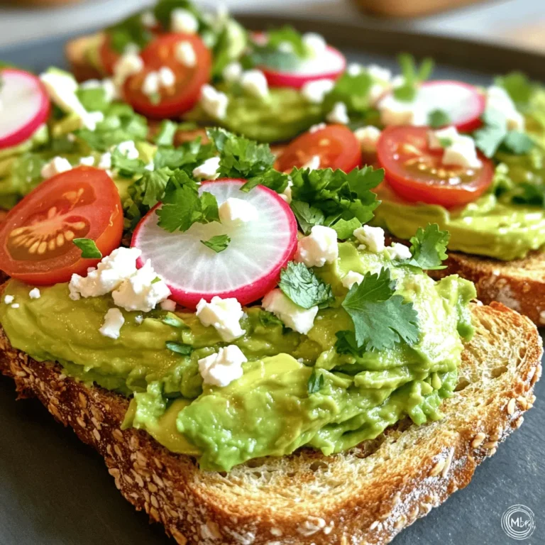- 2 ripe avocados - 4 slices of whole-grain bread - 1 small red onion, finely chopped - 1 small jalapeño, deseeded and minced - 1 clove of garlic, minced - Juice of 1 lime - Salt and black pepper, to taste - 1/4 cup feta cheese, crumbled - 1/4 cup fresh cilantro or parsley, chopped - Optional toppings: cherry tomatoes, radishes, or poached eggs To create a tasty smashed avocado toast, you need fresh ingredients. The key is ripe avocados. They should feel soft when you press them gently. Whole-grain bread adds a hearty base, giving your toast a nice crunch. Finely chopped red onion adds a sweet bite that balances the creaminess of the avocado. Next, for zing, add minced jalapeño. It gives a nice kick without being too spicy. The garlic adds depth, while lime juice brightens the mix. Don't forget to season with salt and black pepper for flavor. For garnishing, crumbled feta cheese adds creaminess and a bit of saltiness. Fresh cilantro or parsley gives a pop of color and freshness. Feel free to add optional toppings like cherry tomatoes or radishes for extra flavor and texture. You can even top with a poached egg for a protein boost. You can find the full recipe [here](#). Toast the whole-grain bread until golden brown. Use a toaster or a pan. Set the toasted bread aside. This gives it a nice crunch. Start by cutting the avocados in half. Remove the pit carefully. Scoop the flesh into a mixing bowl. Add minced garlic, chopped red onion, and minced jalapeño. Squeeze in the juice of one lime. Season with salt and black pepper. Mash the mixture with a fork. You can make it smooth or chunky—it's up to you! Taste it and adjust the seasoning if needed. Spread the avocado mixture generously onto each slice of toasted bread. Add crumbled feta cheese on top. Sprinkle with chopped cilantro or parsley for freshness. You can also get creative with toppings! Try cherry tomatoes, radishes, or even a poached egg for extra flavor. Enjoy your simple yet delicious smashed avocado toast! For a complete guide, check out the Full Recipe. To get the right texture for your smashed avocado, use a fork to mash. For a smooth mix, mash until creamy with no lumps. If you like it chunkier, mash less. Keep the skin and pit of the avocado to help it stay fresh longer. Fresh avocados make a big difference in taste. Look for ripe ones that yield slightly when pressed. Add a pinch of salt and pepper to boost flavor. You can also try red pepper flakes for heat. A sprinkle of cumin or smoked paprika adds depth. For a twist, mix in a splash of balsamic vinegar. Pair your toast with toppings like sliced cherry tomatoes or a poached egg for extra flavor. Fresh herbs like basil or dill brighten your dish. For a stunning plate, stack your toast on a wooden board. Add a colorful side salad or sliced fruit. Use a fork to create swirls when spreading avocado. Top with crumbled feta, herbs, or nuts for texture. A drizzle of olive oil or balsamic glaze adds shine and flavor. With these tips, your smashed avocado toast will look as good as it tastes. For the full recipe, check out the [Full Recipe]. {{image_2}} Smashed avocado toast is tasty on its own, but toppings make it even better. One popular choice is sliced cherry tomatoes. They add a sweet burst of flavor. Just slice them in half and sprinkle them on top. Another great option is radishes. To prepare them, wash and slice thinly. Their crunch adds texture, and they pair well with avocado. You can also sprinkle a little salt to enhance their taste. For a heartier meal, add protein. Poached or fried eggs work well. They add creaminess and a rich taste. To poach an egg, simmer water and add a little vinegar. Crack the egg in, and cook for three to four minutes. You can also try smoked salmon or bacon. Both give a savory flavor. Lay a few slices of smoked salmon on top for a gourmet feel. If you prefer bacon, cook it crispy and crumble it over the toast. If you're vegan, don't worry! You can still enjoy this dish. Skip the feta cheese and use a sprinkle of nutritional yeast instead. It gives a similar flavor without dairy. For those needing gluten-free options, choose gluten-free bread. Many brands offer tasty choices that hold up well with avocado. Just toast them like you would with regular bread, and enjoy your delicious meal. This recipe is all about personal taste. You can mix and match toppings to create the perfect smashed avocado toast. Check out the Full Recipe for more ideas! To store avocados, keep them whole until you're ready to use them. Once cut, squeeze lime juice on the flesh. This helps keep them green. Wrap the avocado tightly in plastic wrap or put it in an airtight container. You can store it in the fridge for one day. For leftover smashed avocado, keep it in a container with a lid. Press plastic wrap directly on the surface to reduce air exposure. It should last for up to two days in the fridge. To keep bread fresh before toasting, store it in a cool, dry place. Use a bread box or a paper bag. Avoid plastic bags as they trap moisture. If you have leftover toasted bread, reheat it in the oven or toaster. This makes it crispy again. Aim for about 5 minutes at 350°F (175°C). You can make the smashed avocado mixture ahead of time. Just store it in the fridge as mentioned before. When you are ready to eat, toast your bread and assemble it. For meal prepping, consider portioning the avocado mixture in small containers. This makes it easy to grab and go. Perfect for quick breakfasts or snacks! To keep your avocado fresh, use lime juice. The acid in lime slows browning. Always cover the avocado tightly if you have leftovers. You can also place it in an airtight container. Try pressing plastic wrap directly onto the surface of the avocado. This minimizes air exposure. Yes, you can use many types of bread. Whole-grain bread adds fiber and taste. Sourdough gives a nice tang. Gluten-free bread is also great for those who need it. Choose bread with a firm texture to hold toppings well. Healthy toppings boost the toast's nutrition. Consider adding sliced radishes for crunch. Cherry tomatoes add sweetness and color. A sprinkle of hemp seeds or chia seeds can add protein. You can also use microgreens for extra vitamins. Yes, Smashed Avocado Toast is vegan if you skip the feta cheese. Avocados are plant-based, making this dish suitable for vegans. You can use vegan cheese if you want a cheesy flavor without dairy. You can add protein in many ways. Top with a poached egg for a creamy texture. Sliced smoked salmon is also great. For a plant-based option, try chickpeas or black beans. These options enhance flavor and add nutrition. For the complete recipe, check out the Full Recipe. Smashed avocado toast is simple, tasty, and healthy. We explored the key ingredients, like ripe avocados and whole-grain bread. You learned how to prepare the bread, create the avocado mix, and assemble your dish for the perfect meal. Final thoughts: This toast is versatile with endless topping ideas. You can make it your own! Enjoy trying different flavors and combinations. Your breakfast, snack, or lunch will shine. Happy toasting!