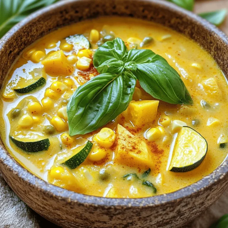 To make a tasty summer squash and corn chowder, you need a few key ingredients. These will create a warm and comforting dish. Here’s what you’ll need: - 2 medium summer squashes, diced - 1 cup fresh corn kernels (or frozen) - 1 medium onion, chopped - 2 cloves garlic, minced - 1 large potato, peeled and diced - 4 cups vegetable broth - 1 cup coconut milk - 1 teaspoon smoked paprika - 1 teaspoon thyme - Salt and pepper to taste - 2 tablespoons olive oil - Fresh basil leaves for garnish Each ingredient plays an important role. Summer squash brings a sweet, mild flavor. Corn adds a burst of sweetness. Onion and garlic give depth and aroma. The potato thickens the chowder and makes it hearty. Vegetable broth provides a savory base, while coconut milk adds creaminess and a hint of sweetness. Smoked paprika and thyme infuse the dish with warmth and earthiness. Salt and pepper enhance all the flavors. Finally, fresh basil leaves add a bright finish. You can find the full recipe [here](#). Enjoy gathering these ingredients for a delightful cooking experience! Sautéing the Vegetables Start with a large pot. Heat two tablespoons of olive oil over medium heat. Add one chopped onion. Sauté it for about 4-5 minutes. Wait until the onion turns soft and clear. Add two minced garlic cloves next. Cook for another minute. This will make the kitchen smell great! Cooking the Chowder Base Now, stir in two diced medium summer squashes and one peeled, diced potato. Cook this mix for about 5 minutes. Stir it often to avoid burning. Then, add one cup of fresh corn kernels. Pour in four cups of vegetable broth. Season with one teaspoon of smoked paprika and one teaspoon of thyme. Add salt and pepper to taste. Bring this mixture to a boil. Once it boils, reduce the heat. Let it simmer for 20 minutes. The vegetables should be tender when done. Blending the Mixture After simmering, stir in one cup of coconut milk. Cook for another 5 minutes to heat through. Now, use an immersion blender to blend the chowder. Blend it until you reach your desired texture. If you prefer a chunkier chowder, blend just half. Pour the blended mixture back into the pot. Taste the chowder and adjust the seasoning if needed. Enjoy this comfort food with fresh basil on top! You can find the full recipe [here]. Achieving the Right Consistency To get the right chowder thickness, blend part of the soup. Use an immersion blender for easy mixing. If you want a chunky texture, just blend half. This gives you a nice balance of smooth and solid. Flavor Enhancements Add a splash of lemon juice for a fresh taste. You can also stir in fresh herbs like parsley or cilantro. They brighten the flavors and make your chowder even better. A pinch of cayenne pepper gives a nice kick without being too spicy. Timing for Adding Ingredients Add the corn in the last few minutes of cooking. Corn cooks fast and keeps its sweet flavor. When you add coconut milk, do it at the end. This keeps it creamy and delicious. For more details on making this tasty dish, check the Full Recipe. {{image_2}} When making summer squash and corn chowder, you can switch up some ingredients. This helps tailor the dish to your taste. Dairy-Free Options If you want a creamy chowder without dairy, coconut milk is great. You can also use almond milk or oat milk for a lighter choice. They keep the dish rich without dairy. Adding Protein To make it heartier, add cooked chicken, shrimp, or bacon. Just stir them in before serving. They bring extra flavor and make the chowder more filling. Spice Level Adjustments Want a kick? Add a pinch of cayenne pepper or some diced jalapeños. For a milder taste, skip the spices or use sweet paprika instead. Adjust the heat to what makes your taste buds happy. Feel free to explore these variations to create your perfect bowl of summer squash and corn chowder. Check out the Full Recipe to get started! After enjoying your chowder, store leftovers properly to keep them safe and tasty. Refrigeration Guidelines Let the chowder cool down to room temperature. Transfer it to an airtight container. Store it in the fridge. It will stay fresh for about 4 to 5 days. Make sure to label the container with the date. Freezing Instructions If you want to keep it longer, freezing is a great option. Pour the cooled chowder into freezer-safe containers. Leave space at the top for expansion. It can last for about 2 to 3 months in the freezer. Thaw it in the fridge before reheating. Reheating Chowder Safely When you’re ready to enjoy your leftovers, reheat them slowly. You can use a pot on the stove over low heat. Stir often to avoid sticking. If it seems thick, add a little broth or water. You can also use a microwave. Heat in short bursts, stirring in between. Always check the temperature to make sure it’s hot all the way through. For the full recipe, check out Sunny Summer Squash & Corn Chowder. Can I use frozen vegetables? Yes, you can use frozen vegetables in this recipe. Frozen corn works great. Just add it at the same time as fresh corn. The flavor stays good, and the chowder will taste fresh. How long does it last in the fridge? This chowder lasts about 3 to 4 days in the fridge. Store it in an airtight container. Make sure to let it cool before sealing. It’s a perfect make-ahead meal for busy days. Can I substitute coconut milk with something else? You can swap coconut milk for almond milk or regular milk. They add creaminess too. However, the flavor will change a bit. Coconut milk gives a nice tropical taste to the chowder. If you want to keep it dairy-free, stick with almond milk. For the full experience, check out the Full Recipe. This article covered how to make a tasty summer squash and corn chowder. We discussed the needed ingredients, from fresh veggies to coconut milk. I shared step-by-step instructions to help you cook and blend the chowder. You also learned tips for the best texture and flavor, plus fun variations for different diets. Finally, the storage section will help keep your leftovers fresh. Now you can enjoy this easy, rewarding dish anytime you want!