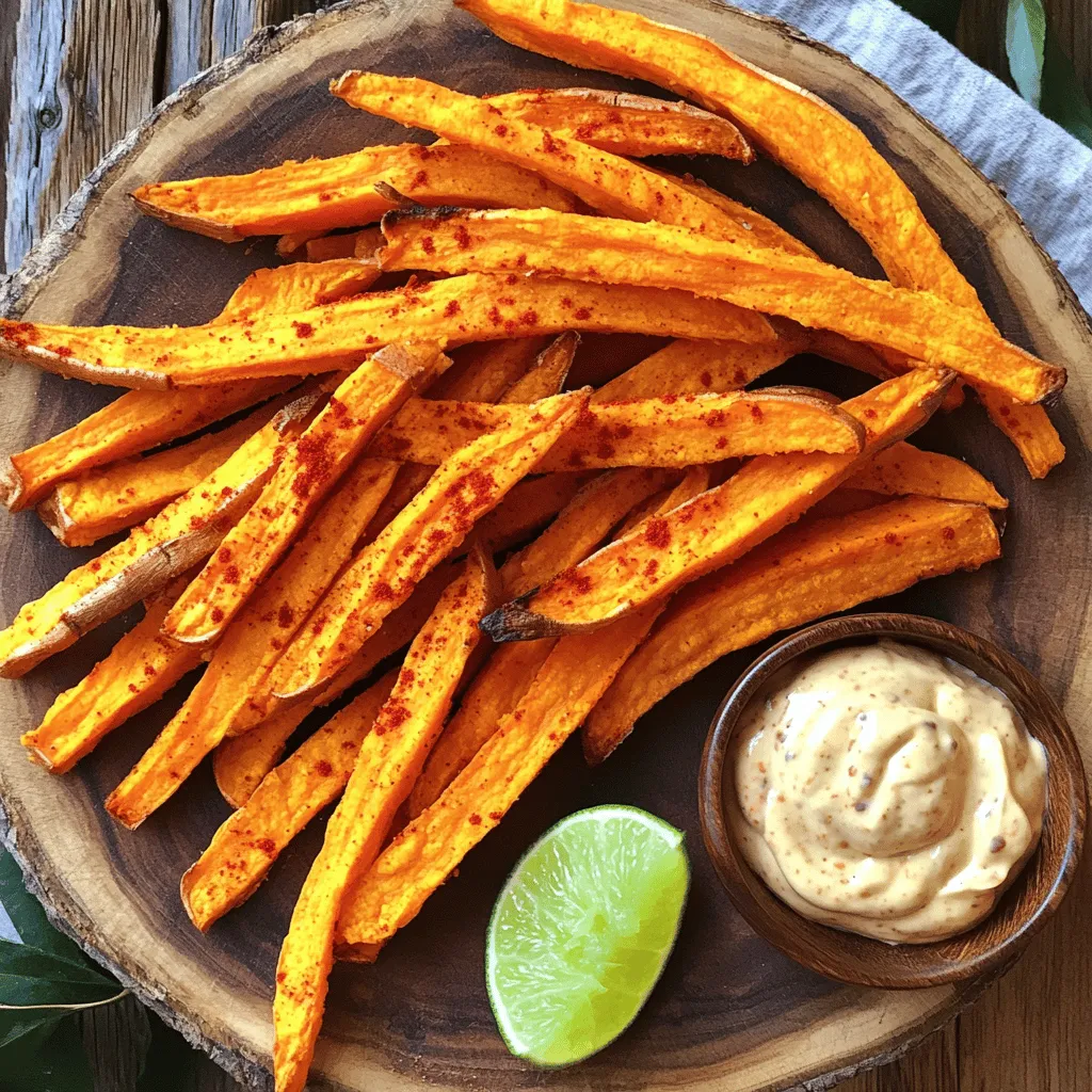 - 2 large sweet potatoes - 2 tablespoons olive oil - 1 teaspoon paprika - 1 teaspoon garlic powder - 1/2 teaspoon cayenne pepper (optional) - Salt and pepper to taste - 1/2 cup mayonnaise - 1-2 tablespoons chipotle peppers in adobo sauce - 1 tablespoon lime juice - 1 clove garlic - Salt to taste To make sweet potato fries, you need fresh sweet potatoes. I use two large ones for this recipe. The olive oil helps them crisp up nicely in the oven. Paprika adds a warm flavor, and garlic powder gives them a nice kick. If you like heat, add cayenne pepper. For the chipotle mayo, I love using mayonnaise as a base. It’s creamy and rich. Chipotle peppers in adobo sauce bring that smoky flavor. A touch of lime juice brightens it up. Don’t forget to mince the garlic for the best taste. Check out the Full Recipe for more details on the steps. Enjoy your cooking! 1. Preheat your oven to 425°F (220°C). This step is key for crispy fries. 2. Cut the sweet potatoes into fry shapes. Aim for uniform sizes for even cooking. 1. In a large bowl, toss the sweet potato fries with olive oil and spices. Use 2 tablespoons of olive oil, 1 teaspoon of paprika, 1 teaspoon of garlic powder, and a pinch of cayenne pepper if you want heat. Don’t forget to add salt and pepper to taste. 2. Spread the fries on a baking sheet. Make sure they lie flat and do not overlap. This helps them crisp up nicely. 3. Bake for 20-25 minutes. Flip the fries halfway through cooking to ensure a golden color on all sides. 1. In a small bowl, combine 1/2 cup of mayonnaise with 1-2 tablespoons of minced chipotle peppers from adobo sauce. This gives it a smoky kick. 2. Add 1 tablespoon of lime juice and 1 minced clove of garlic. Mix well. 3. Taste and adjust the salt if needed. You want a rich, zesty dip to enjoy with your fries. For the full recipe, check the previous section. Enjoy your cooking! To make your sweet potato fries crispy, avoid overcrowding the baking sheet. When fries sit too close together, they steam instead of bake. This makes them soggy. Spread the fries out in a single layer. Give them space to breathe and crisp up nicely. Flipping the fries halfway through cooking is also key. This helps them cook evenly on both sides. Set a timer to remind yourself to flip them. You’ll know they’re done when they are golden brown and crisp. For extra flavor, try adding more spices to your fries. Consider using cumin or chili powder for a bold twist. You can also sprinkle some fresh herbs like rosemary or thyme before baking. These will bring a fresh taste to your dish. If you want alternatives for the chipotle mayo, try mixing plain yogurt with lime juice and hot sauce. This gives you a tangy dip that is lighter. You can also blend avocado with lime and garlic for a creamy, healthy option. Each of these dips pairs well with the sweet potato fries. For the full recipe, check out the recipe section above! {{image_2}} You can change up the flavor of your sweet potato fries easily. For a sweet twist, sprinkle cinnamon and a bit of brown sugar. This adds a nice caramel-like flavor. A pinch of nutmeg complements the sweetness too. These blends work well for a fun, dessert-style fry. If you crave heat, try adding chili powder or smoked paprika. These spices give a warm kick. You can also mix in some taco seasoning for a zesty touch. Adjust the heat level to match your taste. While chipotle mayo is a delight, you can explore other fun dips. Try a garlic aioli for a rich, creamy flavor. You can make it by mixing mayonnaise, garlic, and lemon juice. It pairs well with sweet potato fries. For something lighter, whip up a yogurt dip. Combine plain yogurt with fresh herbs and a squeeze of lemon. This dip is refreshing and healthy. Another option is a spicy ketchup. Just mix ketchup with a bit of hot sauce. This gives your fries a tangy and spicy kick. With all these options, you can enjoy sweet potato fries in new ways. Check out the Full Recipe for more ideas! To keep your sweet potato fries crispy, store them in an airtight container. Place a paper towel at the bottom to absorb moisture. This helps stop sogginess. You can keep them in the fridge for up to three days. When it's time to eat leftovers, use an oven or an air fryer. Preheat the oven to 400°F (200°C) and spread the fries on a baking sheet. Bake for about 10 minutes. This method keeps them crispy. In an air fryer, set it to 375°F (190°C) and heat for 5-7 minutes. Both methods maintain their great taste and texture. For the best flavor, serve with the chipotle mayo from the Full Recipe. Sweet potato fries are a tasty treat. One serving of my sweet potato fries contains about 180 calories. The total calorie count can change based on the amount of oil and spices you use. The chipotle mayo adds extra calories, around 100 per serving. If you want to track calories, check the [Full Recipe] for specific amounts. Yes, you can use an air fryer to make sweet potato fries. Here’s how: 1. Cut the sweet potatoes into fries as usual. 2. Toss them with olive oil and spices. 3. Place the fries in the air fryer basket in a single layer. 4. Cook at 400°F (200°C) for 15-20 minutes. 5. Shake the basket halfway through for even cooking. This method will give you crispy fries without using much oil. If you want a dairy-free or lighter option, try these substitutes for mayonnaise: - Greek yogurt adds creaminess and protein. - Avocado gives a rich, smooth texture. - Silken tofu can create a creamy base too. Mix your choice with chipotle peppers, lime juice, and garlic for a tasty dip. To keep your sweet potato fries crispy, follow these tips: - Cut the fries evenly for uniform cooking. - Soak the cut fries in cold water for 30 minutes. This helps remove excess starch. - Dry the fries well with a towel before seasoning. - Avoid overcrowding the baking sheet; give them space to crisp up. Following these steps will help you achieve the perfect crunch! This blog post showed you how to make tasty sweet potato fries and chipotle mayo. You learned simple steps for baking and seasoning. I also shared tips for keeping fries crispy and flavor variations to try. These sweet potato fries are a healthy snack or side. With the right mix, you can wow your taste buds. Experimenting with dips and seasonings adds fun to your meal. Enjoy creating and tasting these delicious treats!