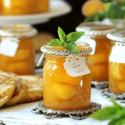 Ripe Peaches: Selection and Preparation Choosing ripe peaches is key for a great jam. Look for peaches that are soft but not mushy. Their skin should be slightly fuzzy and fragrant. Wash them under cold water to remove dirt. Peel and dice the peaches into small pieces. This helps them cook evenly and release their juices. Sugar: Role in Flavor and Preservation Sugar is important for flavor and preservation. It adds sweetness and helps the jam thicken. It also keeps the jam from spoiling too fast. Use granulated sugar for the best results. You will need about 2 cups for this recipe. Additional Ingredients: Lemon Juice, Water, Pectin, Vanilla, Salt - Lemon Juice: 1 tablespoon adds brightness and helps balance the sweetness. - Water: 1/4 cup helps dissolve the sugar and fruit. - Pectin: 1 packet (1.75 oz) is key for thickening the jam. - Vanilla Extract: 1 teaspoon adds a warm flavor note. - Salt: A pinch enhances all the flavors in the jam. These ingredients come together to create a fresh and tasty peach jam. For the full recipe, check out the detailed steps later in the article. Washing and Dicing Peaches Start by washing your peaches under cool water. This removes dirt and pesticides. Next, peel the peaches with a knife. Slice them into small pieces. Dicing helps the fruit break down during cooking. Aim for about six ripe peaches for this recipe. Combining Ingredients in a Pot In a large pot, add the diced peaches, two cups of sugar, one tablespoon of lemon juice, and a quarter cup of water. Stir gently until the sugar starts to dissolve. Let this mixture sit for about thirty minutes. This allows the peaches to release their natural juices, making your jam extra flavorful. Boiling and Dissolving Sugar Place the pot on medium heat. Bring the mixture to a boil while stirring often. This step prevents the mixture from sticking to the bottom of the pot. Boil for about five minutes, until the mixture thickens and bubbles. Adding Fruit Pectin: Timing and Techniques Once the mixture is boiling, add the fruit pectin. Stir it in well and keep boiling for another five minutes. Stir constantly to ensure the pectin dissolves evenly. This step is key for getting the perfect jam consistency. Filling Jars: Headspace and Techniques After cooking, remove the pot from heat. Stir in the vanilla extract and a pinch of salt. Then, skim off any foam from the surface. Pour the hot peach jam into sterilized jars. Leave about a quarter inch of headspace at the top of each jar. This space allows for expansion during sealing. Processing in a Boiling Water Bath Seal the jars tightly with lids. If you want to preserve your jam long-term, process the jars in a boiling water bath for ten minutes. This step helps seal the jars and keeps your jam fresh. After processing, let the jars cool completely at room temperature before storing. For the full recipe, check out the details above! Ripeness Indicators Choose peaches that are slightly soft. They should smell sweet and fruity. Look for a golden hue, not green. Avoid hard or bruised peaches. When you press gently, they should yield a little. Organic vs. Conventional Peaches Organic peaches are often more flavorful. They are grown without harmful chemicals. If possible, choose organic for the best taste. Conventional peaches can also be good, but check for freshness. Methods for Sterilizing Jars and Lids To keep your jam safe, you must sterilize jars. Boil jars and lids in water for 10 minutes. Let them air dry on a clean towel. You can also run them through a hot dishwasher. Dealing with Foaming or Separation Foaming can happen when you cook the jam. To reduce foam, skim it off with a spoon. If your jam separates, stir it gently to mix again. Proper cooking time is key to avoid this. {{image_2}} You can change the taste of your homemade peach jam in fun ways. One great mix is peach-mango jam. Just add diced mango to your peach mixture. This adds a sweet and tropical twist. You will love how the flavors blend! Another option is spiced peach jam. Add a sprinkle of cinnamon or nutmeg to your mix. This gives your jam a warm, cozy flavor. It’s perfect for fall mornings or holiday treats. If you want to try different sweeteners, honey or maple syrup work well. They add a unique taste to your jam. Use about 1.5 cups of honey or maple syrup instead of sugar. This will change the flavor slightly, but it will still be sweet and delicious. You have two main methods for preserving your jam: freezing or canning. Freezing is simple and keeps your jam fresh. Just pour it into freezer-safe containers, leaving space at the top. It will last for up to a year in the freezer. Canning is another great option. It allows you to store your jam at room temperature. After filling your jars, process them in a boiling water bath for about 10 minutes. This will help kill any bacteria and seal the jars tight. Both methods keep your peach jam tasty and safe to eat! Store your homemade peach jam in a cool, dark place. You can keep it at room temperature. If you open a jar, always put it in the fridge. The cold helps keep it fresh for longer. How long does it last? If sealed well, your jam can last for up to a year. Once opened, it stays good for about three weeks in the fridge. Check for any off smells or colors. If you see mold on the top, throw it away. A change in texture can also mean it's time to discard the jam. Always trust your senses. You can tell if the jam sets by doing a simple test. Take a small spoon of the hot jam and place it on a cold plate. Let it sit for a minute. Then, run your finger through the jam. If it holds its shape and does not run back together, it has set well. If it’s still runny, cook it for a few more minutes. It’s important to stir often as it cooks to prevent burning. Yes, you can use frozen peaches. Just make sure to thaw them completely before use. Drain any excess liquid that comes from thawing. Frozen peaches may be softer than fresh ones, but they still work well for jam. The flavor will be good, and you can enjoy peach jam any time of the year. Homemade peach jam offers many benefits. Here are some key points: - Fresh Flavor: You can taste the real peach flavor without extra preservatives. - Control over Ingredients: You know exactly what goes into your jam. - Customization: You can adjust sweetness and flavors to your liking. - Satisfaction: Making jam can be a fun and rewarding kitchen project. - Sustainability: Using local and seasonal peaches supports farmers and reduces waste. For a delightful peach jam, follow this full recipe: Peachy Paradise Jam Ingredients: - 6 ripe peaches, peeled and diced - 2 cups granulated sugar - 1 tablespoon lemon juice - 1/4 cup water - 1 packet (1.75 oz) fruit pectin - 1 teaspoon vanilla extract - Pinch of salt Instructions: 1. Begin by thoroughly washing the peaches, then peel and dice them into small pieces. 2. In a large pot, combine the diced peaches, sugar, lemon juice, and water. Stir gently until the sugar is mostly dissolved. 3. Let the mixture sit for about 30 minutes to allow the peaches to release their juices. 4. Over medium heat, bring the mixture to a boil. Stir frequently to prevent sticking. 5. Once boiling, add the fruit pectin and continue to boil for an additional 5 minutes, stirring constantly. 6. Remove the pot from heat and stir in the vanilla extract and a pinch of salt. 7. Skim off any foam that may have formed on the top of the jam. 8. Pour the hot peach jam into sterilized jars, leaving about 1/4 inch headspace at the top. 9. Seal the jars tightly and process them in a boiling water bath for 10 minutes for preservation (optional). 10. Allow the jars to cool completely at room temperature before storing. This jam makes about 4 cups and can brighten any meal! Making your own peach jam is a fun and rewarding task. We covered essential ingredients like ripe peaches and sugar, step-by-step cooking methods, and useful tips. Explore flavor variations and learn how to store your jam properly. Remember, homemade jam tastes better and gives you control over what goes in it. With this guide, you can enjoy delicious, fresh peach jam all year round. Get started and enjoy the sweet taste of summer in every jar!