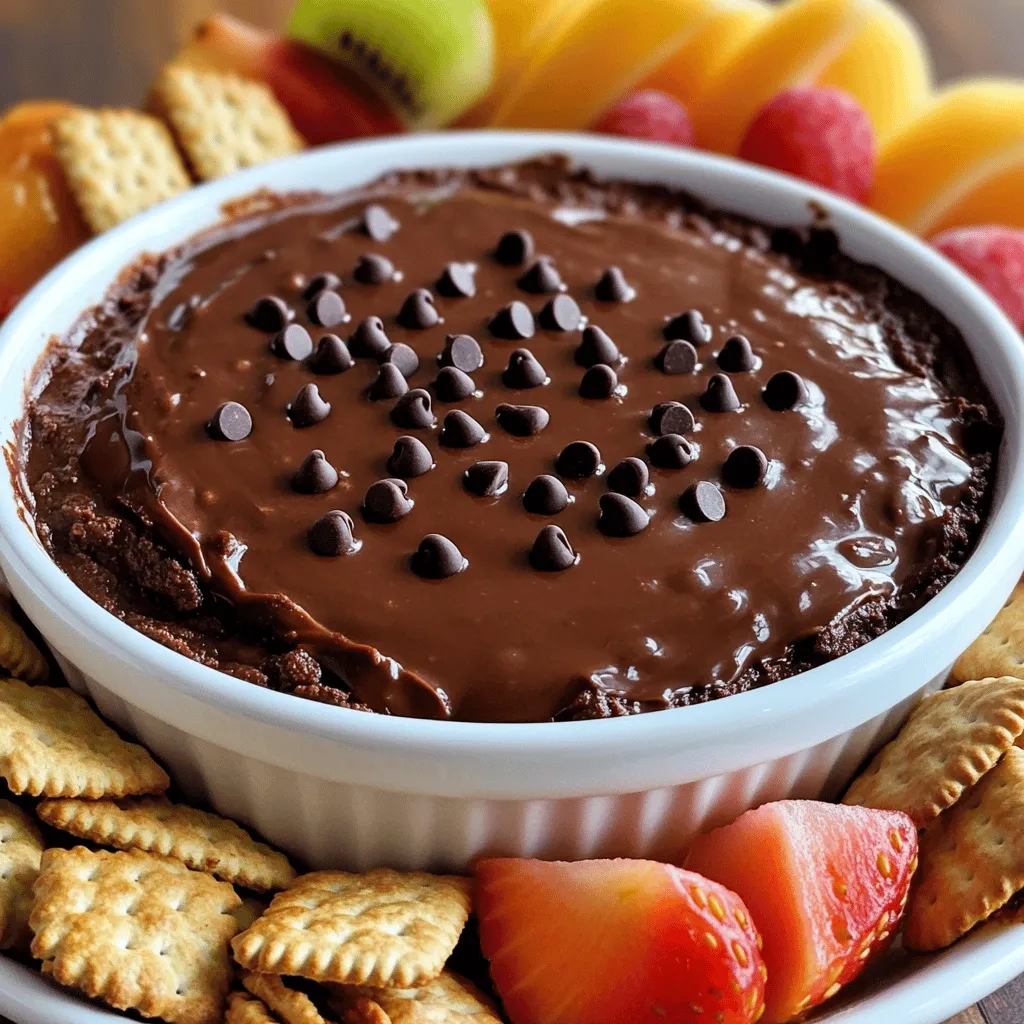 To create a delightful Brownie Batter Dip, gather these simple ingredients: - 1 cup all-purpose flour - 1 cup granulated sugar - ½ cup unsweetened cocoa powder - 1 cup cream cheese, softened - ½ cup unsalted butter, softened - 2 tablespoons milk - 1 teaspoon vanilla extract - ½ cup mini chocolate chips - Optional: graham crackers, fruit slices, or pretzels for dipping You can swap out some ingredients if needed. For a gluten-free version, use almond flour instead of all-purpose flour. You can also use a dairy-free cream cheese for a vegan dip. If you don’t have mini chocolate chips, feel free to chop regular chocolate bars into small pieces. Enjoy experimenting with these swaps to match your taste or dietary needs. For the full recipe, you can refer to the instructions provided above. First, gather your ingredients. For this brownie batter dip, you need cream cheese, butter, sugar, flour, cocoa powder, milk, vanilla extract, and mini chocolate chips. Make sure the cream cheese and butter are at room temperature. This helps them mix well and become creamy. If you forget to take them out, you can soften them in the microwave for a few seconds. Next, in a large mixing bowl, beat together the cream cheese and softened butter with a hand mixer. Start mixing at a slow speed to avoid splashes. Once creamy, gradually add the sugar. This step is key for a smooth texture in your dip. Mix until it is fully combined, and you see no lumps. Now, let’s mix the dry ingredients. In a separate bowl, whisk together the flour and cocoa powder. This helps blend them evenly. Slowly add this mixture to the wet ingredients. Stir gently to avoid making a mess. When you reach this point, pour in the milk and vanilla extract. This is where the dip starts to take shape. Mix until it becomes smooth and creamy. If it feels too thick, add more milk, one tablespoon at a time. You want that perfect dip consistency where it’s creamy but still thick enough to hold its shape. Once your dip is ready, it’s time to serve. Transfer it to a clean serving bowl. Use a spatula to smooth the top. This gives a nice look to your dip. For a fun garnish, sprinkle some mini chocolate chips on top. You can also arrange graham crackers, fruit slices, or pretzels around the bowl. This not only looks great but also adds fun options for dipping. Enjoy your delicious brownie batter dip! For the complete recipe, check out the Full Recipe section. To get the right texture for your brownie batter dip, start with the basics. If your dip feels too thick, add milk one tablespoon at a time. Mix well after each addition until you reach the perfect consistency. You want it creamy, not runny. When folding in chocolate chips, be gentle. Use a spatula and lift the mixture from the bottom. This helps keep the chips evenly spread throughout the dip. If you mix too hard, you risk breaking the chips. A good fold keeps them whole and adds nice bites of chocolate. To store leftover dip, transfer it to an airtight container. This keeps it fresh and prevents it from drying out. Make sure to cover the top with plastic wrap for extra protection. In the fridge, your dip will stay good for about three to five days. If you want to enjoy it longer, consider freezing it. Just remember to thaw it in the fridge before serving again. This way, you can enjoy your delicious brownie batter dip later! {{image_2}} You can make your brownie batter dip even more fun by adding different flavors. Try mixing in a bit of mint extract for a fresh twist. Just a teaspoon can change the whole taste. If you love coffee, add a teaspoon of espresso powder. It gives a nice depth to the chocolate flavor. You can also switch up your mix-ins. Instead of mini chocolate chips, try peanut butter chips or even crushed cookies. Each mix-in brings its own fun taste. You can even add chopped nuts for a crunchy texture. The options are endless, and you can get creative with what you have at home. Making this dip fit different diets is easy. For a gluten-free version, swap all-purpose flour for a gluten-free blend. Look for one that measures cup-for-cup to keep the same texture. If you need a vegan option, use plant-based cream cheese and butter. Replace the milk with almond milk or coconut milk. These swaps keep the dip creamy and tasty without the dairy. You can still enjoy this treat, no matter your diet! The right dippers can make your brownie batter dip even better. Here are some great options: - Graham crackers: They add a nice crunch and sweetness. - Fresh fruit slices: Try apples, bananas, or strawberries for a fresh touch. - Pretzels: Their salty flavor pairs well with the sweet dip. - Marshmallows: These are fun to dip and add a chewy texture. You can also get creative! Use cookies, rice cakes, or even potato chips for a twist. Arrange your dippers around the bowl for a beautiful display. This dip works for many events. It’s perfect for: - Birthday parties: Kids and adults will love it. - Game nights: A fun snack for a casual gathering. - Potlucks: Easy to share and everyone can enjoy it. - Family movie nights: A simple treat to enjoy while watching a film. To enhance the dessert experience, consider adding toppings. You can sprinkle mini chocolate chips or crushed nuts on top. A drizzle of caramel or chocolate sauce would also be delightful. This will make your dip look even more appealing and taste even better! What can I do if the dip is too thick? If your dip is too thick, don’t worry. Just add more milk! Start with one tablespoon at a time. Mix well after each addition. Keep adding until you reach your desired texture. Can I make this dip ahead of time? Yes, you can make this dip ahead of time. Just store it in the fridge in an airtight container. Let it sit out for a few minutes before serving. This helps it soften a bit. Is it safe to eat raw flour in this recipe? Raw flour can carry bacteria, so it’s best to heat it. You can bake it in the oven at 350°F for about five minutes. This kills harmful bacteria and makes the dip safer to eat. How long can I keep the brownie batter dip? You can keep the brownie batter dip for about three to five days in the fridge. Just make sure it is in a sealed container to keep it fresh. Can I freeze brownie batter dip? I don’t recommend freezing this dip. Freezing can change the texture. It’s best enjoyed fresh or stored in the fridge. Calories per serving Each serving has about 200 calories. This can change based on what you dip in it. Nutritional breakdown of ingredients Here’s a quick look at what’s in the dip: - Flour: Provides carbs. - Sugar: Adds sweetness. - Cocoa powder: Gives that rich chocolate flavor. - Cream cheese: Adds creaminess and fat. - Butter: Adds richness. - Milk: Helps with consistency. - Chocolate chips: Adds extra sweetness and texture. For the full recipe, check the [Full Recipe]. This post covered everything you need for a perfect brownie batter dip. We looked at ingredients, preparation steps, mixing techniques, and creative ways to serve it. You now have tips to adjust texture, store leftovers, and try fun flavor variations. Remember, the right dippers can elevate your dessert. Enjoy this treat at your next gathering, and feel free to experiment! Your friends will love what you create.