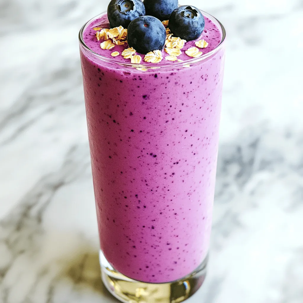 - Fresh or frozen blueberries - Banana - Rolled oats - Greek yogurt - Almond milk (or milk of choice) The main stars of this smoothie are the blueberries. They add sweetness and a vibrant color. You can use fresh or frozen blueberries. Both work well and taste great. Bananas make the smoothie creamy and add natural sweetness. Rolled oats give it a nice texture and keep you full. Greek yogurt adds protein and makes it thick. Almond milk is a perfect base, but you can use any milk you like. - Honey or maple syrup - Vanilla extract - Cinnamon - Pinch of salt You can make the smoothie sweeter with honey or maple syrup. I often add vanilla extract for a warm flavor. A bit of cinnamon gives it that cozy muffin taste. A pinch of salt can balance the sweetness, making the flavors pop. Feel free to mix and match these options based on what you love. For the complete recipe, check out the [Full Recipe]. First, gather your ingredients. You will need blueberries, banana, oats, Greek yogurt, and almond milk. Place these main ingredients in your blender. If you want a sweeter taste, add honey or maple syrup. This is your chance to make it just right for your taste buds! Next, blend all the ingredients on high speed until smooth and creamy. You should not see any chunks. If the smoothie feels too thick, add a bit more almond milk. Blend again until you reach the perfect consistency. Taste it! If it needs more sweetness, add more honey or maple syrup and blend briefly to mix. Now it's time to serve! Pour the smoothie into a tall glass or a bowl. For a fun touch, you can top it with extra blueberries, a sprinkle of oats, and a dash of cinnamon. This makes it look great and adds some texture. You can find the full recipe to guide you through this easy process! Blueberries are superstars in the health world. They are low in calories but high in vitamins. They help keep your heart healthy and boost your brain power. Plus, they contain antioxidants that fight off bad stuff in your body. Greek yogurt is creamy and packed with protein. It helps keep you full and supports gut health. Rolled oats add fiber, which aids digestion and keeps blood sugar steady. Together, these ingredients create a smoothie that nourishes your body and tastes great. To get the perfect texture, you might need to adjust the thickness. If your smoothie is too thick, simply add more almond milk. Blend again until smooth. For sweetness, taste your smoothie first. If it needs a boost, add honey or maple syrup in small amounts. Blend again until mixed evenly. Use a high-speed blender for the best results. It breaks down the ingredients well, creating a creamy texture. If you have a setting for smoothies, use it. It will save you time and effort. A beautiful smoothie is all about presentation. Serve your blueberry muffin smoothie in a clear glass. This way, everyone can see its vibrant color. It’s like art in a glass! To make it even more appealing, garnish with extra blueberries and a sprinkle of oats on top. You can also add a dash of cinnamon for flair. This not only looks good but adds to the flavor too. For serving, tall glasses work best, allowing for a lovely view of your delicious creation. {{image_2}} To make a vegan Blueberry Muffin Smoothie, you can use plant-based substitutes for dairy. Swap Greek yogurt for coconut or almond yogurt. These options keep your smoothie creamy and delicious. For milk, almond milk works well, but you can try oat or soy milk too. When it comes to sweeteners, you can skip honey. Instead, use agave syrup or maple syrup. This change keeps it vegan while adding sweetness. Adding protein to your smoothie can make it more filling. A scoop of your favorite protein powder blends in easily. It adds nutrition without changing the taste much. You can also incorporate nut butters like almond or peanut butter. A tablespoon gives a creamy texture and adds healthy fats. This makes your smoothie a great post-workout drink. Want to mix things up? Try adding different fruits. Strawberries, raspberries, or even peaches can give a fun twist. Each fruit brings its own flavor and health benefits. You can also play with spices beyond cinnamon. Nutmeg or ginger can add warmth and depth. Experimenting with these flavors keeps your smoothie exciting and fresh! For the full recipe, check out the Blueberry Muffin Smoothie 🫐🥤 section above. To keep your blueberry muffin smoothie fresh, store it in the fridge. Use an airtight container. Glass jars work well for this. Smoothies can separate over time, so shake well before drinking. If you have leftovers, consume them within 24 hours for the best taste. You can freeze smoothie ingredients for later use. Portion your blueberries, banana, and oats into bags. This way, you can blend them anytime. To use frozen smoothies, thaw in the fridge overnight. You can also blend them directly from the freezer. Just add a little extra milk for a smoother texture. Fresh smoothies last about a day in the fridge. If you freeze them, they can last up to three months. Look for changes in color or texture as signs of spoilage. If it smells sour or has an off taste, it's best to throw it away. Enjoy your blueberry muffin smoothie fresh or frozen for a tasty treat! A Blueberry Muffin Smoothie tastes just like a fresh blueberry muffin. It has a sweet, fruity flavor with a hint of spice. The key ingredients include: - 1 cup fresh or frozen blueberries - 1 banana, sliced - 1/2 cup rolled oats - 1/2 cup Greek yogurt - 1 cup almond milk (or milk of choice) - 1 tablespoon honey or maple syrup (optional for sweetness) - 1 teaspoon vanilla extract - 1/2 teaspoon cinnamon - A pinch of salt These ingredients blend together to create a creamy, delicious drink. The oats add a nice texture, while the yogurt gives it a rich taste. The blueberries provide antioxidants and natural sweetness. You can find the full recipe at the end of this article. Yes, you can make this smoothie ahead of time. Store it in the fridge for up to 24 hours. Use an airtight container to keep it fresh. If you want to save it longer, pour it into ice cube trays and freeze it. This way, you can enjoy it later by blending the frozen cubes with a splash of almond milk. Just remember, the texture may change slightly after storage. Both fresh and frozen blueberries work well in this smoothie. Fresh blueberries taste bright and juicy. They add a lovely flavor to the drink. On the other hand, frozen blueberries are convenient and often more affordable. They give the smoothie a nice chill and creamy texture. When using frozen blueberries, you won’t need to add ice, which keeps the flavor strong. This blog post covered how to make a delicious blueberry muffin smoothie. I shared key ingredients like fresh blueberries, rolled oats, and Greek yogurt. You learned step-by-step instructions and tips for blending. Each ingredient adds unique health benefits. We explored variations for different diets and preferences. Remember to store leftovers properly for freshness. Smoothies can be a fun and nutritious choice. Enjoy experimenting with flavors to find your favorite combination. Healthy habits can start with just one tasty smoothie!
