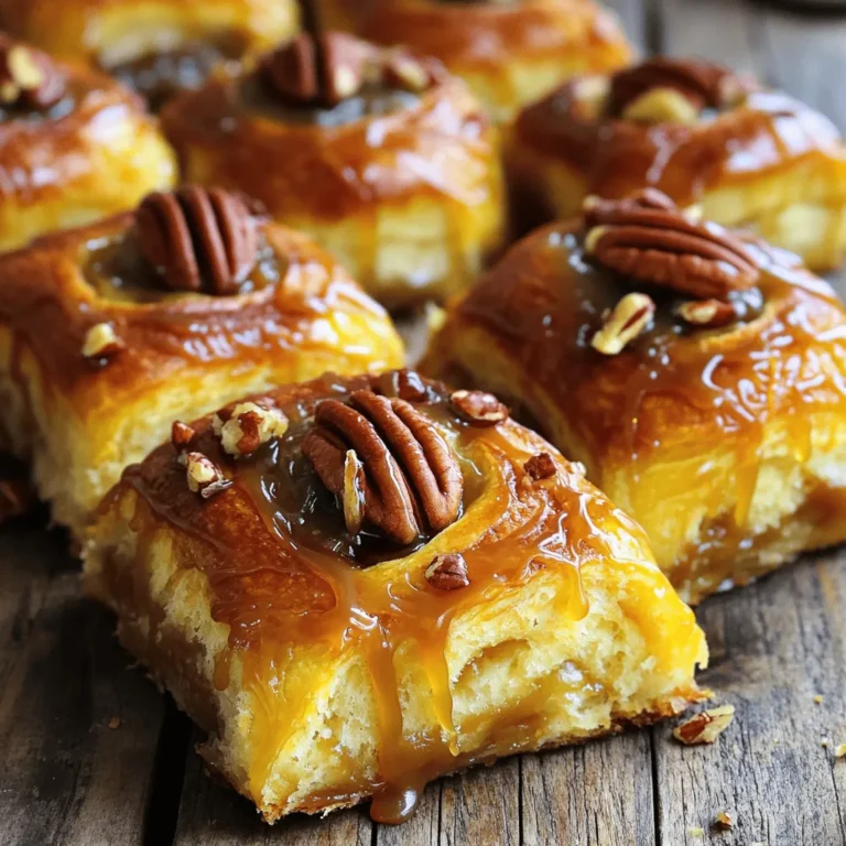 - 3 cups all-purpose flour - 1/4 cup granulated sugar - 1 packet (2 1/4 tsp) active dry yeast - 1/2 teaspoon salt - 1/2 cup whole milk, warmed - 1/4 cup unsalted butter, melted - 2 large eggs - 1/2 teaspoon vanilla extract - 1 cup pecans, chopped - 1/2 cup brown sugar, packed - 1/4 cup unsalted butter, softened - 1 teaspoon ground cinnamon - 1/2 cup caramel sauce - If you have allergies, you can swap the flour for a gluten-free mix. Use nut-free options if needed. - When choosing pecans, look for ones that are fresh and crunchy. Avoid any that seem soft or dark. - Always use fresh yeast for the best rise. Old yeast can make your buns dense and heavy. Using these ingredients and tips will lead to sticky buns that are soft and tasty. For the full recipe, follow the steps carefully to ensure a delightful treat. To start, I prepare the yeast mixture. I take warm milk and add yeast to it in a small bowl. After mixing, I let it sit for about five minutes. The yeast should get bubbly and frothy. This shows it is active and ready to use. Next, I mix the dry ingredients in a large bowl. I add the flour, granulated sugar, and salt. I whisk them together well. Then, I make a well in the center. Into this well, I pour the yeast mixture, melted butter, eggs, and vanilla extract. I mix everything until a dough forms. Now, I need to knead the dough. I flour a clean surface and place the dough on it. I knead the dough for about five to seven minutes. I want it to feel smooth and elastic. This step is key for a great texture. For the first rise, I place the dough in a greased bowl. I cover it with a damp cloth. I let it rise in a warm spot for about one hour. It should double in size during this time. Once the dough has risen, I prepare the filling. In a separate bowl, I mix softened butter, brown sugar, and cinnamon. This mixture should be creamy and smooth. Now, I roll the dough out on a floured surface. I aim for a rectangle, about 1/4 inch thick. Then, I spread the filling evenly over the dough. I sprinkle chopped pecans on top. Next, I start from one edge and roll the dough tightly into a log. After that, I cut the log into twelve equal pieces. I place these pieces in a greased baking dish. Finally, I drizzle caramel sauce evenly over the top of the rolls. I cover them with plastic wrap and let them rise for another thirty minutes. I preheat the oven to 350°F (175°C) while the rolls rise. Once ready, I bake the rolls for 25 to 30 minutes. They should be golden brown when finished. After baking, I remove them from the oven. I let them cool for about five minutes before inverting them onto a serving plate. This step helps keep the gooey caramel on top. For the best taste, serve warm. You can find the full recipe above for all the details! To get soft, fluffy sticky buns, follow these best practices: - Use fresh yeast: Always check your yeast's expiration date. Fresh yeast helps your dough rise better. - Warm your liquids: Yeast loves warmth. Warm milk and melted butter help wake it up. - Knead well: Knead your dough for about 5 to 7 minutes. This builds gluten, giving your buns structure. - Let it rise: Give your dough time to rise in a warm spot. Aim for about one hour until it doubles in size. For a gooey caramel topping, try these tips: - Use a thick caramel sauce: A thicker sauce stays gooey and doesn’t run off the buns. - Drizzle before baking: Pour caramel over the rolls before they bake. This lets them soak up the flavor. - Add pecans: Sprinkle chopped pecans on top of the caramel for extra crunch and flavor. Many home bakers face issues with yeast. If your dough doesn’t rise, here’s how to troubleshoot: - Check the temperature: If your milk is too hot, it can kill the yeast. Aim for about 110°F. - Give it time: Sometimes, dough just needs more time to rise. Be patient! Also, watch out for overbaking. Here’s how to prevent it: - Use a timer: Set a timer for 25 minutes. Check for a golden brown color. - Know your oven: Ovens vary. If you know yours runs hot, reduce the heat slightly. You can pair caramel pecan sticky buns with coffee or tea for a great breakfast. The sweetness of the buns complements the rich flavors of both drinks. For presentation, try these tips: - Drizzle more caramel: Just before serving, drizzle more caramel on top. It makes the buns look even more tempting. - Garnish with pecans: Add whole pecans on top for a beautiful finish. For the full recipe of these delightful sticky buns, check the section below! {{image_2}} You can jazz up your caramel pecan sticky buns with fun flavors. Try adding chocolate chips. They melt and mix well with the caramel. You could also add spices like nutmeg or cardamom for extra warmth. This twist brings a new taste to each bite. If you want to change the nuts, consider using walnuts or almonds instead of pecans. Each nut has its own unique flavor. You can also swap in dried fruits like cranberries or raisins for a fruity kick. These add-ins can make your sticky buns special and personal. Looking for a healthier version? You can use whole wheat flour instead of regular flour. This adds more fiber and nutrients. For sweetness, try honey or maple syrup instead of brown sugar. These options can reduce refined sugar in your sticky buns. If you need a gluten-free choice, use a gluten-free flour blend. Make sure it has a good binding agent like xanthan gum. This keeps the dough from falling apart. With these swaps, you can enjoy sticky buns without worry. You can serve sticky buns in fun new ways. Make mini sticky buns by rolling smaller pieces of dough. This makes perfect, bite-sized treats for sharing. Kids love these tiny versions, and they are great for parties. Another idea is to create a sticky bun casserole. Arrange the rolled dough in a baking dish. Pour caramel sauce over the top. Bake it all together for a warm, gooey treat. This style is perfect for brunch with family and friends. For the full recipe, follow the steps and enjoy these delicious variations! To keep your caramel pecan sticky buns fresh, store them in an airtight container. Place a piece of parchment paper between layers to avoid sticking. They will stay good in the fridge for up to four days. For longer storage, you can freeze them. Wrap each roll tightly in plastic wrap, then place them in a freezer bag. This helps prevent freezer burn. You can freeze them for up to three months without losing taste. When you're ready to enjoy your sticky buns again, reheating is key. You can use the microwave for quick warmth. Heat each bun for about 15-20 seconds. To keep them moist, place a damp paper towel over the buns. If you prefer the oven, preheat it to 350°F (175°C). Place the buns on a baking sheet and cover them with foil. Heat for about 10 minutes. This method keeps them soft and gooey, just like when they were fresh. If your dough doesn't rise, check your yeast. It may be old or inactive. Make sure your milk is warm, not hot, when you mix it with the yeast. If the dough is too cold, it won't rise well. You can try placing the bowl in a warm spot or near a heater. If all else fails, knead in a little more yeast and let it rise again. Yes, you can! Prepare the sticky buns and place them in the baking dish. Cover the dish with plastic wrap and refrigerate overnight. When ready, let them sit at room temperature for about 30 minutes before baking. You can also freeze the unbaked rolls. Just wrap them tightly in plastic wrap and foil. Thaw them in the fridge overnight before baking. Baking at high altitude changes how your dough behaves. You might need to add a bit more flour to your dough. Also, reduce the sugar slightly to help with the rise. Increase the baking time, as the dough may take longer to cook through. For every 1,000 feet above sea level, adjust your oven temperature by 15°F. In this blog post, we covered how to make delicious caramel pecan sticky buns. We looked at key ingredients and their roles, plus step-by-step instructions for perfect results. I shared tips to avoid common baking mistakes and offered fun variations to try. Remember, fresh yeast and the right techniques mean better buns! With these guidelines, you can impress your family and friends with sweet treats they’ll love. Enjoy your baking journey and the tasty rewards that come with it!