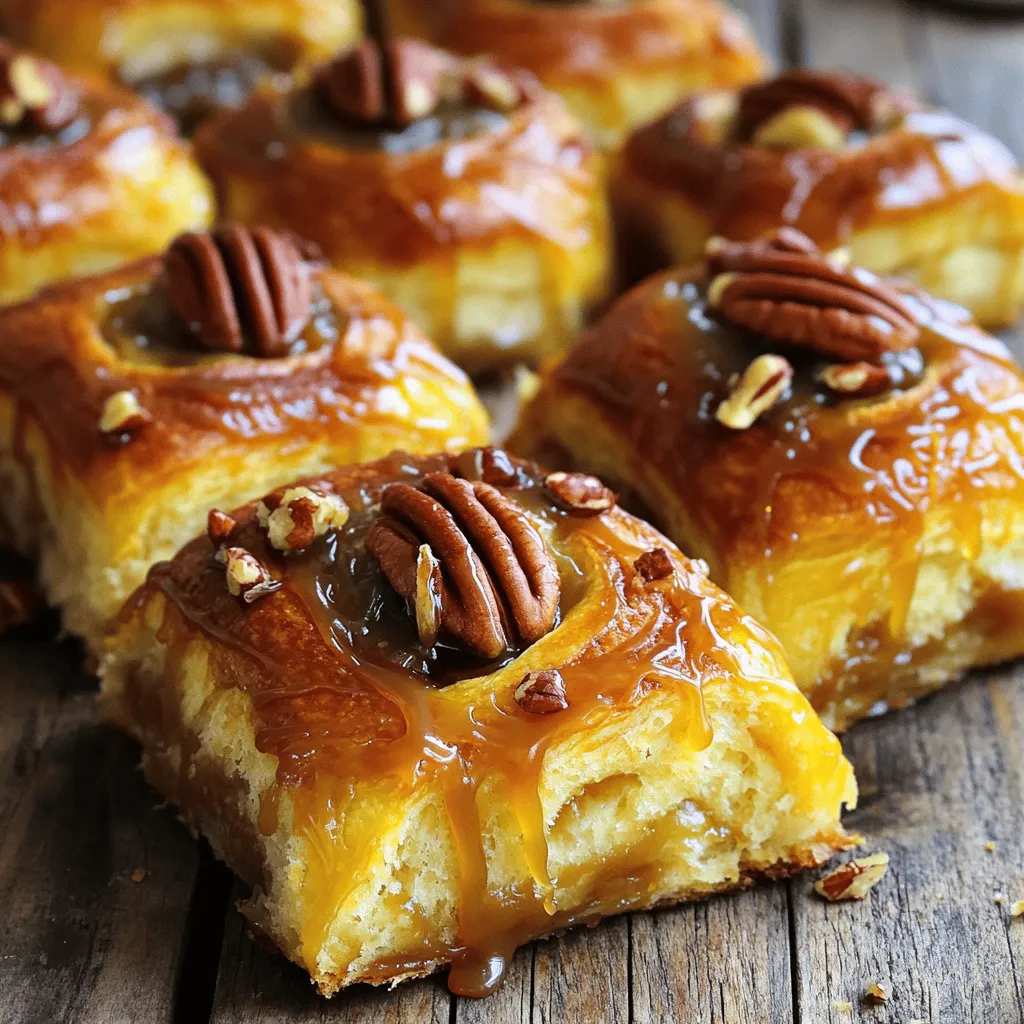 - 3 cups all-purpose flour - 1/4 cup granulated sugar - 1 packet (2 1/4 tsp) active dry yeast - 1/2 teaspoon salt - 1/2 cup whole milk, warmed - 1/4 cup unsalted butter, melted - 2 large eggs - 1/2 teaspoon vanilla extract - 1 cup pecans, chopped - 1/2 cup brown sugar, packed - 1/4 cup unsalted butter, softened - 1 teaspoon ground cinnamon - 1/2 cup caramel sauce - If you have allergies, you can swap the flour for a gluten-free mix. Use nut-free options if needed. - When choosing pecans, look for ones that are fresh and crunchy. Avoid any that seem soft or dark. - Always use fresh yeast for the best rise. Old yeast can make your buns dense and heavy. Using these ingredients and tips will lead to sticky buns that are soft and tasty. For the full recipe, follow the steps carefully to ensure a delightful treat. To start, I prepare the yeast mixture. I take warm milk and add yeast to it in a small bowl. After mixing, I let it sit for about five minutes. The yeast should get bubbly and frothy. This shows it is active and ready to use. Next, I mix the dry ingredients in a large bowl. I add the flour, granulated sugar, and salt. I whisk them together well. Then, I make a well in the center. Into this well, I pour the yeast mixture, melted butter, eggs, and vanilla extract. I mix everything until a dough forms. Now, I need to knead the dough. I flour a clean surface and place the dough on it. I knead the dough for about five to seven minutes. I want it to feel smooth and elastic. This step is key for a great texture. For the first rise, I place the dough in a greased bowl. I cover it with a damp cloth. I let it rise in a warm spot for about one hour. It should double in size during this time. Once the dough has risen, I prepare the filling. In a separate bowl, I mix softened butter, brown sugar, and cinnamon. This mixture should be creamy and smooth. Now, I roll the dough out on a floured surface. I aim for a rectangle, about 1/4 inch thick. Then, I spread the filling evenly over the dough. I sprinkle chopped pecans on top. Next, I start from one edge and roll the dough tightly into a log. After that, I cut the log into twelve equal pieces. I place these pieces in a greased baking dish. Finally, I drizzle caramel sauce evenly over the top of the rolls. I cover them with plastic wrap and let them rise for another thirty minutes. I preheat the oven to 350°F (175°C) while the rolls rise. Once ready, I bake the rolls for 25 to 30 minutes. They should be golden brown when finished. After baking, I remove them from the oven. I let them cool for about five minutes before inverting them onto a serving plate. This step helps keep the gooey caramel on top. For the best taste, serve warm. You can find the full recipe above for all the details! To get soft, fluffy sticky buns, follow these best practices: - Use fresh yeast: Always check your yeast's expiration date. Fresh yeast helps your dough rise better. - Warm your liquids: Yeast loves warmth. Warm milk and melted butter help wake it up. - Knead well: Knead your dough for about 5 to 7 minutes. This builds gluten, giving your buns structure. - Let it rise: Give your dough time to rise in a warm spot. Aim for about one hour until it doubles in size. For a gooey caramel topping, try these tips: - Use a thick caramel sauce: A thicker sauce stays gooey and doesn’t run off the buns. - Drizzle before baking: Pour caramel over the rolls before they bake. This lets them soak up the flavor. - Add pecans: Sprinkle chopped pecans on top of the caramel for extra crunch and flavor. Many home bakers face issues with yeast. If your dough doesn’t rise, here’s how to troubleshoot: - Check the temperature: If your milk is too hot, it can kill the yeast. Aim for about 110°F. - Give it time: Sometimes, dough just needs more time to rise. Be patient! Also, watch out for overbaking. Here’s how to prevent it: - Use a timer: Set a timer for 25 minutes. Check for a golden brown color. - Know your oven: Ovens vary. If you know yours runs hot, reduce the heat slightly. You can pair caramel pecan sticky buns with coffee or tea for a great breakfast. The sweetness of the buns complements the rich flavors of both drinks. For presentation, try these tips: - Drizzle more caramel: Just before serving, drizzle more caramel on top. It makes the buns look even more tempting. - Garnish with pecans: Add whole pecans on top for a beautiful finish. For the full recipe of these delightful sticky buns, check the section below! {{image_2}} You can jazz up your caramel pecan sticky buns with fun flavors. Try adding chocolate chips. They melt and mix well with the caramel. You could also add spices like nutmeg or cardamom for extra warmth. This twist brings a new taste to each bite. If you want to change the nuts, consider using walnuts or almonds instead of pecans. Each nut has its own unique flavor. You can also swap in dried fruits like cranberries or raisins for a fruity kick. These add-ins can make your sticky buns special and personal. Looking for a healthier version? You can use whole wheat flour instead of regular flour. This adds more fiber and nutrients. For sweetness, try honey or maple syrup instead of brown sugar. These options can reduce refined sugar in your sticky buns. If you need a gluten-free choice, use a gluten-free flour blend. Make sure it has a good binding agent like xanthan gum. This keeps the dough from falling apart. With these swaps, you can enjoy sticky buns without worry. You can serve sticky buns in fun new ways. Make mini sticky buns by rolling smaller pieces of dough. This makes perfect, bite-sized treats for sharing. Kids love these tiny versions, and they are great for parties. Another idea is to create a sticky bun casserole. Arrange the rolled dough in a baking dish. Pour caramel sauce over the top. Bake it all together for a warm, gooey treat. This style is perfect for brunch with family and friends. For the full recipe, follow the steps and enjoy these delicious variations! To keep your caramel pecan sticky buns fresh, store them in an airtight container. Place a piece of parchment paper between layers to avoid sticking. They will stay good in the fridge for up to four days. For longer storage, you can freeze them. Wrap each roll tightly in plastic wrap, then place them in a freezer bag. This helps prevent freezer burn. You can freeze them for up to three months without losing taste. When you're ready to enjoy your sticky buns again, reheating is key. You can use the microwave for quick warmth. Heat each bun for about 15-20 seconds. To keep them moist, place a damp paper towel over the buns. If you prefer the oven, preheat it to 350°F (175°C). Place the buns on a baking sheet and cover them with foil. Heat for about 10 minutes. This method keeps them soft and gooey, just like when they were fresh. If your dough doesn't rise, check your yeast. It may be old or inactive. Make sure your milk is warm, not hot, when you mix it with the yeast. If the dough is too cold, it won't rise well. You can try placing the bowl in a warm spot or near a heater. If all else fails, knead in a little more yeast and let it rise again. Yes, you can! Prepare the sticky buns and place them in the baking dish. Cover the dish with plastic wrap and refrigerate overnight. When ready, let them sit at room temperature for about 30 minutes before baking. You can also freeze the unbaked rolls. Just wrap them tightly in plastic wrap and foil. Thaw them in the fridge overnight before baking. Baking at high altitude changes how your dough behaves. You might need to add a bit more flour to your dough. Also, reduce the sugar slightly to help with the rise. Increase the baking time, as the dough may take longer to cook through. For every 1,000 feet above sea level, adjust your oven temperature by 15°F. In this blog post, we covered how to make delicious caramel pecan sticky buns. We looked at key ingredients and their roles, plus step-by-step instructions for perfect results. I shared tips to avoid common baking mistakes and offered fun variations to try. Remember, fresh yeast and the right techniques mean better buns! With these guidelines, you can impress your family and friends with sweet treats they’ll love. Enjoy your baking journey and the tasty rewards that come with it!