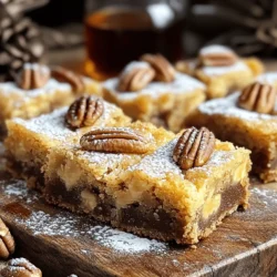 - 1 cup unsalted butter, melted - 1 cup brown sugar, packed - 1/2 cup granulated sugar - 2 large eggs - 1/4 cup pure maple syrup - 2 teaspoons vanilla extract - 2 cups all-purpose flour - 1 teaspoon baking powder - 1/2 teaspoon baking soda - 1/4 teaspoon salt - 1 cup pecans, roughly chopped - 1/2 cup white chocolate chips (optional) These ingredients come together to create chewy maple pecan blondies. Each item plays a key role in flavor and texture. The butter and sugars give the blondies their rich taste. Eggs add moisture and act as a binder. Maple syrup brings sweetness and a lovely maple flavor. The flour, baking powder, and baking soda help the blondies rise and create that perfect chewy bite. Nuts add crunch and flavor. You can choose to add white chocolate chips for a sweet twist. Feel free to mix and match based on your taste! If you want the full recipe, check the section above. - Calories per serving: Approximately 180 - Macronutrient breakdown: - Fat: 9g - Carbohydrates: 23g - Protein: 2g This nutritional info helps you keep track of what you eat. Each serving gives a nice treat without too many calories. Enjoy these blondies as a sweet snack or dessert! 1. First, preheat your oven to 350°F (175°C). This step is key so that your blondies bake evenly. 2. Next, prepare a 9x13 inch baking pan. You can grease it with butter or line it with parchment paper. Lining helps with easy removal later. 3. In a large mixing bowl, combine the melted butter, brown sugar, and granulated sugar. Whisk until smooth. This step builds the base flavor for your blondies. 4. Add the eggs one at a time. Mix well after each addition. Then, stir in the maple syrup and vanilla extract until everything blends nicely. 5. In a separate bowl, whisk together the flour, baking powder, baking soda, and salt. Gradually mix this dry mix into the wet ingredients. Stir gently until just combined to keep the blondies chewy. 6. Fold in the chopped pecans and white chocolate chips, if you like. Make sure they are evenly spread in the batter. 7. Pour the batter into your prepared baking pan. Spread it evenly with a spatula. This helps the blondies bake uniformly. 8. Bake for 25-30 minutes. Check doneness by inserting a toothpick in the center. It should come out with a few moist crumbs, not wet batter. 9. Once baked, let the blondies cool in the pan for about 10-15 minutes. Then, transfer them to a wire rack to cool completely. This step helps set their texture. You can find the Full Recipe above for a complete guide. Enjoy the process of creating these chewy maple pecan blondies! To make your blondies chewy, focus on how you mix the batter. Mix the wet ingredients until smooth but do not overmix. Overmixing can lead to a denser texture. When you add the dry ingredients, stir gently. You want to combine them without beating out the air. Baking time is also key. Bake your blondies for 25 to 30 minutes. Check for doneness by inserting a toothpick in the center. You want a few moist crumbs on the pick, not wet batter. This ensures a soft and chewy bite. You can make these blondies even better with extra flavor. Try adding a pinch of cinnamon or nutmeg to the batter. These spices add warmth and depth. You can also mix in some chocolate chips or caramel pieces for a sweet twist. For toppings, consider drizzling melted chocolate on top. A sprinkle of sea salt can elevate the flavor too. You can also top them with a scoop of ice cream for a decadent treat. If your blondies turn out undercooked, return them to the oven. Bake them for an additional 5 minutes. Check again with a toothpick. If they still seem too wet, keep baking in small increments until they are done. Dry blondies can happen if you bake too long. If this happens, try adding a bit of milk or cream to the batter next time. You can also serve them warm with a drizzle of maple syrup to add moisture. {{image_2}} You can make Chewy Maple Pecan Blondies even more exciting. One great way is to add chocolate or caramel. Just fold in some chocolate chips or drizzling caramel on top. This adds a rich layer of flavor. Another option is to swap out the pecans. You could use walnuts, almonds, or hazelnuts. If you like dried fruit, add raisins or cranberries. These changes give the blondies a new twist. If you're looking for gluten-free options, use almond or coconut flour instead of all-purpose flour. Make sure to check that your baking powder is gluten-free. This way, everyone can enjoy these treats. For a vegan version, replace the eggs with flaxseed meal mixed with water. Use plant-based butter and maple syrup to keep the flavor strong. This lets you enjoy blondies without eggs or dairy. Presenting your blondies well can make them even more special. You can dust them with powdered sugar for a lovely touch. Serve them on a wooden board for a rustic feel. Add whole pecans on top for decoration. If you want to gift these blondies, wrap them in clear cellophane. Tie them with a pretty ribbon. This makes an excellent gift for friends or family. You can also include a small note about the recipe. For those who love baking, this is a lovely way to share your passion! To keep your chewy maple pecan blondies fresh, store them in an airtight container. This protects them from air and moisture. A good option is a plastic or glass container with a tight lid. You can keep them at room temperature for up to five days. If you live in a warm area, consider placing them in the fridge. Just remember, chilling can change their texture a bit. If you want to save some blondies for later, freezing is great. First, cut the blondies into squares. Wrap each piece tightly in plastic wrap. Then place them in a freezer bag. Be sure to remove as much air as possible. For best results, eat them within three months. When you’re ready to enjoy them, take out a piece and let it thaw in the fridge. For a quick fix, you can warm them in the microwave for a few seconds. This helps them stay soft and tasty. Yes, you can swap out pecans for other nuts. Try walnuts or almonds for a twist. You can even use hazelnuts for a unique flavor. Just make sure to chop them roughly, just like the pecans. This will keep the texture nice and chewy. To get that chewy texture, focus on two things: mixing time and baking time. Mix the butter and sugars just until smooth. Overmixing can add air and make them more cake-like. Bake them just until the edges are golden. They should still look soft in the middle. This will help maintain that chewy goodness. If you're out of maple syrup, don't worry! You can use honey or agave nectar instead. These will add sweetness and a bit of flavor. You can also use brown sugar mixed with a splash of water to mimic the syrup. Adjust the amount to your taste. Check for a few key signs. The edges should be golden brown, while the center looks set but a bit soft. Use a toothpick to test. It should come out with a few moist crumbs, not wet batter. This means the blondies are perfectly baked. For more details, check the Full Recipe. This blog post covered how to make delicious blondies. We listed the ingredients and shared step-by-step instructions. You learned tips for better taste and texture, along with variations and storage info. Whether you want to switch nuts or add spices, there’s plenty to try. Remember, baking is fun and creative! Enjoy your blondies fresh or as a gift. You now have the tools to make the perfect batch every time!