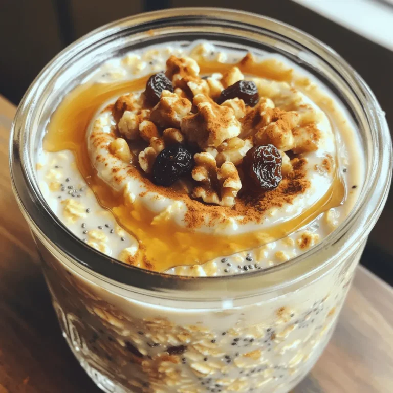 To start making your cinnamon roll overnight oats, you need these key items: - 1 cup rolled oats - 1 cup unsweetened almond milk (or milk of choice) - 1 tablespoon chia seeds - 1 tablespoon maple syrup (or honey) - 1 teaspoon ground cinnamon - 1/2 teaspoon vanilla extract These ingredients create a creamy base, full of flavor. The oats soak in the almond milk and sweet syrup. The chia seeds add a nice texture and help thicken the mix. You can enhance your oats with these fun add-ins: - 1/4 cup Greek yogurt (optional) - 2 tablespoons raisins or dried cranberries - Chopped nuts (walnuts or pecans) for topping Greek yogurt adds creaminess. Raisins or cranberries give a sweet burst. Nuts add crunch and heartiness to your meal. Each serving of these delightful oats is packed with nutrition. Here’s what you get: - Calories: Approximately 300 - Protein: 10 grams - Fiber: 8 grams - Sugars: 8 grams These oats are a great choice for breakfast. They fuel your day with wholesome ingredients. You can find the full recipe to make these delightful oats and enjoy a delicious start to your morning! To start, gather your ingredients. You need rolled oats, almond milk, chia seeds, and sweeteners. In a medium bowl, mix 1 cup of rolled oats with 1 cup of almond milk. Add 1 tablespoon of chia seeds and 1 tablespoon of maple syrup. Next, sprinkle in 1 teaspoon of ground cinnamon and 1/2 teaspoon of vanilla extract. Stir everything together until well combined. This mix forms the base of your delicious overnight oats. After preparing the base, you can add extra creaminess if you want. Fold in 1/4 cup of Greek yogurt if you like a richer taste. It makes the oats smooth and tasty. Then, gently add 2 tablespoons of raisins or dried cranberries. These fruits give a sweet burst in every bite. Make sure all the ingredients blend well together. This step is key for a balanced flavor. Cover your bowl or jar tightly. Place it in the fridge overnight, or for at least 4 hours. This waiting time allows the oats to soak up all the liquid. In the morning, stir the mixture well. If it feels too thick, add a splash of almond milk until it reaches your desired texture. Serve your oats cold or at room temperature. Top with chopped nuts for crunch and a sprinkle of cinnamon for extra flavor. Enjoy this delightful breakfast treat! For the complete recipe, check out the Full Recipe. To make your oats creamy, use rolled oats. They soak up liquid well. I often add chia seeds for extra creaminess. They also help the oats thicken. If you want a richer texture, add Greek yogurt. Mix it in with the oats before refrigerating. This step makes a big difference. You can switch up the flavor easily. Try adding vanilla extract or even almond extract. For a fruity twist, mix in fresh or frozen berries. You could also use different spices like nutmeg or pumpkin spice. These changes keep your oats exciting and fun. Toppings can elevate your oats. Chopped nuts are a great choice for crunch. Walnuts and pecans work best. You can also add a sprinkle of cinnamon for extra flavor. For sweetness, drizzle a bit of maple syrup or honey on top. This gives your oats a delightful finish. For the full recipe, check [Full Recipe]. {{image_2}} You can easily make vegan cinnamon roll overnight oats. Just swap almond milk with oat or soy milk. Use maple syrup instead of honey for sweetness. For creaminess, skip the Greek yogurt or use a plant-based yogurt. These simple swaps keep the flavors rich and satisfying. You’ll enjoy a vegan treat that tastes just as delightful. For a fun twist, add chocolate chips to the mix. Just stir in a handful of mini chocolate chips before refrigerating. The chocolate melts slightly, giving a rich taste. It pairs well with the cinnamon flavor. This variation is perfect for chocolate lovers, making breakfast feel like a treat. If you want extra protein, mix in Greek yogurt. It adds creaminess and boosts nutrition. Combine the yogurt with your oats, milk, and other ingredients. This version keeps you full longer, making it great for busy mornings. You might even notice a richer taste, which makes each bite even more enjoyable. You can find the full recipe for cinnamon roll overnight oats to explore these variations! Storing leftover cinnamon roll overnight oats is easy. Place them in a sealed container. This keeps the oats fresh and prevents spills. If you have a portion left, just scoop it into a jar. Make sure to use a lid to cover it tightly. I suggest using glass jars or airtight plastic containers. Glass jars let you see the oats inside. They are also good for the environment. Plastic containers are lightweight and easy to carry. Choose a container that fits your fridge space. Your cinnamon roll overnight oats last about 3 to 5 days in the fridge. The oats may become thicker over time. Add a splash of almond milk to make them creamy again. You can enjoy them cold or warm. To heat them, pop them in the microwave for about 30 seconds. Stir and check the temperature before eating. Enjoy your delicious breakfast treat anytime! For the full recipe, check the link above. Yes, you can make these oats in advance. I often prepare them the night before. This lets the oats soak up all the flavors. You can store them in the fridge for up to three days. Just keep them in an airtight container. You can use any milk you prefer. Cow's milk, soy milk, or oat milk works well too. Each option gives a different flavor. Choose what you like best or what you have at home. To make more servings, simply double or triple the ingredients. For example, use 2 cups of oats and 2 cups of milk for four servings. Just keep the same ratio. This will help maintain the taste and texture. Absolutely! This recipe is perfect for meal prep. You can make several jars at once. Just store them in the fridge. Each morning, grab one and enjoy a quick, tasty breakfast. Cinnamon Roll Overnight Oats are easy to make and full of flavor. You can customize them to match your taste. This recipe offers ways to enjoy creamy oats with tasty add-ins and toppings. Remember, you can save time by prepping in advance. Feel free to adjust the recipe for larger servings or swap ingredients. With the right storage, your oats stay fresh and delicious. Enjoy your creamy breakfast treat anytime!