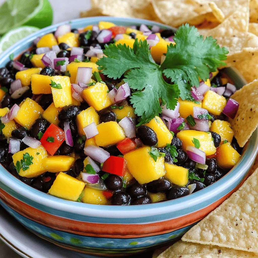 To make Mango Black Bean Salsa, you need these simple ingredients: - 1 ripe mango, diced - 1 can black beans, rinsed and drained - 1 red bell pepper, finely chopped - 1/2 red onion, finely chopped - 1 jalapeño, seeded and minced - 1/4 cup fresh cilantro, chopped - Juice of 2 limes - 1 tablespoon olive oil - Salt and pepper to taste You can change this salsa to fit your taste. Here are some fun options: - Add corn for sweetness and crunch. - Use yellow or orange bell peppers for color. - Swap lime juice for lemon juice for a twist. - Add diced avocado for creaminess. - Use garlic for extra flavor. This salsa is not only tasty but also healthy. Here’s a quick look at the nutrition: - Calories: About 120 per serving - Protein: 5 grams - Carbohydrates: 25 grams - Fats: 3 grams - Fiber: 6 grams Mango Black Bean Salsa is fresh, vibrant, and packed with nutrients. It's a great choice for a snack or topping! For the full recipe, check out the [Full Recipe]. To start, gather your ingredients. You need a ripe mango, black beans, a red bell pepper, red onion, jalapeño, cilantro, lime juice, and olive oil. Make sure to rinse and drain the black beans. For the mango, peel and dice it into small pieces. Chop the bell pepper and onion finely. For a kick, remove the seeds from the jalapeño and mince it. This step helps control the heat. Fresh cilantro adds a nice touch, so chop it well too. Now, take a large mixing bowl. Add the diced mango, black beans, chopped red bell pepper, and red onion. Next, toss in the minced jalapeño and chopped cilantro. Drizzle the lime juice and olive oil over the mix. Use a spatula to gently toss everything together. Make sure all the flavors blend well. Season with salt and pepper to your taste. This is where you can adjust the flavor to your liking. Let the salsa sit at room temperature for at least 15 minutes. This resting time allows the flavors to meld. As the salsa sits, the lime juice and salt bring out the sweetness of the mango. The beans add creaminess, while the cilantro adds freshness. Stir the salsa gently before serving. This simple step makes a big difference. Serve it in a colorful bowl for a vibrant look. You can find the full recipe in the earlier sections. Enjoy! To keep your mango black bean salsa fresh, use ripe ingredients. A ripe mango should have a sweet smell and slight give when you press it. Always rinse your black beans well to remove extra salt and canning liquid. Store your salsa in an airtight container. This keeps it fresh for longer. One mistake is using unripe mango. It lacks sweetness and flavor. Another is not letting the salsa sit. Allowing it to rest helps the flavors mix well. Also, be careful with salt. Too much can overpower the fresh taste. Add a pinch of cumin for a warm touch. This spice pairs well with the beans. For a tangy kick, try a splash of vinegar. Fresh lime juice is key, but a bit of zest makes it pop. Lastly, taste as you go. Adjust the lime juice and salt until it feels just right. For more details on making this dish, check out the Full Recipe. {{image_2}} You can switch up the fruit in this salsa. Pineapple adds a sweet twist. Just chop it into small pieces like you do with mango. Avocado gives a creamy texture. Dice it and mix it in gently. Both options make this salsa even more fun and tasty. Want more heat? Add more jalapeño or try a serrano pepper. Dice it finely for a spicy kick. If you prefer less heat, leave out the jalapeño. You can also add a sweet kick with chopped bell pepper. Spice it according to your taste! This salsa shines in many roles. Use it as a dip with tortilla chips. It is great for parties or snacks. You can also top grilled fish or chicken with it. The fresh flavors really enhance the meal. I love adding it to tacos for a zesty touch. Try it with your favorite dishes and see how it brightens them up! For the full recipe, check out the [Full Recipe]. After enjoying your mango black bean salsa, you may have some left. Store it in an airtight container. This keeps the salsa fresh and tasty. You can put it in the fridge for up to three days. If you notice any changes in color or smell, it’s best to toss it out. You can freeze mango black bean salsa if you want to save it longer. First, place the salsa in a freezer-safe container. Leave some space at the top, as it will expand when frozen. It can last in the freezer for up to three months. When you’re ready to eat it, take it out and thaw it in the fridge overnight. After thawing, enjoy it within two days for the best taste. Mango black bean salsa is great fresh, but it does have a shelf life. In the fridge, it stays good for up to three days. If you freeze it, it can last for about three months. Always check for any signs of spoilage before eating. Enjoy this fresh and colorful dish while it's at its best! For the full recipe, check out the Mango Black Bean Fiesta Salsa. Yes, you can make Mango Black Bean Salsa ahead of time. It tastes even better after sitting for a bit. When you prepare it early, let the flavors blend. I recommend making it at least one hour before serving. Just store it in the fridge until you are ready to enjoy. You can serve Mango Black Bean Salsa in many fun ways. It pairs well with tortilla chips for a crunchy snack. You can also use it as a topping for grilled chicken or fish. Another great idea is to mix it into tacos or burritos. It adds a fresh and tasty twist to any meal. If you want to serve more people, simply double the ingredients. For example, use two ripe mangoes and two cans of black beans. You can keep the same ratios for all ingredients. This way, you ensure everyone enjoys this tasty salsa. Just remember to mix it in a bigger bowl to fit all the ingredients. For the full recipe, check out the recipe section above. This blog post covered the key ingredients and steps to make Mango Black Bean Salsa. You learned how to mix flavors and avoid common mistakes. Remember to customize your salsa with fruits and spices for your taste. Store leftovers properly to enjoy it later. Making this dish ahead saves time. Enjoy it as a dip or topping. Follow these tips to create a tasty salsa every time. Your kitchen adventures will impress friends and family!