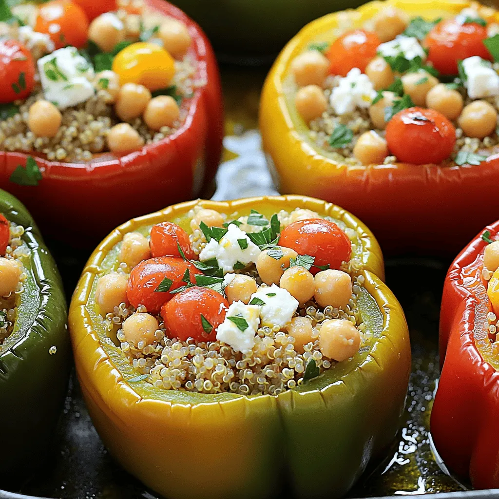 To make Mediterranean stuffed peppers, gather these ingredients: - 4 bell peppers (red, yellow, or green) - 1 cup cooked quinoa - 1 can (15 oz) chickpeas, drained and rinsed - 1 cup cherry tomatoes, halved - 1/2 cup feta cheese, crumbled - 1/2 cup Kalamata olives, pitted and chopped - 1/4 cup fresh parsley, chopped - 2 tablespoons olive oil - 1 teaspoon dried oregano - 1 teaspoon garlic powder - 1 teaspoon smoked paprika - Salt and pepper to taste Each ingredient in this recipe offers unique health benefits. Bell peppers are rich in vitamins A and C, which help support your immune system. Quinoa is high in protein and fiber, making it great for energy. Chickpeas add protein and iron, which are vital for your body. Cherry tomatoes are full of antioxidants, good for your skin. Feta cheese brings flavor and calcium. Olive oil is heart-healthy, and fresh herbs add freshness and flavor without extra calories. You can easily swap ingredients if needed. Instead of quinoa, try brown rice or couscous. If you want a vegan option, leave out the feta or use a plant-based cheese. You can add spinach or zucchini for more veggies. If you like spice, add red pepper flakes to the filling. These options let you make the dish your own while keeping it tasty and healthy. For the full recipe, see the section above. First, gather your ingredients. You will need four bell peppers, cooked quinoa, chickpeas, cherry tomatoes, feta cheese, Kalamata olives, parsley, olive oil, dried oregano, garlic powder, smoked paprika, salt, and pepper. Next, preheat your oven to 375°F (190°C). While the oven heats, cut the tops off the bell peppers. Remove the seeds and membranes carefully, then place them upright in a baking dish. This keeps the filling from spilling out. In a large mixing bowl, combine the cooked quinoa, chickpeas, halved cherry tomatoes, crumbled feta cheese, chopped olives, and chopped parsley. This mix packs a lot of flavor. Drizzle olive oil over the mixture, then add oregano, garlic powder, smoked paprika, salt, and pepper. Mix everything until it blends well. Now, it’s time to stuff the peppers. Take a spoon and fill each pepper with the quinoa and chickpea mixture. Pack it in gently to ensure a good amount fits inside. For added moisture, pour a little water into the bottom of the baking dish. Cover the dish with foil to help steam the peppers. Bake in the oven for 25 minutes. After that, remove the foil. Bake for another 10 to 15 minutes. You want the peppers to be tender and slightly charred on top. Once done, take the peppers out of the oven. Let them cool for a few minutes before serving. For a beautiful presentation, serve the stuffed peppers on a platter. Drizzle with a bit of extra olive oil. Garnish with fresh parsley to add color and flair. This makes your dish look as good as it tastes! For the full recipe, please refer to the recipe above. To save time, use pre-cooked quinoa. You can find it in most stores. You can also chop your veggies in advance. This makes the prep quick. When you have everything ready, stuffing the peppers becomes easy and fun. One mistake is overcooking the peppers. They should be tender but still firm. Another mistake is not seasoning enough. Taste your filling before stuffing. Adjust salt and pepper to your liking. Lastly, don’t forget to cover the dish with foil while baking. This keeps the peppers moist and tasty. To boost flavors, add fresh herbs. Basil or mint adds a nice touch. A squeeze of lemon juice brightens the dish too. If you like heat, add some crushed red pepper. You can also mix in different cheeses for a unique twist. For a richer taste, try using roasted garlic instead of garlic powder. You can find the full recipe for Mediterranean stuffed peppers [here](#). {{image_2}} You can easily make Mediterranean stuffed peppers vegetarian or vegan. For a vegetarian option, just skip the feta cheese or use a plant-based cheese. If you want a vegan dish, use a dairy-free cheese instead. Chickpeas and quinoa provide good protein. You will still enjoy great flavors with these simple swaps. Feel free to get creative with your stuffed peppers. You can add spinach, zucchini, or mushrooms to your filling. These vegetables bring extra nutrition and flavor. You can also mix in some nuts or seeds for crunch. Try sunflower seeds or chopped walnuts. They add texture and a nice taste. If you like a little heat, add red pepper flakes or diced jalapeños. Start with a small amount and taste as you go. You can also use hot sauce for extra kick. Balance the spice with creamy yogurt or avocado. This way, you can enjoy the heat without it being overwhelming. For the full recipe, check the complete Mediterranean stuffed peppers guide. When you have leftover Mediterranean stuffed peppers, store them in an airtight container. This keeps them fresh. Place a piece of parchment paper between the layers if you stack them. It helps prevent sticking. Always refrigerate within two hours of cooking. Leftovers will last about three to four days in the fridge. To freeze stuffed peppers, let them cool completely first. Wrap each pepper tightly in plastic wrap. Then, place them in a freezer-safe bag. Remove as much air as possible to prevent freezer burn. They can last up to three months in the freezer. When ready to eat, thaw them in the fridge overnight. Reheating stuffed peppers is simple. For the best results, use an oven. Preheat it to 350°F (175°C). Place the peppers in a baking dish and cover with foil. Heat for about 20 minutes or until warmed through. You can also use a microwave. Heat on medium power for 3-4 minutes, checking halfway. Enjoy your flavorful dish again! For the full recipe, check out the Mediterranean stuffed peppers section above. To prepare peppers for stuffing, start by picking fresh bell peppers. Choose peppers that are firm and colorful. Next, cut off the tops and remove the seeds and membranes. This step allows for easier stuffing. After that, rinse the peppers under cold water. Place them upright in a baking dish. This helps them hold their shape while cooking. Yes, you can make Mediterranean stuffed peppers ahead of time. Prepare the filling and stuff the peppers. Cover them and place them in the fridge. They can stay fresh for up to two days. When ready to cook, simply bake them as instructed in the full recipe. This makes meal prep easy and saves time during busy days. Stuffed peppers can last in the fridge for about three to five days. Make sure to store them in an airtight container. If you notice any signs of spoilage, it's best to toss them. For longer storage, consider freezing them. Just remember to let them cool completely before freezing. This way, you can enjoy them later without waste. This blog post covered all key details for making Mediterranean stuffed peppers. We explored the essential ingredients, their benefits, and how to adjust them. I shared simple steps for preparation, baking, and presentation. You learned tips to save time and avoid mistakes. We also discussed variations for dietary needs and best storage practices. Remember, these peppers can be made ahead and last well in the fridge. Embrace your creativity and enjoy every bite of your delicious dish!
