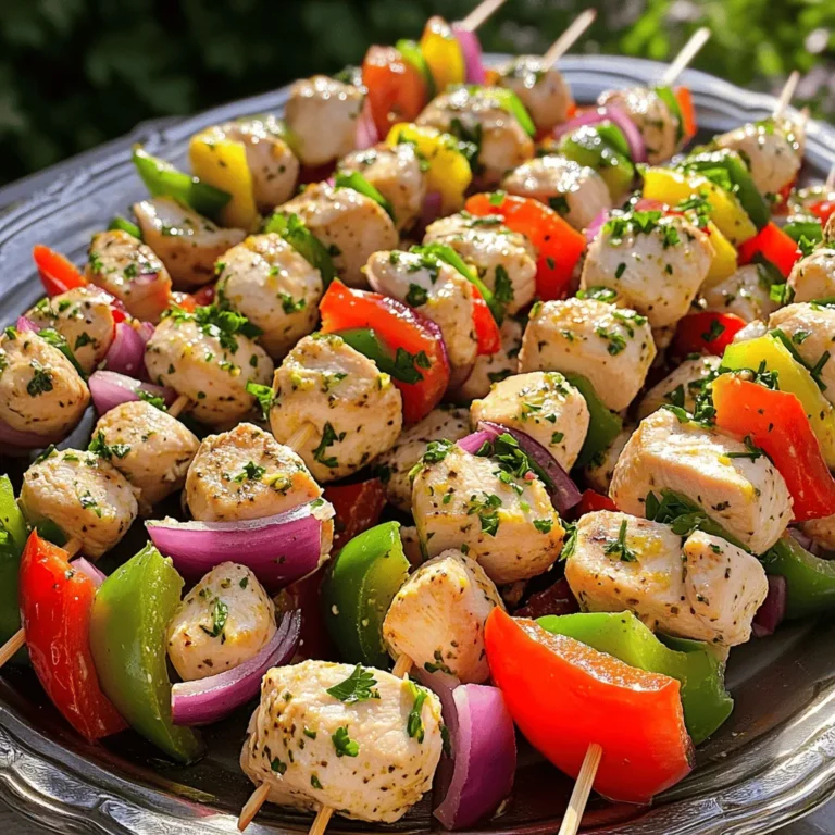 - 1.5 lbs boneless, skinless chicken breasts - 3 tablespoons olive oil - Zest and juice of 1 large lemon - 2 teaspoons dried oregano - 2 teaspoons garlic powder - 1 teaspoon onion powder - 1 teaspoon paprika - Salt and pepper, to taste For these easy Greek chicken skewers, you want the best chicken. I use boneless, skinless chicken breasts. They stay juicy and cook quickly. The olive oil adds richness, while lemon gives a bright flavor. Dried oregano and garlic powder pack a punch. Onion powder and paprika add depth. Don't forget the salt and pepper to bring it all together. - 1 red bell pepper, cut into 1-inch pieces - 1 green bell pepper, cut into 1-inch pieces - 1 red onion, cut into wedges Adding vegetables makes these skewers even better. I like using red and green bell peppers for color. They add sweetness and crunch. The red onion gives a nice bite. Make sure to cut them into pieces that match the chicken size for even cooking. - Fresh parsley, chopped, for garnish A sprinkle of fresh parsley brings everything to life. It adds color and freshness. You can use it just before serving. It makes your dish look nice and adds a pop of flavor. For the full recipe, check out the details. To start, you need to make the marinade. In a big bowl, mix together: - 3 tablespoons olive oil - Zest and juice of 1 large lemon - 2 teaspoons dried oregano - 2 teaspoons garlic powder - 1 teaspoon onion powder - 1 teaspoon paprika - Salt and pepper to taste Whisk this together until smooth. Next, add the chicken cubes. Toss them well to coat. Cover the bowl with plastic wrap. Let the chicken marinate in the fridge for at least 30 minutes. For more flavor, you can let it sit for up to 2 hours. While the chicken marinates, you need to prepare your skewers. If you are using wooden skewers, soak them in water for 30 minutes. This prevents them from burning on the grill. If you use metal skewers, you can skip this step. Once the chicken is ready, it's time to thread the skewers. Alternate chicken cubes with red and green bell pepper pieces and red onion wedges. This will add color and flavor to your skewers. Next, preheat your grill to medium-high heat. This step is important for even cooking. After that, place the skewers on the grill. Cook them for about 10 to 12 minutes. Turn them occasionally to ensure they cook evenly. The chicken should reach an internal temperature of 165°F (75°C). Once cooked, remove the skewers from the grill. Let them rest for a couple of minutes before serving. This helps keep the juices inside. Enjoy your Easy Greek Chicken Skewers from the Full Recipe! For the best taste, marinate the chicken for at least 30 minutes. You can go up to 2 hours for even more flavor. To boost the marinade, try adding fresh herbs or a splash of red wine vinegar. A bit of honey can also add a nice touch of sweetness. To avoid burnt skewers, soak wooden ones in water for 30 minutes before grilling. This keeps them from catching fire. For perfect grill marks, make sure your grill is hot. Place the skewers at an angle and don’t move them for a minute. Flip them once to get nice lines. Serve these skewers on a large platter. Drizzle some olive oil on top for shine. Add a sprinkle of fresh herbs for color. Pair with tzatziki sauce and warm pita bread for a tasty combo. You can also add a fresh Greek salad on the side to complete your meal. {{image_2}} You can change the protein in this recipe for more options. If you don't want chicken, try pork or shrimp. Both cook fast and soak up the marinade well. For a vegetarian twist, use firm tofu or seitan. These options taste great and are full of protein. Just make sure to marinate these like chicken for the best flavor. Adding different herbs can change the taste a lot. Try fresh basil, dill, or rosemary for new flavors. You can also swap spices. If you want heat, add cayenne pepper or chili powder. This will make the dish more exciting. Experiment with different herbs and spices to find your favorite mix. You can serve the skewers in different ways. Skewers are fun and easy to eat. However, you can also make salad bowls with the cooked ingredients. Just toss the chicken and veggies with greens. For a tasty touch, use tzatziki sauce. You can change tzatziki by adding mint or even avocado. This adds a new flavor and keeps it fresh. Explore these options to find what you love! To keep your Easy Greek Chicken Skewers fresh, store leftovers in an airtight container. This helps lock in moisture and flavor. You can refrigerate them for up to three days. If you want them to last longer, consider freezing. When you’re ready to enjoy your skewers again, reheating is key. I recommend using an oven or a grill. Preheat your oven to 350°F (175°C) and bake for about 10 minutes. If using a grill, heat it to low and warm the skewers for about 5 minutes. This keeps the chicken juicy and tasty. Avoid the microwave, as it can dry out the chicken. To freeze your skewers, allow them to cool completely first. Then, wrap each skewer in plastic wrap and place them in a freezer-safe bag. Make sure to remove as much air as possible. You can freeze them for up to three months. When ready to eat, take them out and thaw in the fridge overnight for the best results. This helps maintain the flavor and texture. You should marinate the chicken for at least 30 minutes. For more flavor, let it sit for up to 2 hours. This gives the chicken time to soak up all the tasty goodness from the marinade. If you want the best flavor, I recommend the full 2-hour wait. Yes, you can use store-bought marinade if you're short on time. Just pick a lemon or herb-based one. However, making your own is easy and lets you control the flavors. You can adjust it to your taste, which is always a plus. The best way to check is to use a meat thermometer. The chicken should reach an internal temperature of 165°F (75°C). If you don’t have a thermometer, cut into a piece. The meat should be white, not pink. Absolutely! If you don’t have a grill, you can bake them. Preheat your oven to 400°F (200°C) and place the skewers on a baking sheet. Cook for about 15-20 minutes, turning halfway through. This method will still give you tasty skewers. For the full recipe, check the details above! This blog post covered how to create delicious grilled chicken skewers. You learned about key ingredients like chicken, fresh veggies, and herbs. I shared step-by-step instructions for marinating, prepping, and grilling. Tips helped you boost flavors and avoid common mistakes. In the end, don't shy away from experimenting with proteins and spices. Enjoy your skewers with friends and family for a perfect meal!