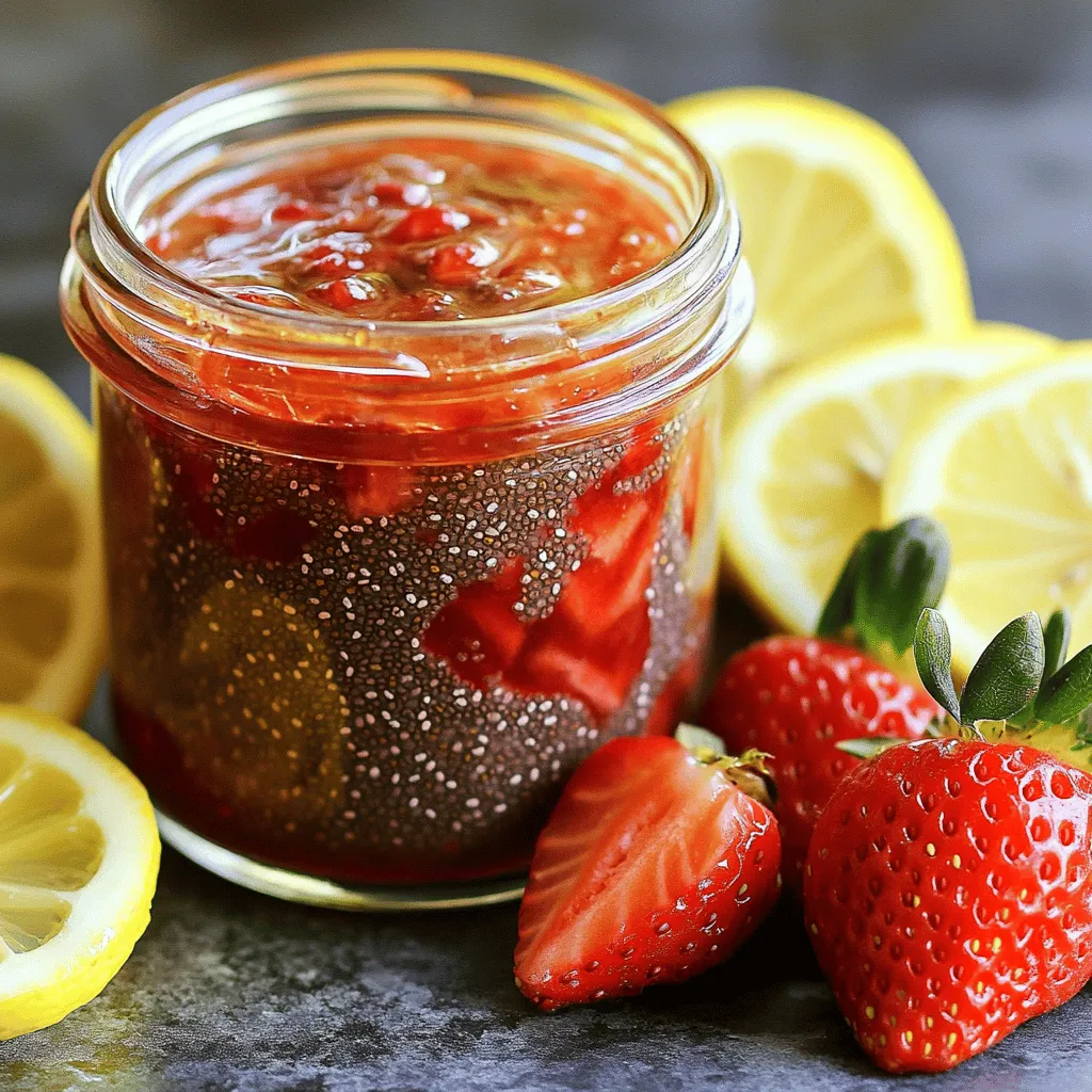 To make strawberry chia seed jam, you need: - 2 cups fresh strawberries, hulled and halved - 1/4 cup honey or maple syrup - 2 tablespoons chia seeds - 1 tablespoon lemon juice - A pinch of salt - Strawberries: These berries are low in calories and high in vitamin C. They help boost your immune system and are rich in antioxidants, which protect your body. - Honey or Maple Syrup: Both options offer natural sweetness. Honey has antibacterial properties while maple syrup provides minerals like manganese and zinc. - Chia Seeds: These tiny seeds are packed with omega-3 fatty acids, fiber, and protein. They help keep you full and support heart health. - Lemon Juice: This juice adds a bright flavor and is high in vitamin C. It also acts as a natural preservative. - Salt: Just a pinch helps balance the sweetness and enhance the overall flavor. If you don't have strawberries, use other berries like raspberries or blueberries. You can swap honey for agave nectar if you want a vegan option. For chia seeds, ground flaxseeds can work too but may change the texture. If you want a different citrus flavor, try lime juice instead of lemon juice. These swaps keep the jam tasty and healthy. For the full recipe, check out the instructions. To start, gather your ingredients. You need fresh strawberries, honey (or maple syrup), chia seeds, lemon juice, and a pinch of salt. 1. Hull and halve the strawberries. This makes them easier to cook down. 2. Measure your sweetener. Use honey for a rich taste or maple syrup for a vegan option. 3. Prepare your workstation. Grab a medium saucepan and a fork or potato masher for later. Now, let’s cook the jam! 1. Combine the halved strawberries and honey in the saucepan. Heat over medium. 2. Stir gently. Cook for about 5-7 minutes. Watch as the strawberries soften and release their juices. 3. Remove from heat. Once soft, mash the mixture lightly for a chunky jam. 4. Add chia seeds, lemon juice, and salt. Mix well to combine all the flavors. 5. Let it sit for 10-15 minutes. The chia seeds will absorb liquid and thicken your jam. Stir now and then. 6. Taste the jam. Adjust sweetness if you want. For a smoother texture, blend it to your liking. 7. Transfer the jam to a jar. Allow it to cool before sealing. Store it in the fridge for up to two weeks. For the best texture, consider these tips: - Don’t over-mash. Keep some chunks for a more appealing look. - Use fresh, ripe strawberries. They add more flavor and natural sweetness. - Adjust chia seed amount. More chia seeds will thicken the jam faster. - Experiment with blending. Blend only part of the jam for a unique texture. Follow these steps, and you’ll have a delightful strawberry chia seed jam that’s both tasty and healthy! Check out the Full Recipe for more details. To sweeten your jam, taste it first. If you want more sweetness, add honey or maple syrup. Start with a little bit and mix well. You can always add more, but you can’t take it out. You can also use agave nectar or brown sugar if you prefer. Each sweetener brings a different flavor. Experiment and find your favorite. Store your jam in a clean jar with a tight lid. Keep it in the fridge. It stays fresh for up to two weeks. If you want to use it later, freeze it in small jars. To reheat, just scoop some into a bowl and warm it in the microwave. Heat it for a few seconds, then stir. Don’t let it get too hot. One common mistake is not mashing the strawberries enough. Make sure to mash them well for a great texture. Another mistake is adding too much sweetener at once. Taste as you go. Also, don’t skip the chia seeds. They are key to thickening the jam. Follow the full recipe for best results. {{image_2}} You can mix in other fruits to your strawberry chia seed jam. Try adding blueberries, raspberries, or blackberries. These fruits add new colors and flavors. Just use the same method as with strawberries. The jam will still taste great and be healthy. Adding flavors makes your jam unique. You can stir in a bit of vanilla extract for sweetness. A sprinkle of cinnamon or nutmeg can add warmth. Just remember to start with a small amount. Taste it and add more if you like. These flavors will make a simple jam special. You can switch up the sweetener for your jam. Honey is a popular choice, but maple syrup works too. If you want a low-calorie option, use stevia or agave syrup. Each sweetener gives a different taste. Adjust the amount based on your preference. This flexibility lets you create a jam that fits your taste perfectly. For the complete recipe, check out the Full Recipe section. You want to store your strawberry chia seed jam in a clean jar. Make sure the jar is dry. After you make the jam, let it cool fully. This helps keep it fresh. Seal the jar tightly. Store it in the fridge. This way, your jam stays tasty for longer. If you want to keep jam for a long time, freezing works great. First, use freezer-safe jars or bags. Leave some space at the top. The jam will expand a bit when it freezes. Label the container with the date. You can freeze it for up to six months. When you're ready, just thaw it in the fridge. Your homemade jam can last about two weeks in the fridge. Check for signs of spoilage. If you see mold or a strange smell, it is best to toss it. If the color fades, that is another warning sign. Always trust your senses. Homemade jam should look and smell fresh. For the full recipe, check the instructions above. Homemade strawberry chia seed jam lasts about two weeks in the fridge. Store it in a clean jar. Always check for any signs of spoilage before eating. If it looks or smells off, throw it away. Yes, you can use frozen strawberries! Just thaw them first. Drain excess water before cooking. This way, you get a nice texture and flavor. It’s a great way to enjoy jam year-round without fresh strawberries. Chia seeds are tiny powerhouses of nutrients. They are high in fiber, protein, and omega-3 fatty acids. They help keep you full and support heart health. Strawberries are low in calories and rich in vitamins. They provide vitamin C, antioxidants, and fiber. Together, they make a tasty and healthy treat. Enjoy this jam guilt-free as a spread or topping! For the full recipe, check the Strawberry Chia Seed Jam section. In this blog post, we explored making delicious strawberry chia seed jam. We covered key ingredients, their health benefits, and easy substitutions. The step-by-step instructions provided clear cooking methods and tips for the best texture. I shared ways to adjust sweetness and storage tips to keep your jam fresh. We also discussed fun variations and answered common questions. Enjoy making your jam! With these tips, you can create a tasty treat that's fun and healthy.