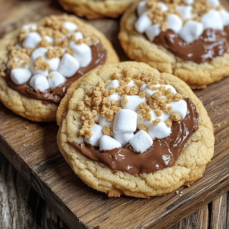For S’mores stuffed cookies, you need: - 1 cup unsalted butter, softened - 1 cup brown sugar, packed - 1/2 cup granulated sugar - 2 large eggs - 1 teaspoon vanilla extract - 2 1/2 cups all-purpose flour - 1 teaspoon baking soda - 1/2 teaspoon salt - 1 cup semisweet chocolate chips - 1 cup mini marshmallows - 1 cup graham cracker crumbs When I bake, I trust certain brands for the best results: - Use Land O'Lakes for unsalted butter. It’s creamy and easy to work with. - Domino is my go-to for brown sugar. It packs well and adds great flavor. - Ghirardelli makes wonderful semisweet chocolate chips. They melt perfectly. - Jet-Puffed mini marshmallows are soft and sweet. They help create that gooey center. - Honey Maid graham crackers give a nice crunch and flavor. You can swap some ingredients if needed: - Use coconut oil instead of butter for a dairy-free option. - Replace brown sugar with coconut sugar for a hint of caramel flavor. - If you’re out of eggs, use 1/4 cup applesauce per egg. - Gluten-free flour can work in place of all-purpose flour. Just check the blend. - For a unique twist, try adding peanut butter chips instead of chocolate chips. These choices keep your cookies tasty and fun! For more details, check out the Full Recipe. 1. Preheat the Oven: Set your oven to 350°F (175°C). Line two baking sheets with parchment paper. 2. Cream the Butter and Sugars: In a large bowl, mix the softened butter, brown sugar, and granulated sugar. Beat with an electric mixer until smooth. 3. Add Eggs and Vanilla: Add the eggs one at a time. Mix well after each. Stir in the vanilla extract until combined. 4. Combine Dry Ingredients: In a separate bowl, whisk together the flour, baking soda, and salt. Gradually add this dry mix to the wet mix, stirring until just combined. 5. Fold in Chocolates and Marshmallows: Gently fold in the chocolate chips, mini marshmallows, and graham cracker crumbs until evenly mixed. 6. Scoop the Dough: Use a cookie scoop to place dough balls on the baking sheets. Leave space between each cookie. 7. Stuff the Cookies: Take a small amount of dough and flatten it. Place mini marshmallows and chocolate chips in the center. Cover with another dough disk and seal the edges. 8. Bake: Bake for 10-12 minutes. Look for golden edges and soft centers. 9. Cool and Enjoy: Let cookies cool on sheets for about 5 minutes. Then, move them to a wire rack. Enjoy warm for that gooey s’mores experience! - Use Room Temperature Ingredients: This helps the butter and sugars blend well. - Measure Flour Correctly: Spoon flour into the measuring cup and level it off. This prevents dry cookies. - Don’t Overmix: Stir just until combined to keep cookies tender. - Check Oven Temperature: Use an oven thermometer for accuracy. This ensures even baking. I recommend taking photos for each step or creating a video. Showing the dough texture and cookie assembly helps others understand better. A visual guide can make the process more fun and easier to follow. For example, show how the dough looks when mixed and how to stuff the cookies. You can find plenty of ideas online to inspire your visuals. For the full recipe, check out the detailed instructions above. To get the best cookie texture, use softened butter. Cream it well with sugars until smooth. This step helps the cookies rise and stay soft. Too much flour can make the cookies dry. Always measure flour correctly. Use the spoon-and-level method to avoid adding too much. For gooey centers, do not overbake the cookies. Bake until the edges turn golden but keep the middle soft. Adding extra mini marshmallows inside the cookies boosts the gooeyness. You can also use chocolate chunks for a richer taste. Let the cookies cool for a few minutes before eating. This helps the filling settle just right. One common mistake is not chilling the dough. Chilling helps the cookies hold their shape and prevents spreading. Another mistake is using cold butter. Always use softened butter for the best results. Lastly, don’t skip the graham cracker crumbs. They add that essential s’mores flavor. Following these tips will ensure your s’mores stuffed cookies turn out perfect every time! {{image_2}} You can change up your s’mores stuffed cookies easily. Try adding peanut butter chips for a nutty twist. You could also use white chocolate chips for a sweeter taste. How about mixing in crushed Oreos for a cookies and cream vibe? Each option gives a new spin. Experiment with flavors to find your favorite. If you need gluten-free cookies, use a gluten-free flour blend. Make sure it's a 1:1 blend for best results. Replace the graham cracker crumbs with gluten-free crumbs. This way, you keep the same great taste without gluten. Always check labels to ensure all ingredients are gluten-free. To make these cookies vegan, swap butter for coconut oil or vegan butter. Use flax eggs instead of regular eggs. Just mix one tablespoon of ground flaxseed with three tablespoons of water for each egg. Choose dairy-free chocolate chips and marshmallows. This way, everyone can enjoy these tasty treats! For the full recipe, check out the detailed instructions and ingredients above. To keep your s’mores stuffed cookies fresh, store them in an airtight container. Make sure they cool completely before sealing. Place parchment paper between layers to stop them from sticking. This helps keep the cookies soft and chewy. You can freeze your s’mores stuffed cookies for later. First, let them cool. Then, wrap each cookie in plastic wrap. Place wrapped cookies in a freezer bag or container. They can last up to three months in the freezer. When you're ready to eat them, just thaw at room temperature. When stored correctly, these cookies stay fresh for about one week at room temperature. If you keep them in the fridge, they can last up to two weeks. For the best taste, eat them within the first few days. This way, you'll enjoy the gooey marshmallows and chocolate at their best. To make S’mores stuffed cookies, follow these steps: 1. Preheat your oven to 350°F (175°C). Line two baking sheets with parchment paper. 2. Cream the butter and sugars in a large bowl until smooth. 3. Add eggs and vanilla one at a time, mixing well after each. 4. Whisk the dry ingredients in a separate bowl, then mix into the wet ingredients. 5. Fold in chocolate chips, marshmallows, and graham cracker crumbs until evenly mixed. 6. Scoop the dough onto baking sheets, leaving space between each scoop. 7. Stuff each cookie by pressing a flat disk of dough, adding marshmallows and chocolate, then sealing with more dough. 8. Bake for 10-12 minutes until golden around the edges. 9. Cool and enjoy warm for that gooey s’mores experience. For the full recipe, check the section above. Yes, you can find pre-made S’mores stuffed cookies at some grocery stores or bakeries. Look in the cookie aisle or ask your local bakery. However, making them at home gives you control over taste and freshness. Plus, it’s a fun activity! To reheat S’mores stuffed cookies, place them in a microwave for about 10-15 seconds. This warms them up and keeps them gooey. If you prefer a crispier texture, pop them in a toaster oven at 350°F (175°C) for about 5 minutes. Enjoy the warm, melted chocolate and marshmallow! To make s’mores stuffed cookies, gather these ingredients: - 1 cup unsalted butter, softened - 1 cup brown sugar, packed - 1/2 cup granulated sugar - 2 large eggs - 1 teaspoon vanilla extract - 2 1/2 cups all-purpose flour - 1 teaspoon baking soda - 1/2 teaspoon salt - 1 cup semisweet chocolate chips - 1 cup mini marshmallows - 1 cup graham cracker crumbs Start by preheating your oven to 350°F (175°C). Cream the butter and sugars until smooth. Then, add the eggs and vanilla. In another bowl, whisk together the flour, baking soda, and salt. Mix the dry ingredients into the wet ones. Fold in the chocolate chips, marshmallows, and graham cracker crumbs. Scoop out the dough and stuff each ball with more marshmallows and chocolate. Bake for 10-12 minutes. Let them cool before enjoying! The prep time for these cookies is about 20 minutes. The total cooking time is around 30 minutes. This recipe yields 24 delicious cookies. Enjoy sharing them with friends and family! In this post, we covered how to make delicious s'mores stuffed cookies. We discussed the must-have ingredients, cooking steps, and tips for perfect cookies. You learned about fun variations and how to store them properly. Remember, key tips help you avoid common mistakes. With these insights, you can bake cookies that are gooey, tasty, and loved by all. Now, it’s time to put your skills to the test and enjoy your treats!