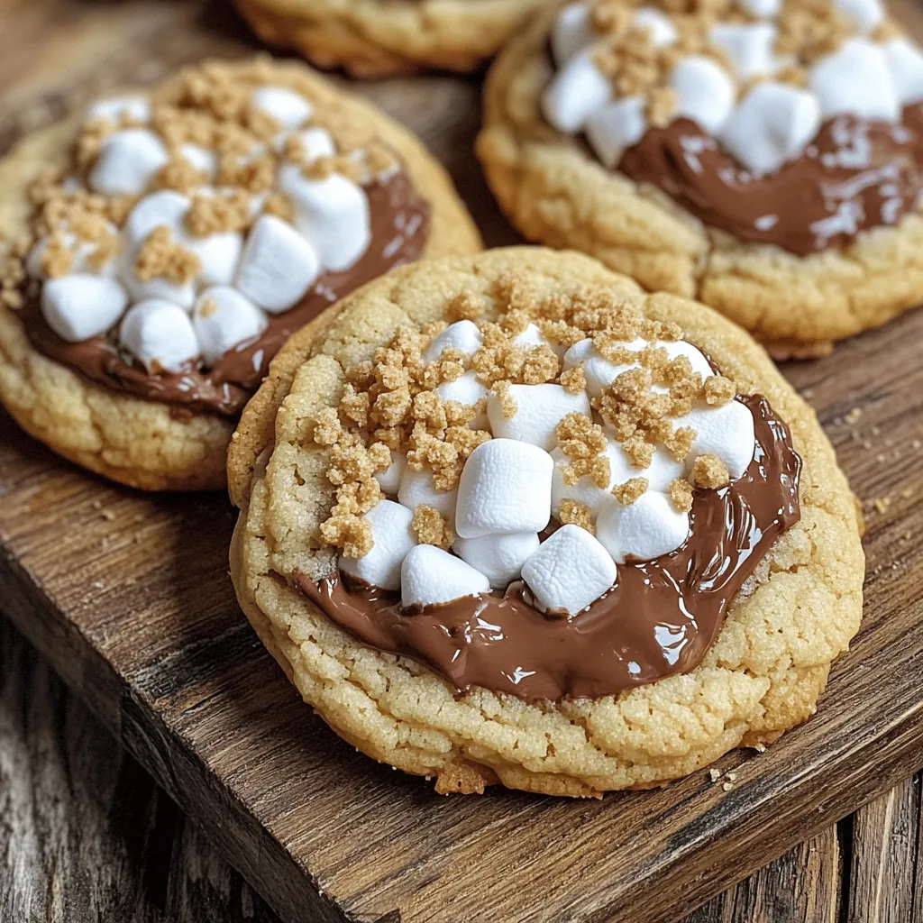 For S’mores stuffed cookies, you need: - 1 cup unsalted butter, softened - 1 cup brown sugar, packed - 1/2 cup granulated sugar - 2 large eggs - 1 teaspoon vanilla extract - 2 1/2 cups all-purpose flour - 1 teaspoon baking soda - 1/2 teaspoon salt - 1 cup semisweet chocolate chips - 1 cup mini marshmallows - 1 cup graham cracker crumbs When I bake, I trust certain brands for the best results: - Use Land O'Lakes for unsalted butter. It’s creamy and easy to work with. - Domino is my go-to for brown sugar. It packs well and adds great flavor. - Ghirardelli makes wonderful semisweet chocolate chips. They melt perfectly. - Jet-Puffed mini marshmallows are soft and sweet. They help create that gooey center. - Honey Maid graham crackers give a nice crunch and flavor. You can swap some ingredients if needed: - Use coconut oil instead of butter for a dairy-free option. - Replace brown sugar with coconut sugar for a hint of caramel flavor. - If you’re out of eggs, use 1/4 cup applesauce per egg. - Gluten-free flour can work in place of all-purpose flour. Just check the blend. - For a unique twist, try adding peanut butter chips instead of chocolate chips. These choices keep your cookies tasty and fun! For more details, check out the Full Recipe. 1. Preheat the Oven: Set your oven to 350°F (175°C). Line two baking sheets with parchment paper. 2. Cream the Butter and Sugars: In a large bowl, mix the softened butter, brown sugar, and granulated sugar. Beat with an electric mixer until smooth. 3. Add Eggs and Vanilla: Add the eggs one at a time. Mix well after each. Stir in the vanilla extract until combined. 4. Combine Dry Ingredients: In a separate bowl, whisk together the flour, baking soda, and salt. Gradually add this dry mix to the wet mix, stirring until just combined. 5. Fold in Chocolates and Marshmallows: Gently fold in the chocolate chips, mini marshmallows, and graham cracker crumbs until evenly mixed. 6. Scoop the Dough: Use a cookie scoop to place dough balls on the baking sheets. Leave space between each cookie. 7. Stuff the Cookies: Take a small amount of dough and flatten it. Place mini marshmallows and chocolate chips in the center. Cover with another dough disk and seal the edges. 8. Bake: Bake for 10-12 minutes. Look for golden edges and soft centers. 9. Cool and Enjoy: Let cookies cool on sheets for about 5 minutes. Then, move them to a wire rack. Enjoy warm for that gooey s’mores experience! - Use Room Temperature Ingredients: This helps the butter and sugars blend well. - Measure Flour Correctly: Spoon flour into the measuring cup and level it off. This prevents dry cookies. - Don’t Overmix: Stir just until combined to keep cookies tender. - Check Oven Temperature: Use an oven thermometer for accuracy. This ensures even baking. I recommend taking photos for each step or creating a video. Showing the dough texture and cookie assembly helps others understand better. A visual guide can make the process more fun and easier to follow. For example, show how the dough looks when mixed and how to stuff the cookies. You can find plenty of ideas online to inspire your visuals. For the full recipe, check out the detailed instructions above. To get the best cookie texture, use softened butter. Cream it well with sugars until smooth. This step helps the cookies rise and stay soft. Too much flour can make the cookies dry. Always measure flour correctly. Use the spoon-and-level method to avoid adding too much. For gooey centers, do not overbake the cookies. Bake until the edges turn golden but keep the middle soft. Adding extra mini marshmallows inside the cookies boosts the gooeyness. You can also use chocolate chunks for a richer taste. Let the cookies cool for a few minutes before eating. This helps the filling settle just right. One common mistake is not chilling the dough. Chilling helps the cookies hold their shape and prevents spreading. Another mistake is using cold butter. Always use softened butter for the best results. Lastly, don’t skip the graham cracker crumbs. They add that essential s’mores flavor. Following these tips will ensure your s’mores stuffed cookies turn out perfect every time! {{image_2}} You can change up your s’mores stuffed cookies easily. Try adding peanut butter chips for a nutty twist. You could also use white chocolate chips for a sweeter taste. How about mixing in crushed Oreos for a cookies and cream vibe? Each option gives a new spin. Experiment with flavors to find your favorite. If you need gluten-free cookies, use a gluten-free flour blend. Make sure it's a 1:1 blend for best results. Replace the graham cracker crumbs with gluten-free crumbs. This way, you keep the same great taste without gluten. Always check labels to ensure all ingredients are gluten-free. To make these cookies vegan, swap butter for coconut oil or vegan butter. Use flax eggs instead of regular eggs. Just mix one tablespoon of ground flaxseed with three tablespoons of water for each egg. Choose dairy-free chocolate chips and marshmallows. This way, everyone can enjoy these tasty treats! For the full recipe, check out the detailed instructions and ingredients above. To keep your s’mores stuffed cookies fresh, store them in an airtight container. Make sure they cool completely before sealing. Place parchment paper between layers to stop them from sticking. This helps keep the cookies soft and chewy. You can freeze your s’mores stuffed cookies for later. First, let them cool. Then, wrap each cookie in plastic wrap. Place wrapped cookies in a freezer bag or container. They can last up to three months in the freezer. When you're ready to eat them, just thaw at room temperature. When stored correctly, these cookies stay fresh for about one week at room temperature. If you keep them in the fridge, they can last up to two weeks. For the best taste, eat them within the first few days. This way, you'll enjoy the gooey marshmallows and chocolate at their best. To make S’mores stuffed cookies, follow these steps: 1. Preheat your oven to 350°F (175°C). Line two baking sheets with parchment paper. 2. Cream the butter and sugars in a large bowl until smooth. 3. Add eggs and vanilla one at a time, mixing well after each. 4. Whisk the dry ingredients in a separate bowl, then mix into the wet ingredients. 5. Fold in chocolate chips, marshmallows, and graham cracker crumbs until evenly mixed. 6. Scoop the dough onto baking sheets, leaving space between each scoop. 7. Stuff each cookie by pressing a flat disk of dough, adding marshmallows and chocolate, then sealing with more dough. 8. Bake for 10-12 minutes until golden around the edges. 9. Cool and enjoy warm for that gooey s’mores experience. For the full recipe, check the section above. Yes, you can find pre-made S’mores stuffed cookies at some grocery stores or bakeries. Look in the cookie aisle or ask your local bakery. However, making them at home gives you control over taste and freshness. Plus, it’s a fun activity! To reheat S’mores stuffed cookies, place them in a microwave for about 10-15 seconds. This warms them up and keeps them gooey. If you prefer a crispier texture, pop them in a toaster oven at 350°F (175°C) for about 5 minutes. Enjoy the warm, melted chocolate and marshmallow! To make s’mores stuffed cookies, gather these ingredients: - 1 cup unsalted butter, softened - 1 cup brown sugar, packed - 1/2 cup granulated sugar - 2 large eggs - 1 teaspoon vanilla extract - 2 1/2 cups all-purpose flour - 1 teaspoon baking soda - 1/2 teaspoon salt - 1 cup semisweet chocolate chips - 1 cup mini marshmallows - 1 cup graham cracker crumbs Start by preheating your oven to 350°F (175°C). Cream the butter and sugars until smooth. Then, add the eggs and vanilla. In another bowl, whisk together the flour, baking soda, and salt. Mix the dry ingredients into the wet ones. Fold in the chocolate chips, marshmallows, and graham cracker crumbs. Scoop out the dough and stuff each ball with more marshmallows and chocolate. Bake for 10-12 minutes. Let them cool before enjoying! The prep time for these cookies is about 20 minutes. The total cooking time is around 30 minutes. This recipe yields 24 delicious cookies. Enjoy sharing them with friends and family! In this post, we covered how to make delicious s'mores stuffed cookies. We discussed the must-have ingredients, cooking steps, and tips for perfect cookies. You learned about fun variations and how to store them properly. Remember, key tips help you avoid common mistakes. With these insights, you can bake cookies that are gooey, tasty, and loved by all. Now, it’s time to put your skills to the test and enjoy your treats!