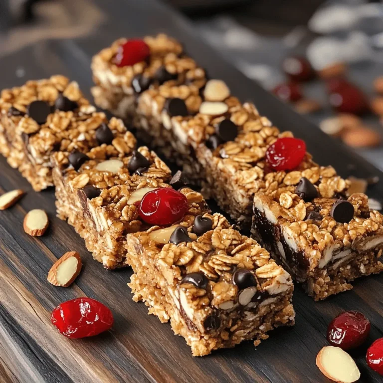 To make Cherry Chocolate Granola Bars, you need these tasty ingredients: - 2 cups rolled oats - ½ cup almond butter (or any nut/seed butter of choice) - ¼ cup honey or maple syrup - ½ cup dark chocolate chips - ½ cup dried cherries, chopped - ¼ cup sunflower seeds - ¼ cup sliced almonds - 1 teaspoon vanilla extract - ½ teaspoon cinnamon - Pinch of salt You can swap some ingredients if needed. Here are a few ideas: - If you don’t have almond butter, peanut butter works too. - Maple syrup can replace honey for a vegan option. - You can use any dried fruit instead of cherries, like cranberries or raisins. - For a nut-free version, skip the nuts and use pumpkin seeds. Choosing the best ingredients helps make better bars. Here are my tips: - Buy organic oats to avoid pesticides and chemicals. - Look for nut butters with no added sugars or oils. - Choose dark chocolate chips with at least 70% cocoa for a rich taste. - Select plump, moist dried cherries for a juicy bite. - Always check the expiration dates on all products. These tips help you create delicious Cherry Chocolate Granola Bars. You can find the full recipe above to get started! Start by preheating your oven to 350°F (175°C). Next, grab an 8x8 inch baking dish. Line it with parchment paper, leaving some paper hanging over the edges. This step makes it easy to lift out the granola bars later. In a large bowl, mix 2 cups of rolled oats, ¼ cup of sunflower seeds, and ¼ cup of sliced almonds. Add ½ cup of chopped dried cherries, ½ teaspoon of cinnamon, and a pinch of salt. Stir these dry ingredients until they are well combined. This mixture forms the base of your granola bars and gives them texture. For the wet mix, take a microwave-safe bowl. Add ½ cup of almond butter and ¼ cup of honey or maple syrup. Microwave this mix in 20-second intervals. Stir after each interval until it becomes smooth and melted. Once ready, stir in 1 teaspoon of vanilla extract. Pour this warm mixture over the dry ingredients and mix well. This helps to coat all the oats and nuts evenly. Transfer the mixture into your prepared baking dish. Press it firmly with a spatula or your hands. This step ensures the bars hold together when baked. Bake for 20-25 minutes, until the edges turn golden brown. Once baked, let it cool in the dish for about 10 minutes. Use the parchment paper to lift the granola out and place it on a wire rack. Allow it to cool completely before cutting into bars. Store your delicious bars in an airtight container. Enjoy this tasty snack! To get the best texture in your Cherry Chocolate Granola Bars, focus on the oats. Use rolled oats for the right chewiness. Press the mixture firmly into the baking dish. This step helps the bars hold together well. Bake until the edges are golden brown, but not too dark. A bit of crunch is good, but you want a soft center too. One common mistake is not measuring ingredients accurately. Use a scale for the best results. Overmixing can also ruin the bars. Gently fold in the chocolate chips to keep them whole. Lastly, don’t skip cooling the bars before cutting. This makes them easier to slice and keeps them from falling apart. You can customize your bars by adding other flavors. Try adding a sprinkle of sea salt on top for contrast. Nuts like walnuts or pecans add a nice crunch. You could also toss in some coconut flakes for extra flavor. If you love spices, a dash of nutmeg can make a big difference. Each of these adds a unique twist to the classic Cherry Chocolate Granola Bars recipe. {{image_2}} You can add a nutty twist to your Cherry Chocolate Granola Bars. By mixing in chopped nuts, you heighten the texture and flavor. Use walnuts, pecans, or hazelnuts to enhance the crunch. Simply add about ½ cup of your chosen nuts to the dry mix. This change makes the bars more filling and adds healthy fats. Want to make your bars vegan? Swap honey for maple syrup. Both sweeteners work well, but maple syrup keeps it plant-based. For a gluten-free option, ensure your oats are certified gluten-free. This small change allows everyone to enjoy your tasty snack without worry. With these swaps, your Cherry Chocolate Granola Bars will be a hit with all! You can easily customize flavors in your granola bars. For a tropical twist, add shredded coconut. About ½ cup will do the trick! You can also spice it up with 1 teaspoon of almond extract instead of vanilla. This gives your bars a unique flavor and aroma. Try adding spices like nutmeg or ginger for a warm touch. Each variation adds a new layer of taste, making your snacks even more exciting. For the full recipe, check out the details above! To keep your Cherry Chocolate Granola Bars fresh, store them in an airtight container. This protects them from air and moisture. You can place them in the pantry or the fridge. If you use the fridge, they stay fresh longer. Make sure to separate layers with parchment paper. This way, they won’t stick together. When stored correctly, these granola bars last for up to two weeks. If you keep them in the fridge, they may stay fresh for a bit longer. Check for any signs of spoilage. If they smell off or have changed color, toss them out. Always trust your senses. Freezing is a great option if you want to keep your bars for longer. To freeze, wrap each bar in plastic wrap. Then, place them in a freezer-safe bag or container. They can last for up to three months in the freezer. When you want to eat them, simply thaw them in the fridge overnight. This keeps them tasty and ready to enjoy! For the full recipe, check out the Cherry Chocolate Granola Bars section. Yes, you can use other nuts or seeds. Try walnuts, pecans, or pumpkin seeds. Each adds a unique flavor and texture. Just keep the total amount the same. You can mix and match to find your favorite combo. Definitely, these bars are a healthy snack option. They contain oats, nuts, and dried fruits. These ingredients provide fiber, protein, and essential nutrients. Using dark chocolate adds antioxidants while keeping sugar low. They are great for energy, perfect for a quick snack. You can find pre-made bars in most grocery stores. Check the health food aisle or snack section. Brands like Nature Valley or RXBAR often have similar flavors. Always read the label to ensure quality ingredients. To make gluten-free Cherry Chocolate Granola Bars, use gluten-free oats. Many brands offer certified gluten-free oats now. This simple swap ensures your bars are safe for those with gluten allergies or sensitivities. This guide walked you through making delicious Cherry Chocolate Granola Bars. We covered the key ingredients, including tips on choosing the best ones. You learned step-by-step instructions for mixing and baking. Plus, we shared useful tips to avoid common mistakes. You explored fun variations and storage methods to keep your bars fresh. Remember, baking is all about experimenting and enjoying the process. Try different flavors and ingredients to make this recipe your own. Happy baking!