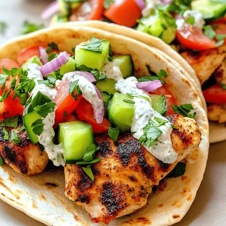 - 1 lb boneless, skinless chicken thighs - 3 tablespoons olive oil - 2 teaspoons dried oregano - 2 teaspoons garlic powder - 1 teaspoon onion powder - 1 teaspoon smoked paprika - Salt and pepper to taste - 4 pita bread - 1 cup Tzatziki sauce (store-bought or homemade) - 1 cup cucumber, diced - 1 cup tomatoes, diced - ½ red onion, thinly sliced - Fresh parsley, chopped for garnish - Grill or skillet - Mixing bowl - Knife and cutting board When you make Easy Chicken Gyros, start with quality ingredients. The chicken thighs give a juicy bite. Add olive oil for a rich flavor. Dried oregano gives that Greek touch. You’ll want garlic powder for warmth and onion powder for sweetness. Smoked paprika adds a hint of spice. Season with salt and pepper to bring it all together. For toppings, Tzatziki sauce is a must. It cools and flavors each bite. Fresh cucumber and tomatoes add crunch and freshness. Red onion gives a slight zing, while parsley brightens the dish. You can use store-bought items or make your own for a personal touch. Gather your kitchen tools before you start. A grill or skillet will help cook the chicken evenly. Use a mixing bowl to prepare your marinade. A sharp knife and cutting board make chopping easy and safe. This recipe is easy and fun to make. Check out the Full Recipe to help you along the way. To start, you will want to make a tasty marinade. In a bowl, combine: - 3 tablespoons olive oil - 2 teaspoons dried oregano - 2 teaspoons garlic powder - 1 teaspoon onion powder - 1 teaspoon smoked paprika - Salt and pepper to taste Mix these ingredients well. This blend will help add flavor to the chicken. Next, take 1 pound of boneless, skinless chicken thighs. Coat them evenly with the marinade. Cover the bowl and place it in the fridge. Let the chicken marinate for at least 30 minutes. If you have time, marinating for up to 2 hours gives it even more flavor. When you're ready to cook, preheat your grill or skillet over medium-high heat. This step is key to getting a nice char on the chicken. Once it’s hot, place the marinated chicken thighs on the grill. Cook them for about 5-7 minutes on each side. You want them to be charred and cooked through. After cooking, remove the chicken from heat and let it rest for a few minutes. This helps keep it juicy. Slice the chicken into strips when it's cool enough to handle. Now it’s time to assemble your gyros! First, warm your pita bread on the grill or in a skillet. Heat it for about 30 seconds on each side. This will make it soft and pliable. Next, take a warm pita and add a generous amount of sliced chicken in the center. Top it with: - 1 cup diced cucumber - 1 cup diced tomatoes - ½ red onion, thinly sliced - A dollop of Tzatziki sauce For a fresh touch, garnish with chopped parsley. Finally, fold the pita gently and serve while warm. Enjoy your homemade chicken gyros! For the full recipe, check the previous section. Marinating your chicken is key for great flavor. I suggest marinating for at least 30 minutes. For a deeper flavor, let it sit for up to 2 hours. This allows the spices to mix well with the meat. Using fresh herbs can truly enhance your dish. Try adding fresh oregano or parsley to the marinade. Fresh herbs bring brightness and vibrancy. They make your gyros taste even better. To get the perfect char, preheat your grill well. This helps create a nice sear on the chicken. Cook the chicken for about 5-7 minutes on each side. Look for golden-brown edges. This means they are done and full of flavor. If grilling isn’t an option, you can cook the chicken on the stovetop or in the oven. Use a skillet on medium-high heat or bake at 400°F. Both methods will still give you tasty chicken gyros. When it comes to serving, how you arrange toppings matters. Place diced cucumbers, tomatoes, and red onions neatly in the pita. This makes your gyros eye-catching and inviting. You can serve gyros with a side of Greek salad or crispy fries. These options add color and texture to your meal. For a fun twist, wrap the gyros in parchment for easy handling. For the full recipe, check out the Delicious Greek Chicken Gyros. {{image_2}} You can easily switch up the protein in your gyros. Instead of chicken thighs, try using chicken breast. It cooks faster and can be just as tasty. You can also swap chicken for beef or lamb for a heartier flavor. If you prefer a meat-free meal, grill up some veggies. Bell peppers, zucchini, and eggplant work great. They add color and taste to your dish. Take the flavor of your gyros up a notch. Add spices like cumin or coriander to your marinade. Fresh herbs like mint or dill can also bring new life to your dish. For the Tzatziki sauce, try different styles. You can make it with Greek yogurt, or use sour cream for a creamier texture. Add garlic or lemon juice for a zesty kick. You can serve your gyros in many ways. Wrap them in pita bread for a fun, handheld meal. Or you can place everything on a platter for a family-style feast. If you want to change it up, try using lavash or tortillas instead of pita. Each type of bread adds a unique twist to your meal. For the full recipe, check out the Delicious Greek Chicken Gyros. Enjoy crafting your tasty variations! To keep your chicken gyros fresh, store them in the fridge. Place leftovers in an airtight container. They will stay good for up to three days. If you want to keep them longer, consider freezing. Wrap each gyro tightly in plastic wrap. Then, place them in a freezer bag. They can last for up to three months in the freezer. When it's time to enjoy your gyros again, you have options. You can reheat them in the oven or microwave. For the oven, preheat it to 350°F. Wrap the gyros in foil to keep them moist. Heat for about 15 minutes. If using the microwave, place the gyro on a plate. Heat it for 1-2 minutes. Be careful not to overheat; you want the toppings fresh. In the fridge, your chicken gyros will last for about three days. Look for signs of spoilage, like an off smell or changes in texture. If the chicken looks slimy or the veggies are wilting, it's best to toss them. Always trust your senses when checking for freshness! For the best taste, enjoy your gyros soon after making them. For the full recipe, check the earlier sections. Gyros and souvlaki are both Greek dishes, but they differ in how they are served. Gyros uses meat cooked on a vertical rotisserie, while souvlaki features skewered meat, grilled over an open flame. Gyros meat is usually sliced thin and served in pita bread with toppings. Souvlaki can be served on skewers or in pita as well. Yes, you can prepare chicken gyros ahead of time. Marinate the chicken and store it in the fridge for up to two hours. You can also cook the chicken in advance and store it in the fridge. When you are ready to eat, just warm the chicken and assemble your gyros. Making homemade Tzatziki sauce is easy. You need: - 1 cup plain Greek yogurt - 1 cucumber, grated and drained - 2 cloves garlic, minced - 1 tablespoon olive oil - 1 tablespoon fresh lemon juice - Salt and pepper to taste Mix all the ingredients in a bowl. Chill for at least 30 minutes before serving. You can serve many tasty sides with chicken gyros! Consider these options: - Greek salad - Roasted vegetables - Rice pilaf - Potato wedges These sides pair well and create a complete meal. Absolutely! This chicken gyros recipe is perfect for meal prep. You can cook the chicken and store it in the fridge. Pack the pitas and toppings separately to keep them fresh. This way, you can enjoy a delicious meal throughout the week. For the full recipe, check out the detailed instructions above. This article has covered how to make delicious chicken gyros at home. You learned about the main ingredients, cooking steps, and tips for the best taste. We explored variations and storage methods, so your gyros stay fresh longer. Remember, you can customize the recipe to fit your tastes. Enjoy the process, and have fun serving these tasty gyros to friends and family. With a little practice, you’ll impress everyone with your skills!
