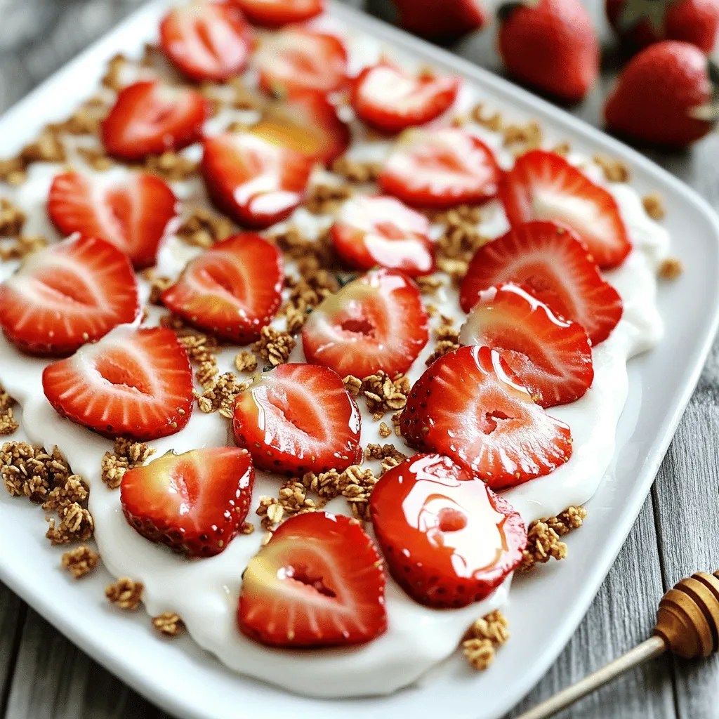To make Fresh Strawberry Yogurt Bark, you will need these ingredients: - 2 cups Greek yogurt (plain or vanilla) - 2 tablespoons honey or maple syrup - 1 teaspoon vanilla extract - 1 cup fresh strawberries, hulled and sliced - 1/4 cup granola or nuts (optional, for crunch) - A pinch of salt Greek yogurt is the star of this treat. It gives a creamy base packed with protein. You can choose plain or vanilla yogurt depending on your taste. Honey or maple syrup adds natural sweetness. I love maple syrup for a unique flavor. Vanilla extract makes the bark even more tasty. Fresh strawberries bring a burst of flavor and color. I suggest using ripe strawberries for the best taste. Granola or nuts add a fun crunch if you want. A pinch of salt balances all the flavors. This simple list makes Fresh Strawberry Yogurt Bark easy to prepare. For the complete cooking steps, check the Full Recipe. Start by lining a baking sheet with parchment paper. This paper helps with easy removal. Make sure the paper extends over the edges. This will give you extra grip when you take the yogurt bark out. In a mixing bowl, combine Greek yogurt, honey, and vanilla extract. You can also add a pinch of salt for flavor. Stir the mix until it is smooth and creamy. This will make your yogurt bark rich and tasty. Now, pour the yogurt mixture onto the lined baking sheet. Use a spatula to spread it evenly. Aim for about a 1/4-inch thick layer. Next, arrange the sliced strawberries on top. Press them gently into the yogurt. If you want some crunch, sprinkle granola or nuts over the top. Place the baking sheet in the freezer. Let it freeze for at least three hours. This time allows the yogurt to become firm. Check that it is completely solid before you remove it from the tray. When it’s ready, use the parchment paper to lift it out easily. To get the best texture for your yogurt bark, use Greek yogurt. It is thick and creamy. Mixing it well with honey or maple syrup and vanilla helps too. This step makes it smooth and tasty. When spreading the yogurt on the baking sheet, keep it about 1/4-inch thick. This thickness helps it freeze evenly. For topping, arrange strawberries in a fun pattern. Press them slightly into the yogurt. This keeps them from falling off when you cut it later. If you like, sprinkle granola or nuts on top for some crunch. It adds flavor and texture. Serving your yogurt bark can be just as fun. Slice it into squares or rectangles. Use a sharp knife to get clean edges. You can also break it into pieces for a more rustic look. For a pretty display, arrange the pieces on a big platter. Garnish with extra strawberries or a drizzle of honey. It makes the bark look more inviting. If you're short on time, make slices while it’s still frozen. This way, it won't get too soft. Enjoy this treat right away or store it for later! {{image_2}} You can change the fruits used in yogurt bark. Try berries like blueberries or raspberries. You can also use sliced bananas for a sweet twist. Each fruit adds its own taste, making the treat fun and fresh. Switching yogurt flavors can also change the game. Use strawberry yogurt for a stronger berry taste. Or, try coconut yogurt for a tropical vibe. Each choice gives you a new way to enjoy yogurt bark. Adding crunch is simple and fun. Choose different nuts like almonds or walnuts for texture. You can even use seeds like chia or sunflower seeds. Each nut or seed offers a unique flavor and crunch. Incorporating chocolate chips is a great way to make it sweeter. Dark chocolate chips add richness, while white chocolate chips give a creamy touch. Mixing in some chocolate makes your yogurt bark feel like a treat! For the full recipe, check out the [Full Recipe]. To keep your yogurt bark fresh, store it in an airtight container. You can freeze it for up to two months. This helps keep the flavors intact. When freezing, ensure the bark is fully set. If not, it may become mushy. You can also wrap individual pieces in plastic wrap. This makes it easy to grab a snack later. If you have leftovers, place them back in the airtight container. Make sure to separate layers with parchment paper. This prevents them from sticking together. If you need to re-freeze any pieces, ensure they stay cold. Re-freezing does not change the taste much, but it may alter the texture slightly. Enjoy your delicious treat any time! You can store Fresh Strawberry Yogurt Bark for up to two weeks. Keep it in an airtight container. This helps maintain its freshness and prevents freezer burn. When you want a treat, just grab a piece from the freezer. Yes, you can make it ahead of time. Prepare it and freeze for at least three hours. This allows the yogurt bark to set completely. I suggest making it a day or two before you need it. This way, you have a quick snack ready to go. Greek yogurt works best for yogurt bark. It has a thick texture and rich taste. You can also use regular yogurt if you prefer. Plain yogurt keeps the flavor neutral. Vanilla adds a sweet touch. Yes, this recipe is great for kids! It is healthy and fun to eat. Greek yogurt gives protein, while strawberries add vitamins. You can even let kids help make it. They will love arranging the fruit on top. Fresh Strawberry Yogurt Bark is an easy treat. You learned about the simple ingredients and how to make it. We covered tips for perfect texture and fun variations. This recipe is great for anyone, especially kids. Store it well to keep it fresh and enjoy it later. Now you can make a delicious snack with ease. Experiment with flavors and toppings to find your favorite mix. Enjoy this tasty, healthy treat and share it with friends!