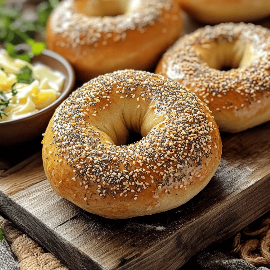 To make these delightful bagels, gather the following: - 4 cups all-purpose flour - 1 tablespoon salt - 1 tablespoon sugar - 2 teaspoons instant yeast - 1 ½ cups warm water (about 110°F) - 1 tablespoon honey (for boiling) - Sesame seeds, poppy seeds, or everything bagel seasoning (for topping) - Optional: 1 egg (for egg wash) If you need to adjust, you can use whole wheat flour instead of all-purpose flour. This adds a nutty taste. You can replace sugar with honey if you prefer a different sweetener. For the yeast, active dry yeast can work, but it needs to be proofed first. Just mix it with warm water and sugar, then wait for bubbles to form. This shows the yeast is alive and ready to use. Toppings make your bagels fun and unique. Try sesame seeds for a classic touch. Poppy seeds add a nice crunch. Everything bagel seasoning brings a mix of flavors that many love. You can also go wild with toppings like cheese or herbs. For a sweet twist, consider cinnamon sugar or even chocolate chips. Enjoy experimenting to find your favorite combination! Start by gathering all your ingredients. This makes the process smooth. You need all-purpose flour, salt, sugar, and instant yeast. Warm water is key too, around 110°F. Mix these dry ingredients in a large bowl. Slowly pour in the warm water. Use a wooden spoon to mix until you see a shaggy dough. Next, turn the dough out onto a lightly floured surface. Knead the dough for about 10 minutes. You want it smooth and elastic. This step is crucial for that chewy texture. After kneading, place the dough in a lightly oiled bowl. Cover it with a damp cloth. Let it rise in a warm spot for about 1 hour. It should double in size. Once the dough has risen, it’s time to shape your bagels. Punch it down and divide into 10 pieces. Roll each piece into a ball. Poke a hole in the center with your finger. Gently stretch it to form the bagel shape. Now, place them on a baking sheet. Bring a large pot of water to a boil. Add 1 tablespoon of honey to the water. Boil each bagel for 1 minute on each side. This helps create the classic chewy texture. Use a slotted spoon to remove them and place back on the baking sheet. If you want a shiny finish, brush each bagel with whisked egg. Sprinkle your favorite toppings on top. Preheat your oven to 425°F. Bake the bagels for 20-25 minutes. Look for that golden brown color. Let them cool on a wire rack before you dig in. Follow this step-by-step guide for a great homemade bagel experience. For the full recipe, refer to the Bagel Bliss: A Chewy Delight. To get that chewy bagel texture, focus on the dough. Use high-protein all-purpose flour. This type of flour gives bagels strength. Knead the dough well for about ten minutes. This builds gluten. Gluten makes the bagels chewy. Don’t skip the boiling step. Boiling creates a crust that holds in moisture. One common mistake is not measuring ingredients accurately. Use a kitchen scale for precise results. Another mistake is skipping the rise time. Let the dough rise until it doubles in size. This helps the bagels become light and airy. Also, avoid overcrowding during boiling. Boil only a few bagels at a time. You will need some basic tools for bagel-making. Here’s a quick list: - Large mixing bowl - Wooden spoon - Clean surface for kneading - Parchment paper for baking - Large pot for boiling - Slotted spoon for removal - Optional: kitchen scale for measuring These tools help ensure success in your bagel-making journey. For the best results, keep everything organized and ready to go. For the full recipe, check out Bagel Bliss: A Chewy Delight. {{image_2}} You can easily change the taste of your bagels. Mix in herbs or spices for a fun twist. Try adding garlic powder or dried onion for a savory kick. If you love cheese, blend in shredded cheddar or parmesan. For a sweet bagel, consider cinnamon and sugar. Each of these additions makes your bagels unique and exciting. Bagels are great with many toppings. Instead of just sesame seeds, try different flavors. You can use poppy seeds, onion flakes, or even everything bagel seasoning. For a sweet touch, sprinkle brown sugar and cinnamon. You can also add fresh herbs like rosemary or thyme. Get creative and make each bagel a new experience. If you need gluten-free bagels, don’t worry! You can use gluten-free flour blends. Look for ones that include xanthan gum to help with texture. Follow the same steps in the recipe, but adjust water as needed. Your bagels will still be chewy and tasty, just like the original. Enjoy your homemade bagels, no matter your dietary needs! For more details on making these delicious treats, check out the Full Recipe. To keep your homemade bagels fresh, you need to store them right. If you plan to eat them within a few days, place them in a paper bag. This keeps them soft and tasty. Avoid plastic bags, as they make bagels soggy. For longer storage, wrap them in foil and place them in an airtight container. If you made too many bagels, freezing is a great option. First, let them cool completely on a wire rack. Then, wrap each bagel tightly in plastic wrap. After that, place the wrapped bagels in a freezer bag. They can stay fresh for up to three months. When you're ready to eat them, just take them out and let them thaw. To enjoy your bagels again, reheating is easy. For a crispy result, preheat your oven to 350°F (175°C). Place the bagels on a baking sheet and heat for about 5 to 10 minutes. If you like them softer, you can microwave them for 15 to 20 seconds. This way, you keep that fresh taste. For extra flavor, add your favorite toppings before reheating. Remember, to keep the deliciousness alive, store, freeze, and reheat wisely! If you're interested in making these bagels, check out the Full Recipe for detailed steps. Homemade bagels last about 2 to 3 days at room temperature. Store them in a paper bag for best results. You can freeze them for up to 3 months. Just wrap them well in plastic wrap before freezing. Yes, you can make bagel dough ahead of time. Prepare the dough and let it rise. Then, cover it tightly and place it in the fridge. It can stay there for 1 to 2 days. When ready to use, let it come to room temperature before shaping. Bagels are chewy due to the high gluten content in the flour. When you knead the dough, gluten develops and creates a strong structure. Boiling the bagels also helps enhance their chewiness. Yes, you can use bread flour instead of all-purpose flour. Bread flour has a higher protein content, which gives bagels a firmer texture. This can make your bagels even chewier and more delicious. To get a shiny crust, brush the bagels with an egg wash before baking. This gives them a nice golden color. Boiling them in honey water also helps create that glossy finish. Bagels have roots in Jewish culture, specifically from Poland. They are believed to date back to the 17th century. They were made for special occasions and have become a beloved food worldwide. For a delightful experience, try making them using the Full Recipe. Making bagels at home is fun and easy. We covered key ingredients, precise measurements, and tasty toppings. I shared step-by-step instructions to help you knead, rise, boil, and bake like a pro. You also learned handy tips for great texture and common mistakes to avoid. Don’t forget the fun variations and storage tips to keep your bagels fresh. Now, you’re ready to create delicious bagels. Enjoy the process and share your tasty results!