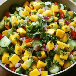 - Ripe mango - Large cucumber - Red bell pepper - Small red onion - Jalapeño - Fresh lime juice - Honey or agave syrup - Salt and pepper - Fresh cilantro The key to a great Spicy Mango Cucumber Salad is in the fresh ingredients. Each one adds a layer of taste and texture. - Additional spices for extra flavor - Avocado for creaminess - Other colorful peppers You can always mix things up. Add spices for heat or choose different peppers for color. Avocado can bring a rich creaminess to balance the spice. Each ingredient plays a role in making this salad a delightful dish. If you want to explore a full recipe, check out the [Full Recipe]. How to peel and dice mango To start, grab a ripe mango. Hold it upright on your cutting board. Use a sharp knife to slice off the skin. Be careful not to cut too deep. Once peeled, cut the mango into thin slices. Then, chop these slices into small cubes. Place these cubes in a large bowl. Dicing cucumber and red bell pepper Next, take a large cucumber. Cut off both ends and slice it in half lengthwise. Scoop out the seeds if you prefer less moisture. Now, chop the cucumber into small pieces. For the red bell pepper, remove the stem and seeds. Dice it into small bits, similar in size to the mango. Chopping red onion and mincing jalapeño Chop a small red onion into fine pieces. This adds a nice bite to your salad. For the jalapeño, cut off the top and slice it in half. Use a spoon to remove the seeds for less heat. Then, mince it finely, adjusting the amount based on your spice preference. Add both the onion and jalapeño to the bowl with the mango, cucumber, and red bell pepper. Making the lime dressing In a separate bowl, squeeze fresh lime juice. You will need about two tablespoons. Add one tablespoon of honey or agave syrup. Whisk these together until they blend smoothly. This dressing will add a bright, zesty flavor to the salad. Tossing the salad ingredients Pour the lime dressing over the mixed salad ingredients. Use a spatula to gently toss everything together. Make sure all the pieces are coated with the dressing. This step brings all the flavors to life. Seasoning with salt and pepper Once mixed, season your salad with a pinch of salt and pepper. Taste it to adjust the seasoning. Toss the salad again to ensure the seasoning is even. Allowing flavors to meld Let the salad sit for about 10 minutes. This waiting time helps the flavors meld together. The result is a more vibrant and tasty dish. When ready to serve, garnish with freshly chopped cilantro for an extra pop. Enjoy your Spicy Mango Cucumber Salad! For the full recipe, visit the [Full Recipe]. To get the best flavor, you need ripe mango and cucumber. Look for a mango that feels a bit soft when you press it gently. It should smell sweet near the stem. For cucumber, choose one that is firm with a bright skin. Store any leftovers in an airtight container in the fridge. This keeps it crisp and fresh for up to two days. Do you want a mild salad? Just skip the jalapeño or use a little bit. If you like it spicy, add more jalapeño. You can also swap jalapeño for other peppers like serrano for extra heat or use bell pepper for no spice at all. Adjust to fit your taste! Serving is part of the fun! You can use a large bowl or individual plates. For a colorful touch, add lime wedges next to the salad. Garnish with more chopped cilantro on top. This adds a nice pop of green. You can also sprinkle some sesame seeds for a bit of crunch. Enjoy your beautiful dish! {{image_2}} You can change the flavors of this salad by swapping ingredients. For a tropical twist, use pineapple instead of mango. Pineapple adds a sweet and tangy taste that works well with cucumber. You can also add protein for a heartier salad. Shrimp or chicken can make it a meal. Simply grill or sauté the protein and mix it in. Both options add great flavor and make the salad more filling. If you're looking to make the salad vegan or vegetarian, skip the honey and use agave syrup instead. This keeps the sweetness without animal products. For gluten-free options, this salad is already a safe choice. All the ingredients are naturally gluten-free. Just ensure any added dressings or sauces are also gluten-free. Adding nuts or seeds can give your salad a delightful crunch. Try chopped peanuts, cashews, or sunflower seeds. They add texture and healthy fats. You can also infuse fresh herbs like mint for a refreshing lift. Mint pairs well with the sweetness of mango and the coolness of cucumber. Just chop a few leaves and mix them in before serving. For the complete recipe, check out the Full Recipe. To keep your Spicy Mango Cucumber Salad fresh, use an airtight container. Glass containers work great, but plastic containers are fine too. Make sure the lid fits tightly. This will help keep out air and moisture. Store the salad in the fridge to maintain its crispness. If you have leftovers, try to eat them within a few days for the best taste. Your salad stays fresh in the fridge for about 3 days. After that, the ingredients may start to break down. Look for signs of spoilage like a sour smell or mushy veggies. If the colors fade or the mango becomes too soft, it's best to toss it. You can freeze Spicy Mango Cucumber Salad, but it may change texture. To freeze, place the salad in a freezer-safe bag. Remove as much air as you can. When you're ready to eat, thaw it in the fridge overnight. Keep in mind, the salad might not be as crunchy after freezing. Enjoy it fresh whenever possible, but freezing is a good backup plan! You can serve this salad with grilled meats or seafood. The sweet and spicy notes of the salad pair well with chicken, shrimp, or fish. Try grilled chicken skewers or fish tacos for a tasty combo. This salad also works well as a side dish for barbecues. Yes, you can prep this salad ahead of time. Chop the mango, cucumber, and other veggies and store them in the fridge. Make the lime dressing and keep it separate until you are ready to serve. Just mix it all together before eating. This way, the salad stays fresh and crisp. If mango is not your favorite, try using pineapple or peach instead. These fruits add a nice sweetness and work well with the other ingredients. You can also skip the fruit and add more veggies like bell peppers or carrots for crunch. To add more heat, include extra jalapeños or use a spicier pepper, like serrano. You can also sprinkle in some red pepper flakes for a kick. Start with a little and taste as you go to get the spice just right. For the full recipe, check the article above. This blog post covered the vibrant Spicy Mango Cucumber Salad. You learned about the key ingredients, step-by-step preparation, and helpful tips. We discussed easy variations and storage methods to keep your salad fresh. The recipe is simple and full of flavor. Whether you enjoy it as a side or main dish, it fits many diets. Experiment with your favorite ingredients. Get creative and make the salad your own!
