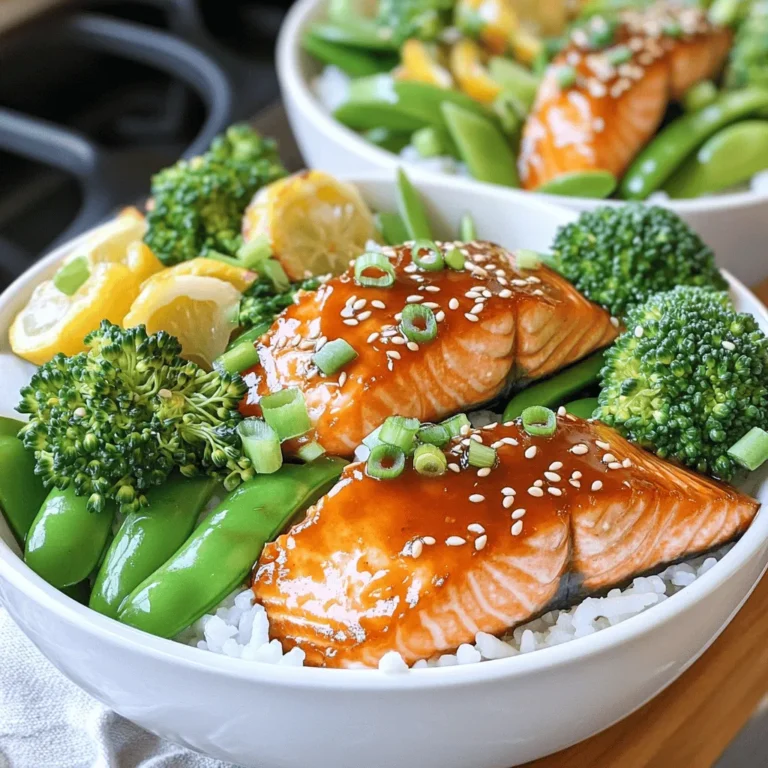 - 2 salmon fillets (about 6 oz each) - 1/4 cup soy sauce (or tamari for gluten-free) - 2 tablespoons honey or maple syrup - 1 tablespoon sesame oil Salmon is the star of this dish. It brings rich flavor and healthy fats. Using fresh salmon fillets makes a big difference. You can choose soy sauce or tamari for a gluten-free option. Honey or maple syrup adds sweetness, balancing the salty soy. Sesame oil gives a nutty taste that rounds out the flavors. - 1 cup jasmine rice (or brown rice) - 1 1/2 cups water - 1 cup broccoli florets - 1 cup snap peas For the base, jasmine rice or brown rice works great. Jasmine rice is fluffy and fragrant, while brown rice is more wholesome. Broccoli and snap peas add color and crunch. They also boost nutrition. Blanching keeps the veggies bright and fresh. - 1/4 cup scallions, chopped (for garnish) - 1 tablespoon sesame seeds (for garnish) - Optional: pickled ginger for serving Garnishes make the dish pop. Chopped scallions add a mild onion flavor. Sesame seeds provide a nice crunch. Pickled ginger is a tasty option on the side. It adds a zesty kick that complements the teriyaki sauce. Each ingredient plays a role in making Teriyaki Salmon Bowls both tasty and nourishing. For the full recipe, check the detailed instructions above. To start, whisk together the soy sauce, honey, sesame oil, ginger, and garlic. This mix gives the salmon its rich flavor. Next, place the salmon fillets in a shallow dish. Pour the marinade over the salmon, making sure it’s well coated. Let the salmon marinate for at least 15 minutes but no more than an hour. This step is key for great taste. In a medium saucepan, combine 1 cup of jasmine rice with 1 1/2 cups of water. Bring the water to a boil. Once boiling, reduce the heat to low. Cover the pan and let it simmer for about 15 minutes. If you use brown rice, simmer for 30 minutes instead. When the rice is tender and the water is gone, remove it from heat. Let it sit for 5 minutes before fluffing it with a fork. While the rice cooks, bring a small pot of water to a boil. Add the broccoli florets and snap peas to the boiling water. Blanch them for about 2-3 minutes until they turn bright green and are tender-crisp. After that, transfer them to an ice bath. This stops the cooking process and keeps their color. Drain the vegetables when they cool. Heat a non-stick skillet or grill pan over medium-high heat. Take the salmon out of the marinade, but don’t throw it away. Place the fillets skin-side down in the pan. Cook each side for about 4-5 minutes. Brush the salmon with the reserved marinade while it cooks. This will give it a nice glaze. Now, divide the cooked rice among serving bowls. On top of each bowl, add a salmon fillet, the blanched broccoli, and snap peas. Drizzle any leftover teriyaki sauce on top for extra flavor. To finish, sprinkle chopped scallions and sesame seeds over the bowls. If you like, add pickled ginger on the side. Serve your Teriyaki Salmon Bowls warm and enjoy a delightful meal. This full recipe is perfect for a quick dinner or a special occasion! To cook salmon perfectly, time matters. For fillets about 1 inch thick, cook for 4-5 minutes on each side. If your fillets are thicker, add 2-3 minutes per side. The skin should crisp up nicely. How do you know when salmon is done? Look for a pale color and flakiness. It should be opaque and no longer translucent in the center. If you have a thermometer, aim for 145°F (63°C). Fluffy rice makes your bowl shine. Rinse your rice before cooking to remove excess starch. This helps avoid sticky rice. Use a 1:1 ratio of rice to water for jasmine rice. For brown rice, use 1:1.5. Common mistakes? Don't lift the lid while it cooks. This lets steam escape and can ruin the texture. Also, let it sit covered after cooking. This allows the rice to finish steaming. If you want to switch up the veggies, try green beans or bell peppers instead of broccoli and snap peas. They both add color and crunch. You can also roast or sauté your vegetables. This brings out their natural sweetness and adds a nice flavor. Just adjust cooking times based on the method you choose. {{image_2}} You can switch up your teriyaki salmon bowls in fun ways. Try using different proteins. Chicken and tofu work great, too. They take on the teriyaki flavor well. You can also explore other sauces. A spicy chili sauce or a tangy citrus glaze can add a new twist. If you need gluten-free options, use tamari instead of soy sauce. This makes the dish safe for those with gluten issues. For vegan or vegetarian adaptations, replace salmon with grilled tofu or tempeh. Both options soak up flavors and provide a hearty base. Using seasonal vegetables can enhance your bowl. Fresh asparagus or zucchini brightens up the dish in spring. In summer, add sweet corn or cherry tomatoes. Customize garnishes based on what you find. Fresh herbs like cilantro or basil can boost flavor and freshness. For the full recipe, check out the details above. Enjoy making your teriyaki salmon bowls! To keep your teriyaki salmon bowls fresh, you should store them in the fridge. Place the salmon, rice, and veggies in separate airtight containers. This method helps maintain their flavors and textures. Try to eat leftovers within three days for the best taste. When you're ready to reheat, you can use the microwave or stovetop. If using the microwave, cover the bowl with a damp paper towel to keep moisture. Heat for about 1-2 minutes, checking often. If you're using the stovetop, warm each component in a pan over low heat until hot. If you want to save the dish for later, freezing is a great option. You can freeze cooked salmon and rice together or separately. Make sure the salmon is fully cooled before freezing. Use freezer-safe containers or heavy-duty freezer bags. Remove as much air as possible to prevent freezer burn. For best results, consume frozen salmon and rice within three months. When ready to eat, thaw in the fridge overnight. Reheat gently before serving. In the refrigerator, your teriyaki salmon bowls will last for about three days. After that, the quality starts to decline. Always check for signs of spoilage. Look for a sour smell, discoloration, or slimy texture. If you see any of these signs, it's best to throw it away. Enjoy your homemade meal with confidence! You can enjoy your Teriyaki Salmon Bowls with many tasty side dishes. Here are some great options: - Steamed edamame - Cucumber salad - Seaweed salad - Pickled vegetables - Avocado slices These sides add fresh flavors and textures. They also help balance the rich taste of the salmon. Yes, you can prepare this dish in advance. Here are some tips for meal prep: - Marinate the salmon up to one day ahead. Just keep it in the fridge. - Cook the rice and veggies a few hours before serving. Store them in airtight containers. - Assemble the bowls just before eating. This keeps everything fresh. This way, you save time and still enjoy a delicious meal. If you like heat, try these ideas to spice up your bowls: - Add sliced jalapeños or serrano peppers. - Drizzle sriracha or chili oil over the top. - Mix in some red pepper flakes with the marinade. These options will give your Teriyaki Salmon Bowls a nice kick. Not all teriyaki sauces are gluten-free. Regular soy sauce contains gluten. If you want a gluten-free option, look for tamari. Tamari is a great substitute. Always check the label to be sure. Marinate the salmon for at least 15 minutes. For more flavor, you can let it sit for up to 1 hour. This helps the fish soak up the teriyaki sauce. Just be careful not to marinate too long, or it can get too salty. In this blog post, we explored how to create delicious Teriyaki salmon bowls. We covered the essential ingredients, like salmon, soy sauce, and fresh veggies. You learned step-by-step instructions for marinating, cooking, and assembling your bowls. We shared tips to perfect your salmon and rice, plus variations to meet different diets. Now, you can enjoy this tasty dish with ease. Your meal prep just got a whole lot better. Cook fresh, eat well, and have fun experimenting in the kitchen. Enjoy your Teriyaki salmon bowls!