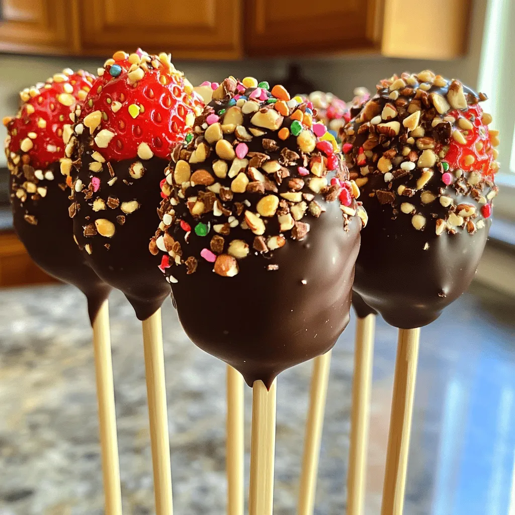 Here’s what you need to make Chocolate Covered Strawberry Pops. Gather these items before you start: - 1 pound fresh strawberries - 8 ounces dark chocolate - 1 tablespoon coconut oil (optional) - Sprinkles or crushed nuts - Wooden popsicle sticks These ingredients are simple but key to a great treat. Fresh strawberries give a sweet and juicy bite. Dark chocolate adds a rich flavor, while coconut oil helps to make it smooth. You can use sprinkles or nuts to add fun and crunch. The popsicle sticks are essential for holding the strawberries. Make sure to wash and dry the strawberries well. This step is important for the chocolate to stick. Each ingredient plays a role in making these pops a delightful treat. For the full recipe, refer to the section above. Start with fresh strawberries. Wash them well and dry them gently. This step is key. If the strawberries are wet, the chocolate won't stick. Next, take a wooden popsicle stick. Insert it into the stem end of each strawberry. Push it in halfway. This will make it easy to dip. Now, it’s time to melt your chocolate. Use a microwave-safe bowl for this. Add the chocolate and coconut oil if you want a smoother mix. Heat it in the microwave. Start with 30 seconds. Afterward, take it out and stir well. Repeat this until it is fully melted and smooth. Grab a strawberry by the stick. Dip it into the melted chocolate. Swirl it gently to coat it well. Let the extra chocolate drip back into the bowl. While the chocolate is still wet, roll the strawberry in sprinkles or crushed nuts. This adds fun and flavor. Place the dipped strawberries upright. You can use a glass or a parchment-lined tray. Let them sit for a few minutes to harden. Or, put them in the fridge for about 15 minutes to speed up the process. For the full recipe, check out the details above. Enjoy your tasty Chocolate Covered Strawberry Pops! When picking strawberries, I always choose organic if I can. Organic strawberries taste better and have fewer chemicals. Look for bright red berries. They should smell sweet and feel firm. Size matters too. Medium to large strawberries work best for pops. They hold chocolate well and provide a great bite. To get a smooth chocolate finish, melt chocolate slowly. I use a microwave, heating in short bursts. Stir often to avoid burning. If your chocolate clumps, add a bit of coconut oil. This helps the chocolate stay smooth and shiny. Dip each strawberry quickly to avoid a messy coating. Let excess chocolate drip back into the bowl. If you plan for a party, you can prep the strawberries ahead. Store washed berries in the fridge for a day. Keep them dry to avoid spoilage. You can also melt chocolate a few hours before. Just reheat it gently if it cools down too much. This way, you can enjoy stress-free fun on the big day. For the full recipe, check out the [Full Recipe]. {{image_2}} You can use different types of chocolate for your pops. Dark chocolate offers a rich, bold taste. Milk chocolate gives a sweet and creamy flavor. White chocolate is sweet and pairs well with fruit. You can also try flavored chocolates. For example, mint or orange chocolate adds a fun twist. Toppings can change the look and taste of your pops. Chopped nuts add crunch and flavor. Shredded coconut gives a tropical feel. You can use cookie crumbs for a fun texture. Seasonal sprinkles, like stars or hearts, make them festive. Choose toppings that match the season or the occasion. While strawberries are the star, other fruits work great too. Bananas can be cut into chunks and dipped. Pineapple gives a tart and juicy option. You can also try other berries like blueberries or raspberries. Each fruit offers its own unique flavor and texture. Feel free to mix and match for fun! Check out the full recipe for detailed steps. To keep your Chocolate Covered Strawberry Pops fresh, you should store them in the fridge. The cool temperature helps maintain the chocolate's firmness and keeps strawberries juicy. Place each pop in an airtight container. This will keep them safe from moisture and odors. If you stack them, put parchment paper between layers to avoid sticking. These delightful treats stay fresh for about 3 to 5 days when stored properly. After that, they may lose flavor and texture. Look for signs of spoilage like dull chocolate or mushy strawberries. If you see these signs, it's best to toss them out. Enjoy your Chocolate Covered Strawberry Pops while they are at their best! Yes, you can use many types of chocolate for dipping. Dark chocolate, milk chocolate, and white chocolate all work well. Each type gives a different taste. I love dark chocolate for its rich flavor, but choose what you like best. You can even try flavored chocolates, like mint or orange. The key is to melt it properly for a smooth dip. If your chocolate is too thick, do not worry! You can fix it easily. Add a little coconut oil or vegetable oil to the chocolate. Start with just a teaspoon, and stir it in. This will help thin the chocolate for a nice, smooth coating. Heat it in the microwave again for a few seconds if needed. Stir until it is just right for dipping. Yes, you can make chocolate covered strawberry pops vegan! Use dairy-free chocolate instead of regular chocolate. There are many great brands that offer this option. For the popsicle sticks, make sure they are vegan-friendly. The rest of the recipe is already vegan since strawberries and sprinkles are plant-based. Enjoy your tasty treat without any animal products! For more details on making these pops, check out the Full Recipe. This blog post covered how to create delicious chocolate-covered strawberries. We started with the right ingredients and moved through each step, from preparing the strawberries to storing your treats. I shared tips for choosing the best fruit and perfecting your chocolate coating. Plus, I discussed fun variations and answered common questions. Now you can impress friends with this easy, tasty treat. Enjoy creating your own fun versions, and share your tasty results!
