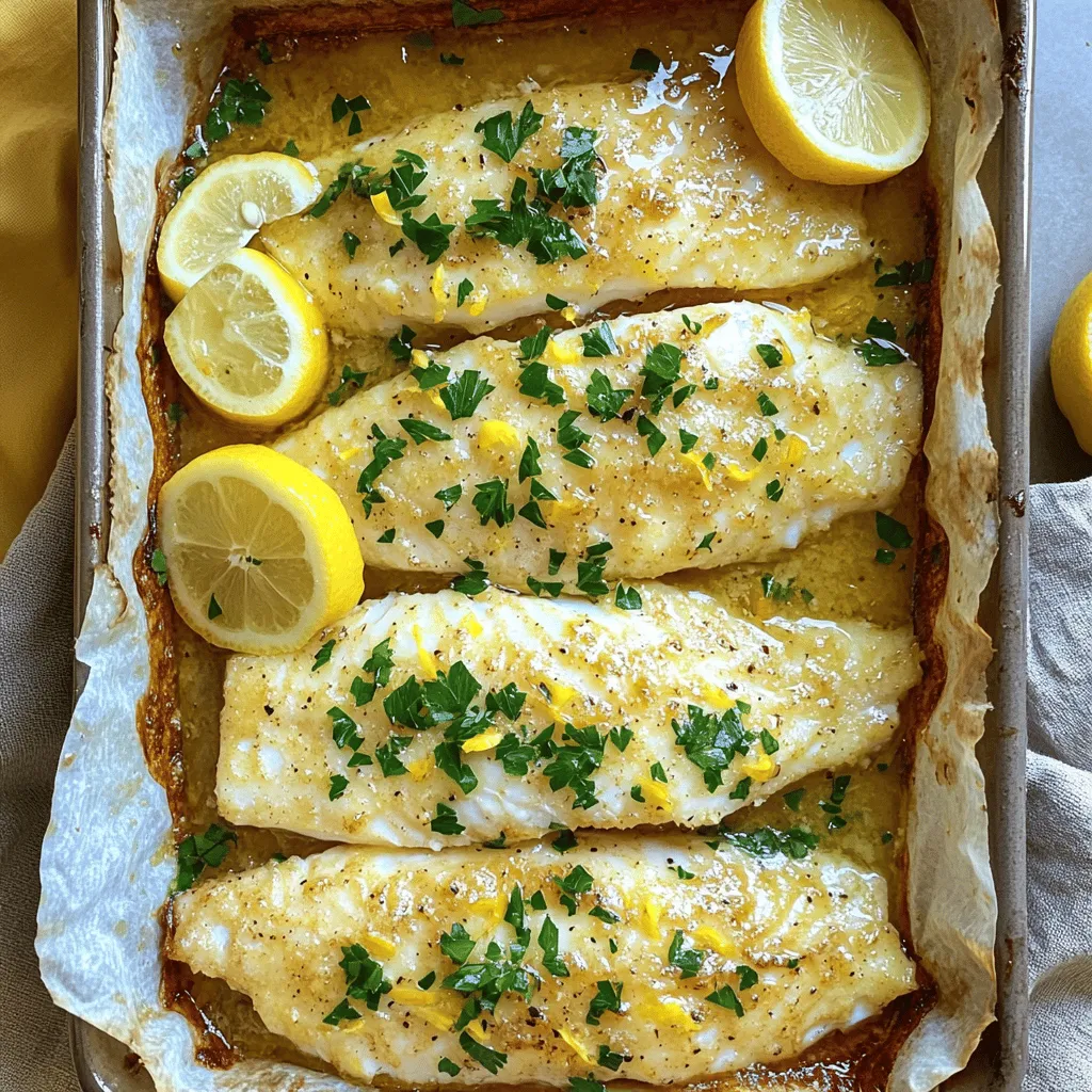 To make Baked Garlic Lemon Tilapia, you need these main ingredients: - 4 tilapia fillets - 4 cloves garlic, minced - 2 tablespoons olive oil - 2 tablespoons fresh lemon juice - 1 teaspoon lemon zest - Salt and pepper to taste - 1 teaspoon dried oregano - Fresh parsley for garnish - Lemon slices for serving These ingredients bring bright flavors to the dish. The garlic adds depth, while the lemon gives it a fresh kick. Tilapia is a mild fish that pairs well with these strong flavors. You can add a few optional ingredients to enhance the dish: - Red pepper flakes for heat - A splash of white wine for richness - Capers for a briny touch - Cherry tomatoes for added sweetness These additions can make the dish even more fun and exciting. Feel free to mix and match these options based on your taste. Each serving of Baked Garlic Lemon Tilapia has: - Calories: about 180 - Protein: 26g - Fat: 8g - Carbohydrates: 2g - Fiber: 0g This meal is light yet filling. It’s a great source of protein and healthy fats. Enjoy this dish as part of a balanced diet. For the full recipe, check the [Full Recipe] link. First, preheat your oven to 400°F (200°C). This heat will cook the fish evenly. While your oven heats, prepare your baking dish. You can line it with parchment paper. If you don't have that, lightly grease it with cooking spray. This step helps prevent sticking and makes cleanup easier. Next, grab a small bowl. In it, mix together the olive oil, lemon juice, and lemon zest. Add the minced garlic, dried oregano, salt, and pepper. Use a whisk to combine all the ingredients well. This mixture is key to adding flavor to your fish. The aroma alone will make your mouth water! Now, take your tilapia fillets and place them in the baking dish. Brush both sides of the fillets with your garlic lemon mixture. If you want extra zing, squeeze more lemon juice over the top. Bake the tilapia in your preheated oven for 12 to 15 minutes. The fish is done when it flakes easily with a fork. Once baked, let it rest for a couple of minutes. Finally, garnish with fresh parsley and serve with lemon slices. For the full recipe, check out the details shared earlier. To get perfectly flaky tilapia, cook it at the right temperature. The oven should be set to 400°F (200°C). This heat cooks the fish evenly without drying it out. Check your tilapia after 12 minutes. It should flake easily with a fork. If it does, it’s done! Seasoning is key with tilapia. Use fresh garlic for the best flavor. Combine garlic with lemon juice, lemon zest, olive oil, salt, and pepper. Brush this mix on both sides of the fish. This adds flavor and moisture. Don’t skip the oregano; it gives a nice herbal touch. Baked garlic lemon tilapia pairs well with many sides. Try serving it with a fresh salad or steamed veggies. Rice or quinoa also make excellent choices. If you want something light, serve with lemon slices and parsley. This keeps the dish fresh and bright. For more ideas, check the Full Recipe. {{image_2}} You can easily swap tilapia for other fish. Try using cod, haddock, or even salmon. Each fish has a unique taste and texture. Cod is flaky and mild, while salmon offers a rich flavor. Just adjust the cooking time based on the thickness of the fish. For thicker fillets, bake a little longer. Always watch for that flaky texture to know when it's done. Feel free to get creative with herbs and spices. You can add dill or thyme for a fresh twist. A pinch of red pepper flakes can give it a spicy kick. If you love smokiness, try smoked paprika. Mixing these flavors can enhance your dish. Just remember, start with a little, then taste as you go. This way, you can find your perfect balance. If you need gluten-free options, this recipe is already perfect. All the ingredients are naturally gluten-free. For low-carb choices, keep it simple. Serve the tilapia with veggies like zucchini or asparagus instead of rice. You can also add a fresh salad for crunch. These options keep your meal light and full of flavor, making dinner both healthy and tasty. After enjoying your baked garlic lemon tilapia, let the leftovers cool. Place the fillets in an airtight container. This keeps the fish fresh and tasty. You can store them in the fridge for up to three days. Make sure to cover them well to avoid any strong fridge odors. When you are ready to eat the leftovers, you have a few options. The oven works best for reheating. Preheat it to 350°F (175°C). Place the tilapia on a baking sheet and cover it with foil. Heat for about 10 minutes. This keeps the fish moist. You can also use the microwave, but be careful not to overcook it. Heat in short bursts of 30 seconds, checking often. If you want to save some tilapia for later, freezing is a great option. Wrap the cooled fillets tightly in plastic wrap. Then place them in a freezer-safe bag. Remove as much air as you can. You can freeze tilapia for up to two months. When you're ready to cook it, thaw it overnight in the fridge. This helps keep the texture nice. For best results, bake it from fresh rather than refreezing it after thawing. Yes, you can use frozen tilapia. Just make sure to thaw it first. Place the frozen fillets in the fridge overnight. If you're in a hurry, you can also run them under cold water. Using thawed tilapia helps the flavors absorb better. Baked Garlic Lemon Tilapia lasts for about 3 days in the fridge. Store it in an airtight container. It’s best to eat it fresh, but you can enjoy it later too. Just reheat it gently to keep it moist. Great sides for Baked Garlic Lemon Tilapia include: - Steamed broccoli - Roasted asparagus - Rice or quinoa - A fresh garden salad These sides complement the light flavor of the fish and add nutrition. The best way to check if the fish is done is to use a fork. Gently flake the fish at the thickest part. If it flakes easily and looks opaque, it’s ready. The internal temperature should reach 145°F (63°C) for safety. This article outlined how to make Baked Garlic Lemon Tilapia. We covered the key ingredients, steps for preparation, and tips for perfecting your dish. Remember, flaky fish and bold flavors make all the difference. You can also try different fish or flavors for variety. Storing leftovers properly keeps your meal fresh and tasty. I hope these insights inspire you to cook confidently and enjoy this healthy dish. Explore, experiment, and make this recipe your own!