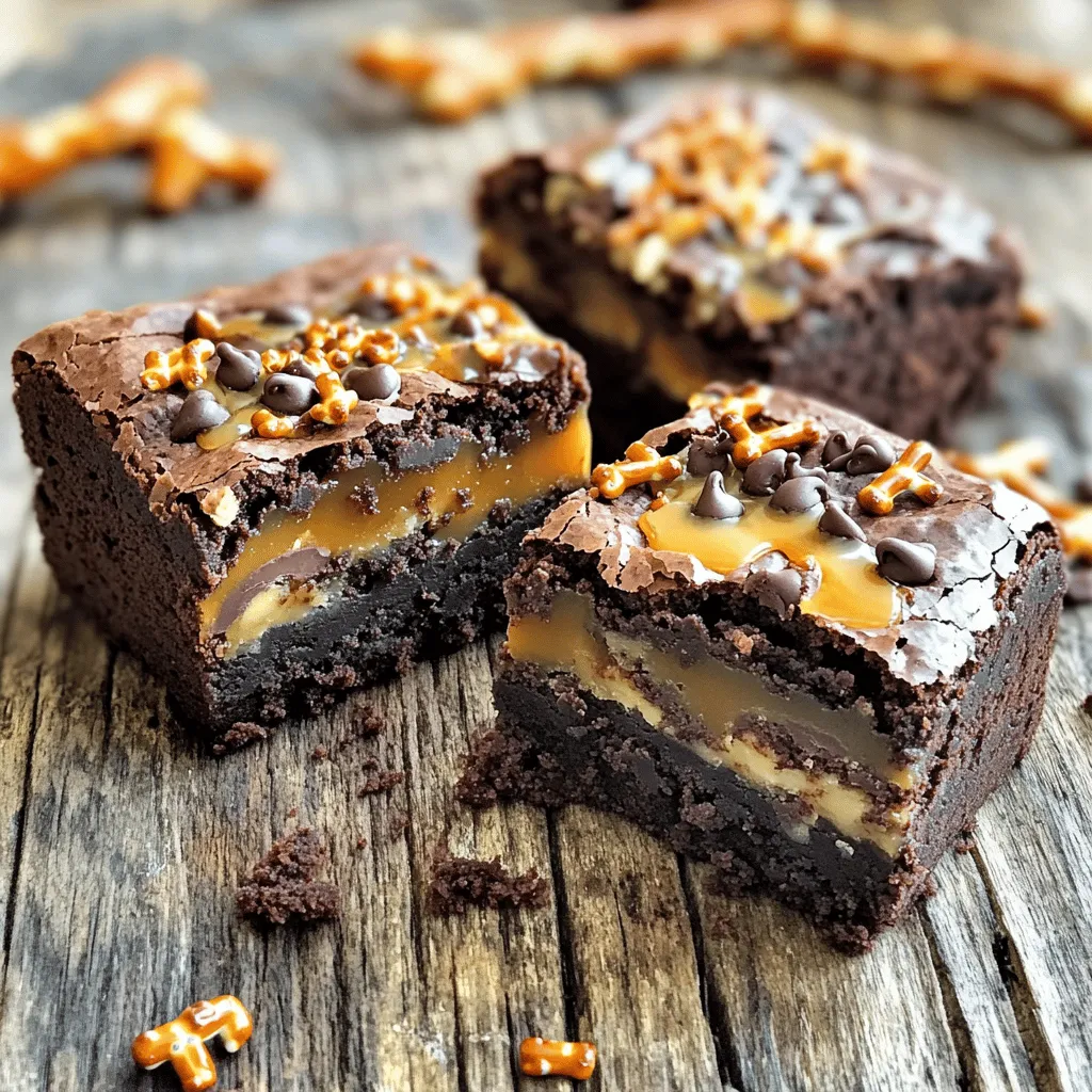 - 1 cup unsalted butter (2 sticks) - 2 cups granulated sugar - 4 large eggs - 1 teaspoon vanilla extract - 1 cup all-purpose flour - 1 cup unsweetened cocoa powder - 1/2 teaspoon salt - 1 cup pretzel pieces (plus extra for topping) - 1 cup chocolate chips - 1 cup caramel sauce To make these caramel pretzel brownies, gather all these ingredients. The unsalted butter gives a rich base. Granulated sugar adds sweetness, while eggs provide moisture and structure. Vanilla extract enhances flavor, and flour and cocoa powder create a fudgy texture. Salt balances sweetness, while pretzel pieces add a crunchy twist. Chocolate chips bring extra chocolatey goodness, and caramel sauce ties it all together. When you combine these flavors, you create a delicious treat. You can find the full recipe above. Mixing these ingredients right will lead to a sweet delight that everyone will love. 1. First, preheat your oven to 350°F (175°C). Grease a 9x13 inch baking pan or line it with parchment paper. This helps with easy removal later. 2. Next, melt 1 cup of unsalted butter in a medium saucepan over low heat. Once melted, remove it from the heat. Stir in 2 cups of granulated sugar until well mixed. 3. Now, add 4 large eggs, one at a time. Mix well after each addition. Stir in 1 teaspoon of vanilla extract until fully blended. 1. In a separate bowl, sift together 1 cup of all-purpose flour, 1 cup of unsweetened cocoa powder, and 1/2 teaspoon of salt. 2. Gradually combine the dry mixture into the wet mixture. Stir until just combined. Do not overmix; this helps keep your brownies soft. 1. Fold in 1 cup of pretzel pieces and 1 cup of chocolate chips into the brownie batter. This adds a nice crunch and flavor. 2. Pour half of the brownie batter into the prepared baking pan. Smooth it into an even layer. 3. Drizzle half of the 1 cup of caramel sauce over the brownie layer. Pour the remaining batter on top and gently spread it out. 4. Add the leftover caramel sauce on top of the second brownie layer. Sprinkle extra pretzel pieces for a crunchy topping. 5. Bake in the preheated oven for about 30-35 minutes. Check if a toothpick inserted in the center comes out with a few moist crumbs. 6. After baking, remove from the oven and let cool in the pan on a wire rack. Once cooled, slice into squares and enjoy these caramel pretzel brownies. For the complete recipe, check the Full Recipe. To make your caramel pretzel brownies a hit, focus on consistency. The batter should be thick but pourable. If it feels too dry, add a tiny splash of water or milk. This helps keep your brownies moist. To avoid overbaking, set a timer for 30 minutes. Check with a toothpick. If it comes out with a few moist crumbs, your brownies are done. Overbaking makes them dry and crumbly. Using parchment paper makes removal easy. Just line your pan before pouring in the batter. Once cooled, lift the brownies out using the edges of the paper. For a fudge-like center, don't mix the batter too much. Fold in the pretzels and chocolate chips gently. This keeps air in the batter, giving you that rich, gooey texture. {{image_2}} You can make your Caramel Pretzel Brownies even better with fun flavors. Adding nuts like walnuts or pecans gives a crunchy texture. It also adds a rich taste that pairs well with the sweet caramel. You can also try different types of chocolate chips. Use dark chocolate for a richer flavor, or mix in white chocolate for a fun twist. These simple changes can make the brownies even more exciting and tasty. If you want to make these brownies fit special diets, it’s easy! For gluten-free options, swap all-purpose flour with almond flour or coconut flour. This keeps the texture nice while making it gluten-free. If you need a vegan version, replace eggs with a flaxseed mixture. Mix one tablespoon of ground flaxseed with three tablespoons of water for each egg. Use a plant-based butter and dairy-free chocolate chips, too. These tweaks let everyone enjoy these delicious treats! To keep your caramel pretzel brownies fresh, place them in an airtight container. This will help prevent them from drying out. If you want extra protection, wrap the brownies in plastic wrap before placing them in the container. You can store them at room temperature for up to four days. If you need them to last longer, refrigerate them. They will stay fresh for up to a week in the fridge. To freeze brownies, first let them cool completely. After cooling, cut them into squares. Wrap each square in plastic wrap, then place them in a freezer-safe bag. You can freeze them for up to three months. When you're ready to enjoy your brownies, take them out of the freezer. Allow them to thaw in the fridge overnight. For best results, let them sit at room temperature for a bit before serving. This will help restore their delicious texture! Can I use dark chocolate instead of cocoa powder? Yes, you can use dark chocolate. Just melt it first and use it in place of cocoa powder. Use about 4 ounces of dark chocolate for every cup of cocoa powder. This swap will make your brownies rich and fudgy. How do I fix dry brownies? If your brownies come out dry, there are a few fixes. Add a bit of melted butter or some milk to the mixture. You can also serve them with ice cream or whipped cream to add moisture. Next time, check the baking time closely. Removing them when a toothpick has a few moist crumbs will help! What can I substitute for caramel sauce? You can use dulce de leche or make a quick homemade caramel. To make your own, cook sugar and butter together until they melt and turn golden. You can also use chocolate sauce for a different flavor. How do I know when brownies are done? Check your brownies with a toothpick. Insert it in the center. If it comes out with a few moist crumbs, they are done. For a fudgier texture, take them out sooner! The edges should look set while the center may still be soft. Enjoy the Full Recipe for perfect results. This blog post detailed how to make delicious brownies with pretzels and caramel. We covered key ingredients, easy steps, and tips for success. You can try different flavors or dietary options to suit your needs. Store your brownies properly to keep them fresh, or freeze them for later. Remember, baking is about creativity and enjoyment. Get into your kitchen and start making these treats. You'll love sharing them with friends and family!